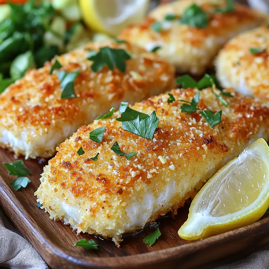 - 4 tilapia fillets - 1/2 cup grated Parmesan cheese - 1 cup breadcrumbs (preferably panko) - 2 tablespoons fresh parsley, chopped - 1 teaspoon garlic powder - 1 teaspoon onion powder - 1 teaspoon dried oregano - 1/2 teaspoon salt - 1/4 teaspoon black pepper - 2 tablespoons olive oil - 1 tablespoon lemon juice Gathering fresh ingredients is key to great flavor. The tilapia fillets will shine as the star of your dish. I love using panko breadcrumbs for that extra crunch. Fresh parsley brightens the flavor and adds color. - Calories: 300 - Protein: 25g - Carbs: 20g - Fats: 15g This dish is not only tasty but also packed with nutrients. Each serving gives a good amount of protein, making it filling and satisfying. - Baking tray - Mixing bowls - Parchment paper - Measuring cups - Measuring spoons Make sure you have all your tools ready. This will help the cooking process go smoothly. Using parchment paper makes cleanup easy, too. First, preheat your oven to 400°F (200°C). This helps the fish cook evenly. While the oven heats, grab a mixing bowl. In this bowl, combine the grated Parmesan cheese, breadcrumbs, parsley, garlic powder, onion powder, oregano, salt, and black pepper. Stir until everything is mixed well. In a small bowl, mix the olive oil and lemon juice together. Take each tilapia fillet and dip it in this mixture. Make sure both sides are coated well. After that, press the coated fillet into the breadcrumb mixture. Ensure the fillet is covered on both sides. This gives it a nice crunchy crust. Now, place the coated tilapia fillets on a baking tray lined with parchment paper. This makes cleanup easy. Bake them in the preheated oven for 15 to 20 minutes. Check for doneness by looking for a golden brown crust. The fish should be opaque and flake easily with a fork. The internal temperature needs to reach 145°F (63°C). Once done, take them out and let the fillets rest for a couple of minutes before serving. To get a great crust, I love using panko breadcrumbs. They add a nice crunch that regular breadcrumbs just can't match. Make sure you coat the tilapia fillets evenly. This helps each bite pack a punch of flavor and texture. Spice things up by adding your favorite herbs or spices to the breadcrumb mix. Try some paprika for a little heat, or maybe some dried thyme for a fresh taste. Always adjust the salt and pepper to your liking. A little tweak can make a big difference. When it comes to sides, steamed vegetables or a fresh salad pair well with the tilapia. They add color and balance to your meal. For a lovely finish, garnish your dish with lemon wedges and a sprinkle of parsley. It brightens everything up! {{image_2}} You can easily swap tilapia for other fish. Cod works well and has a mild taste. You could also try haddock or flounder. These fish have a similar texture and cook well. They will all taste great with the Parmesan crust! If you want a gluten-free dish, use gluten-free breadcrumbs. They will give you a nice crunch too. Many brands make them, so look for one that you like. This way, everyone can enjoy the meal without worry. To change the flavor, add different cheeses or spices. For example, try adding some cheddar cheese for a sharper taste. You could also use Italian seasoning for an extra boost. Experiment with garlic or smoked paprika for unique flavors! You can keep leftovers in the fridge for up to three days. Place the tilapia in an airtight container. This helps keep it fresh and tasty. When you are ready to eat, check for any off smells or changes in color. If it looks good, you can enjoy your meal again! If you want to save baked tilapia for later, freezing is a great option. Wrap each fillet in plastic wrap, then place them in a freezer bag. Label the bag with the date. You can freeze the tilapia for up to two months. When you want to eat it, just thaw it in the fridge overnight. To heat up your tilapia while keeping it crispy, use the oven. Preheat it to 350°F (175°C). Place the tilapia on a baking sheet and cover it lightly with foil. Bake for about 10-15 minutes. This method keeps the crust crunchy and the fish juicy. Avoid using the microwave, as it can make the fish soggy. You should bake tilapia for 15 to 20 minutes. Check for a golden crust and flaky fish. The fish is done when its internal temperature reaches 145°F (63°C). Yes, you can use frozen tilapia. First, thaw the fillets in the fridge overnight or under cold water. Pat them dry before coating. Follow the same steps to prepare and bake. I recommend pairing this dish with: - Steamed vegetables like broccoli or green beans - A fresh green salad with lemon vinaigrette - Quinoa or rice for a complete meal - Mashed potatoes for a comforting side This blog post shared a simple recipe for baked Parmesan crusted tilapia. You learned about essential ingredients, nutritional facts, and equipment needed. The step-by-step instructions guide you from preparation to serving. We also explored helpful tips and variations to suit your taste. Always remember, you can adjust flavors and swap proteins to keep it interesting. Enjoy cooking this tasty dish! It’s a quick, healthy option for any meal. Happy eating!
