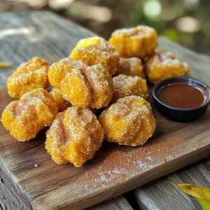 To make Pumpkin Spice Churro Bites, you will need several simple ingredients. Here’s the list: - 1 cup water - 1/2 cup unsalted butter - 1 tablespoon sugar - 1 cup all-purpose flour - 1/4 teaspoon salt - 2 large eggs - 1 teaspoon vanilla extract - 1 teaspoon pumpkin pie spice - 1 cup granulated sugar (for coating) - 1 tablespoon pumpkin pie spice (for coating) - Oil (for frying) These ingredients come together to create the perfect fall treat. The water and butter mix to form the base of the dough. The flour gives it structure, while the eggs add richness. The vanilla and pumpkin pie spice give it that warm, cozy flavor we love about fall. When you fry them, the churro bites puff up nicely and create a crunchy coating. Tossing them in sugar and spice makes them even more delightful. You’ll find that each bite brings together sweet, spicy, and crispy elements, making them hard to resist. Boiling the Water and Butter Start by taking a medium saucepan. Add 1 cup of water, 1/2 cup of unsalted butter, and 1 tablespoon of sugar. Heat this mixture over medium heat until it boils. This step helps to melt the butter and mix it well with the water. Mixing in Flour and Salt Once the mixture boils, take it off the heat. Quickly stir in 1 cup of all-purpose flour and 1/4 teaspoon of salt. Mix until a dough forms. The dough should come together and pull away from the sides of the pan. Incorporating Eggs and Vanilla Let the dough cool for about 5 minutes. Then, add 2 large eggs, one at a time. Stir vigorously after each egg until it mixes in well. Finally, mix in 1 teaspoon of vanilla extract and 1 teaspoon of pumpkin pie spice. This adds a warm flavor to your dough. Heating the Oil In a deep frying pan, heat oil over medium heat. Make sure you have enough oil to fully cover the churro bites. You want it hot, but not smoking. Piping the Dough into Oil Grab a piping bag fitted with a large star tip. Fill it with your dough. Pipe small pieces of dough, about 1 inch wide, directly into the hot oil. Cooking Time and Technique Fry the churro bites for about 2-3 minutes per side. They should turn golden brown and puff up nicely. Use a slotted spoon to remove them from the oil when they are ready. Let them drain on a paper towel-lined plate. Sugar and Spice Mixture While the churro bites are still warm, prepare a separate bowl. Mix together 1 cup of granulated sugar and 1 tablespoon of pumpkin pie spice. This will be your coating. Tossing the Churro Bites Take the warm churro bites and toss them in the sugar mixture. Make sure each piece is coated evenly. This step adds sweetness and that classic churro flavor. Serving Suggestions Serve the churro bites warm. They are perfect for sharing. Enjoy them as a snack or treat with friends and family this fall! - Adjusting Frying Temperature Frying temperature is key. Heat your oil to about 350°F. If the oil is too hot, the churros will burn. Too cool, and they will soak up too much oil. Use a thermometer for best results. - Ensuring Thick Coating A thick coating makes churro bites extra tasty. After frying, toss them in a mix of sugar and pumpkin pie spice. Make sure each bite gets a good layer. This adds flavor and crunch. - Overcooking or Undercooking Watch the time closely. Overcooking makes your churro bites dry. Undercooking leaves them doughy inside. Aim for a golden brown color for the best taste and texture. - Using Incorrect Oil Type Use oil with a high smoke point, like vegetable or canola oil. Olive oil isn’t suitable for frying at high heat. The wrong oil can affect the flavor and frying process. {{image_2}} You can easily change the taste of your pumpkin spice churro bites. Here are two fun ideas: - Chocolate Pumpkin Spice Churros: Add cocoa powder to your dough. Mix in about 2 tablespoons of unsweetened cocoa powder with the flour. This gives a rich chocolate flavor. You can also dip these churros in melted chocolate after frying. It makes a tasty treat. - Maple-Glazed Churro Bites: For a sweet twist, make a maple glaze. Mix powdered sugar with pure maple syrup. Drizzle this glaze over the warm churro bites. This adds a lovely maple flavor that pairs well with pumpkin spice. You can make these churro bites a bit healthier with simple swaps. - Baking Instead of Frying: Instead of frying, you can bake the churro bites. Shape the dough into small bites and place them on a baking sheet. Brush them lightly with oil and bake at 400°F for about 15-20 minutes. This method cuts down on oil and calories. - Reducing Sugar Content: You can lower the sugar in the recipe. Use half the amount of granulated sugar for coating. You can also try using a sugar substitute for a lower-calorie option. Just make sure it measures like sugar. This way, you still enjoy the sweet taste without the extra calories. Room Temperature Storage You can keep churro bites at room temperature for a short time. Place them in an airtight container. They stay fresh for one day. If you leave them out longer, they can get dry or lose flavor. Refrigeration Tips For longer storage, refrigerate your churro bites. Place them in an airtight container. They can last up to three days this way. Just remember, the colder they get, the less crispy they become. Best Methods to Reheat To reheat churro bites, the oven works best. Preheat your oven to 350°F (175°C). Place the churro bites on a baking sheet. Heat them for about five to seven minutes. This method helps keep them warm and soft. Maintaining Crispy Texture For crispy churro bites, avoid the microwave. It makes them soggy. If you want to use a microwave, do it for only a few seconds. But, the oven is the best way to keep that crunchy outside. Yes, you can freeze pumpkin spice churro bites. Here are the best practices for freezing them: - Let the churro bites cool completely. - Place them in a single layer on a baking sheet. - Freeze for about 1-2 hours until firm. - Transfer to freezer bags or containers, removing as much air as possible. For thawing and reheating tips: - Thaw churro bites in the fridge overnight. - Reheat in the oven at 350°F for about 10 minutes. - This keeps them crispy and warm. Absolutely! You can use different spices. Here are some alternative spice suggestions: - Cinnamon adds warmth. - Nutmeg gives a nice twist. - Ginger adds a spicy kick. When adjusting flavor profiles, remember to taste as you go. You may need to change the sugar amount for balance. You can make churro bites without frying using these methods: Air Fryer Method: - Preheat your air fryer to 375°F. - Pipe dough into small pieces, like before. - Place the churro bites in the air fryer basket. - Cook for about 8-10 minutes, shaking halfway through. Baking Instructions for Churros: - Preheat your oven to 400°F. - Pipe the dough onto a baking sheet lined with parchment paper. - Bake for 15-20 minutes or until golden. - Coat them in the sugar and spice mixture after baking. In this blog post, we explored how to make delicious pumpkin spice churro bites. We covered the ingredients, step-by-step instructions, tips for perfecting your churros, and exciting variations. Remember, adjusting oil temperature and avoiding common mistakes really matters. You can even experiment with flavors or try baking for a healthier option. Keep your churro bites crispy by storing and reheating them correctly. Enjoy these treats that are fun and easy to make!