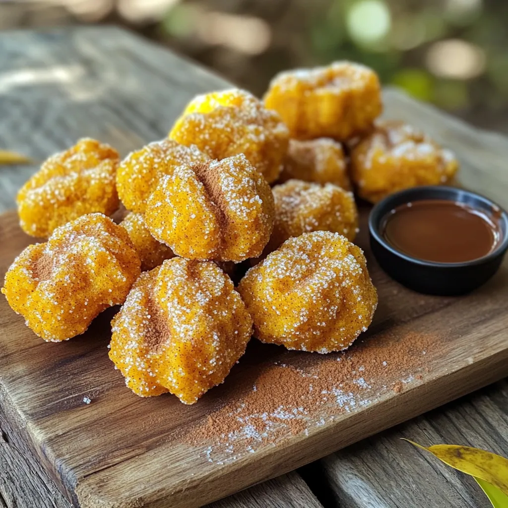 To make Pumpkin Spice Churro Bites, you will need several simple ingredients. Here’s the list: - 1 cup water - 1/2 cup unsalted butter - 1 tablespoon sugar - 1 cup all-purpose flour - 1/4 teaspoon salt - 2 large eggs - 1 teaspoon vanilla extract - 1 teaspoon pumpkin pie spice - 1 cup granulated sugar (for coating) - 1 tablespoon pumpkin pie spice (for coating) - Oil (for frying) These ingredients come together to create the perfect fall treat. The water and butter mix to form the base of the dough. The flour gives it structure, while the eggs add richness. The vanilla and pumpkin pie spice give it that warm, cozy flavor we love about fall. When you fry them, the churro bites puff up nicely and create a crunchy coating. Tossing them in sugar and spice makes them even more delightful. You’ll find that each bite brings together sweet, spicy, and crispy elements, making them hard to resist. Boiling the Water and Butter Start by taking a medium saucepan. Add 1 cup of water, 1/2 cup of unsalted butter, and 1 tablespoon of sugar. Heat this mixture over medium heat until it boils. This step helps to melt the butter and mix it well with the water. Mixing in Flour and Salt Once the mixture boils, take it off the heat. Quickly stir in 1 cup of all-purpose flour and 1/4 teaspoon of salt. Mix until a dough forms. The dough should come together and pull away from the sides of the pan. Incorporating Eggs and Vanilla Let the dough cool for about 5 minutes. Then, add 2 large eggs, one at a time. Stir vigorously after each egg until it mixes in well. Finally, mix in 1 teaspoon of vanilla extract and 1 teaspoon of pumpkin pie spice. This adds a warm flavor to your dough. Heating the Oil In a deep frying pan, heat oil over medium heat. Make sure you have enough oil to fully cover the churro bites. You want it hot, but not smoking. Piping the Dough into Oil Grab a piping bag fitted with a large star tip. Fill it with your dough. Pipe small pieces of dough, about 1 inch wide, directly into the hot oil. Cooking Time and Technique Fry the churro bites for about 2-3 minutes per side. They should turn golden brown and puff up nicely. Use a slotted spoon to remove them from the oil when they are ready. Let them drain on a paper towel-lined plate. Sugar and Spice Mixture While the churro bites are still warm, prepare a separate bowl. Mix together 1 cup of granulated sugar and 1 tablespoon of pumpkin pie spice. This will be your coating. Tossing the Churro Bites Take the warm churro bites and toss them in the sugar mixture. Make sure each piece is coated evenly. This step adds sweetness and that classic churro flavor. Serving Suggestions Serve the churro bites warm. They are perfect for sharing. Enjoy them as a snack or treat with friends and family this fall! - Adjusting Frying Temperature Frying temperature is key. Heat your oil to about 350°F. If the oil is too hot, the churros will burn. Too cool, and they will soak up too much oil. Use a thermometer for best results. - Ensuring Thick Coating A thick coating makes churro bites extra tasty. After frying, toss them in a mix of sugar and pumpkin pie spice. Make sure each bite gets a good layer. This adds flavor and crunch. - Overcooking or Undercooking Watch the time closely. Overcooking makes your churro bites dry. Undercooking leaves them doughy inside. Aim for a golden brown color for the best taste and texture. - Using Incorrect Oil Type Use oil with a high smoke point, like vegetable or canola oil. Olive oil isn’t suitable for frying at high heat. The wrong oil can affect the flavor and frying process. {{image_2}} You can easily change the taste of your pumpkin spice churro bites. Here are two fun ideas: - Chocolate Pumpkin Spice Churros: Add cocoa powder to your dough. Mix in about 2 tablespoons of unsweetened cocoa powder with the flour. This gives a rich chocolate flavor. You can also dip these churros in melted chocolate after frying. It makes a tasty treat. - Maple-Glazed Churro Bites: For a sweet twist, make a maple glaze. Mix powdered sugar with pure maple syrup. Drizzle this glaze over the warm churro bites. This adds a lovely maple flavor that pairs well with pumpkin spice. You can make these churro bites a bit healthier with simple swaps. - Baking Instead of Frying: Instead of frying, you can bake the churro bites. Shape the dough into small bites and place them on a baking sheet. Brush them lightly with oil and bake at 400°F for about 15-20 minutes. This method cuts down on oil and calories. - Reducing Sugar Content: You can lower the sugar in the recipe. Use half the amount of granulated sugar for coating. You can also try using a sugar substitute for a lower-calorie option. Just make sure it measures like sugar. This way, you still enjoy the sweet taste without the extra calories. Room Temperature Storage You can keep churro bites at room temperature for a short time. Place them in an airtight container. They stay fresh for one day. If you leave them out longer, they can get dry or lose flavor. Refrigeration Tips For longer storage, refrigerate your churro bites. Place them in an airtight container. They can last up to three days this way. Just remember, the colder they get, the less crispy they become. Best Methods to Reheat To reheat churro bites, the oven works best. Preheat your oven to 350°F (175°C). Place the churro bites on a baking sheet. Heat them for about five to seven minutes. This method helps keep them warm and soft. Maintaining Crispy Texture For crispy churro bites, avoid the microwave. It makes them soggy. If you want to use a microwave, do it for only a few seconds. But, the oven is the best way to keep that crunchy outside. Yes, you can freeze pumpkin spice churro bites. Here are the best practices for freezing them: - Let the churro bites cool completely. - Place them in a single layer on a baking sheet. - Freeze for about 1-2 hours until firm. - Transfer to freezer bags or containers, removing as much air as possible. For thawing and reheating tips: - Thaw churro bites in the fridge overnight. - Reheat in the oven at 350°F for about 10 minutes. - This keeps them crispy and warm. Absolutely! You can use different spices. Here are some alternative spice suggestions: - Cinnamon adds warmth. - Nutmeg gives a nice twist. - Ginger adds a spicy kick. When adjusting flavor profiles, remember to taste as you go. You may need to change the sugar amount for balance. You can make churro bites without frying using these methods: Air Fryer Method: - Preheat your air fryer to 375°F. - Pipe dough into small pieces, like before. - Place the churro bites in the air fryer basket. - Cook for about 8-10 minutes, shaking halfway through. Baking Instructions for Churros: - Preheat your oven to 400°F. - Pipe the dough onto a baking sheet lined with parchment paper. - Bake for 15-20 minutes or until golden. - Coat them in the sugar and spice mixture after baking. In this blog post, we explored how to make delicious pumpkin spice churro bites. We covered the ingredients, step-by-step instructions, tips for perfecting your churros, and exciting variations. Remember, adjusting oil temperature and avoiding common mistakes really matters. You can even experiment with flavors or try baking for a healthier option. Keep your churro bites crispy by storing and reheating them correctly. Enjoy these treats that are fun and easy to make!