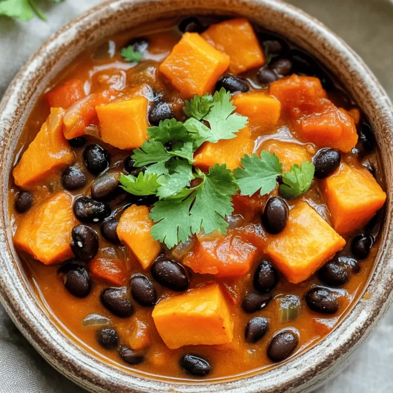 - 2 large sweet potatoes, peeled and diced - 1 can (15 oz) black beans, rinsed and drained - 1 can (14 oz) diced tomatoes with green chilies Sweet potatoes bring a sweet taste and soft texture. They add nutrients like fiber and vitamins. Black beans offer protein and heartiness, making the stew filling. Diced tomatoes create a rich base and add acidity. Together, these three ingredients make a delightful foundation for the stew. - 1 yellow onion, diced - 3 cloves garlic, minced - 1 red bell pepper, diced - 1 teaspoon ground cumin - 1 teaspoon smoked paprika - ½ teaspoon chili powder - Salt and pepper to taste Onion and garlic are key for flavor. They bring a savory base to the dish. The spices add warmth and depth. Cumin gives a nutty aroma, while smoked paprika adds a hint of smoke. Salt and pepper enhance all the flavors, making every bite enjoyable. - 1 cup vegetable broth - 2 tablespoons olive oil - Fresh cilantro for garnish Vegetable broth adds moisture and richness. It helps the stew cook slowly and evenly. Olive oil adds healthy fats and helps sauté the vegetables. Fresh cilantro brightens the dish, adding color and freshness. With these ingredients, your sweet potato black bean stew will be a hit! Start by heating 2 tablespoons of olive oil in a skillet over medium heat. Add the diced yellow onion and red bell pepper. Sauté these until soft, about 3 to 4 minutes. The colors and smells will fill your kitchen. Next, add 3 minced garlic cloves. Sauté for just 1 more minute. This will bring out the garlic's flavor. Now, grab your slow cooker. Layer in 2 large diced sweet potatoes and 1 can of black beans, rinsed and drained. Then, pour in 1 can of diced tomatoes with green chilies. Add 1 cup of vegetable broth, too. Sprinkle in 1 teaspoon of ground cumin, 1 teaspoon of smoked paprika, and ½ teaspoon of chili powder. Season with salt and pepper to your taste. Mix everything well. This helps the flavors blend. Cover the slow cooker. You can set it on low for 6 to 8 hours or high for 3 to 4 hours. The sweet potatoes should be tender when done. To check for doneness, poke a sweet potato piece with a fork. If it breaks apart easily, your stew is ready. Enjoy the warm, hearty smell as it cooks! To boost the flavor of your stew, try adding some extra spices. A pinch of cayenne pepper can add heat. You can also consider adding ground coriander for a citrusy note. Each spice brings its own twist. Using fresh herbs can elevate your dish. Cilantro adds a bright touch when added at the end. Fresh thyme or oregano can also enhance the stew’s aroma. Just chop them finely and stir them in before serving. To keep sweet potatoes firm, cut them into even pieces. This helps them cook at the same rate. If they are too small, they may turn mushy. If your stew turns out too watery, you can fix it. Let it cook uncovered for a bit to evaporate some liquid. You can also mash a few sweet potato pieces. This thickens the stew naturally and adds creaminess. For the best results, set your slow cooker to low. This allows the flavors to deepen as they cook. Low settings work for 6-8 hours, while high settings need 3-4 hours. Keeping the lid on during cooking is key. It helps maintain a consistent temperature. Avoid opening the lid too often, as this lets heat escape. {{image_2}} You can easily change the beans in this stew. Try kidney beans or pinto beans instead of black beans. Each bean brings a unique taste and texture to the dish. You might also consider adding legumes like lentils for an extra twist. Adding other vegetables can brighten the stew. Carrots add sweetness, while zucchini gives a soft texture. You can even throw in some corn for a pop of color and crunch. Feel free to mix and match any veggies you like! If you want more heat, add fresh peppers. Jalapeños or serranos will spice things up. Just remember to remove the seeds for less heat. You can also use red pepper flakes for a quick kick. If you prefer a milder flavor, skip the chili powder. You can also reduce the amount of smoked paprika. Adding a bit of honey can balance the spice while keeping it delicious. This stew is naturally vegan and gluten-free. All the ingredients are plant-based, making it a great choice for everyone. You can ensure it remains gluten-free by using certified gluten-free broth. For high-protein options, consider adding quinoa or tofu. These will boost the protein content without changing the flavor much. This way, you can enjoy a filling meal that meets your dietary needs. To store your sweet potato black bean stew, use airtight containers. Glass or plastic containers work well. Make sure they are completely cool before sealing. The stew keeps fresh in the fridge for about 4 to 5 days. To freeze the stew, let it cool down first. Then, pour it into freezer-safe bags or containers. Remove as much air as possible to prevent freezer burn. The stew can last in the freezer for up to 3 months. When you're ready to eat it, thaw it overnight in the fridge. Reheat on the stove over low heat or in the microwave until hot. You can create fun dishes with leftovers. Consider making burritos or tacos. Just fill tortillas with the stew and add cheese or avocado. You can also turn it into a dip. Serve it with tortilla chips for a tasty snack. If you have extra stew ingredients, mix them into rice or quinoa for a healthy bowl. You can easily make this stew vegan by swapping out a few ingredients. First, make sure to use vegetable broth instead of any meat broth. The black beans are already vegan. You don’t need to worry about the diced tomatoes either; they are vegan-friendly. If you want to add any toppings like sour cream or cheese, use vegan alternatives. This way, you keep all the great flavors while making it plant-based. Yes, you can use fresh beans! If you choose dry black beans, soak them overnight in water. This helps soften them. After soaking, drain and rinse the beans. Cook them in water until they are tender, which takes about 1 to 2 hours. Once they are cooked, you can add them to the stew. Just keep in mind that the cooking time for the stew may change since you need to add fully cooked beans. This stew pairs well with several side dishes. You might enjoy it with: - Cornbread - Rice or quinoa - A fresh green salad - Tortilla chips for crunch These sides will complement the stew's rich flavors and add different textures to your meal. Enjoy experimenting with your favorites! This stew blends sweet potatoes, black beans, and spices for a tasty meal. You learned how to prepare and cook it in a slow cooker. With tips to enhance flavor and adjust texture, you can make it your own. Explore ways to swap ingredients for variety, and store it safely for later. This dish is versatile and perfect for many diets. Enjoy making new meals, and have fun with the leftovers!