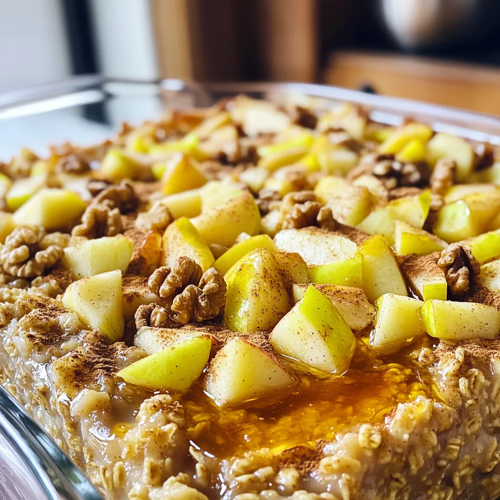 To make the Apple Cinnamon Oatmeal Bake, gather these items: - 2 cups rolled oats - 2 large apples, peeled, cored, and diced - 1 cup almond milk (or milk of choice) - 1/2 cup almond butter (or peanut butter) - 1/3 cup honey or maple syrup - 1 teaspoon vanilla extract - 1 teaspoon cinnamon - 1/2 teaspoon nutmeg - 1/2 teaspoon baking powder - 1/4 teaspoon salt - 1/4 cup chopped walnuts or pecans (optional) - Fresh apple slices and additional nuts for topping Using exact measurements is key to success in baking. I recommend using a dry measuring cup for oats and nuts. For liquids, use a liquid measuring cup. When measuring sticky ingredients, like almond butter or honey, lightly coat the cup with oil. This helps it pour out easily. Use a scale if you want exact weights. For this recipe, I love using Honeycrisp or Granny Smith apples. Honeycrisp gives a sweet crunch, while Granny Smith adds a nice tartness. You can also use Fuji or Gala apples for a sweeter option. Just pick your favorite and enjoy the taste! First, heat your oven to 350°F (175°C). Grab a 9x9 inch baking dish. Use cooking spray or a bit of oil to grease it. This step helps the oatmeal bake come out easily. In a large bowl, take 2 cups of rolled oats. Add 1 teaspoon of baking powder, 1 teaspoon of cinnamon, 1/2 teaspoon of nutmeg, and 1/4 teaspoon of salt. Mix these ingredients well. This blend gives your bake flavor and helps it rise. In another bowl, pour in 1 cup of almond milk. Add 1/2 cup of almond butter and 1/3 cup of honey or maple syrup. Also, add 1 teaspoon of vanilla extract. Stir these until the mixture is smooth. This mix adds moisture and sweetness to your bake. Now, pour the wet mixture into the dry oats. Stir until everything is combined. Gently fold in 2 large diced apples and 1/4 cup of chopped walnuts or pecans, if you like. Spread this mixture evenly in the baking dish. For a pretty touch, top it with fresh apple slices and more nuts. Place your dish in the oven and bake for 30-35 minutes. The top should turn golden brown. To check if it's ready, insert a toothpick. If it comes out clean, it’s done! Let the bake cool for a few minutes. Then, slice it into squares and enjoy! To get your Apple Cinnamon Oatmeal Bake just right, follow these steps: - Preheat your oven to 350°F (175°C) before you start mixing. - Use a greased baking dish to help the bake come out smoothly. - Spread the mixture evenly in the dish. This helps it cook evenly. - Rotate your dish halfway through baking. This ensures all sides cook well. The texture of your bake matters. Here’s how to get it right: - Use rolled oats for a soft and chewy bite. - Don’t overmix the wet and dry ingredients. Mix until just combined. - Let it cool for a few minutes after baking. This helps it set. - Check for doneness with a toothpick. It should come out clean when ready. Presentation adds to the enjoyment of your dish. Try these ideas: - Serve warm for the best flavor and texture. - Drizzle with honey or maple syrup for extra sweetness. - Sprinkle with cinnamon for a lovely touch. - Garnish with yogurt or ice cream for a tasty twist. - Add fresh apple slices on top for a beautiful look. {{image_2}} You can boost the taste of your Apple Cinnamon Oatmeal Bake. Adding dried fruits like raisins or cranberries works well. These fruits bring extra sweetness and chewiness. You can also mix in chopped dates for a caramel-like flavor. If you love nuts, consider adding chopped pecans or almonds. They add crunch and healthy fats. For a fun twist, try a sprinkle of chocolate chips. This will make it a sweet treat for any meal. You can switch up some ingredients in this recipe. If you want a different nut butter, use peanut butter or cashew butter instead of almond butter. This change can give a unique taste. For the sweetener, feel free to use agave syrup instead of honey or maple syrup. This works well for those who prefer a lighter flavor. If you need a dairy-free option, coconut milk is a great choice. It adds a creamy texture and a hint of coconut. This recipe is easy to adapt for different diets. To make it vegan, replace honey with maple syrup or agave syrup. You can also use a plant-based milk like oat milk or soy milk. For gluten-free options, choose certified gluten-free oats. This ensures no gluten contamination. You can also add seeds like chia or flaxseed for extra nutrition. These seeds can help bind the mixture and add healthy omega-3 fatty acids. Store any leftover apple cinnamon oatmeal bake in an airtight container. Let it cool first, then cover it tightly. This helps keep it fresh. Place the container in the fridge. The oatmeal bake can last for about 4 to 5 days when stored correctly. To reheat, slice the oatmeal bake into squares. Place them on a microwave-safe plate. Heat for 30 seconds to 1 minute. Check if it is warm enough. You can also reheat in the oven. Preheat it to 350°F (175°C). Bake for about 10-15 minutes. This helps maintain the texture. You can freeze apple cinnamon oatmeal bake for longer storage. Cut it into squares and place them in a freezer-safe bag or container. Remove as much air as possible. Label the bag with the date. This dish can last up to 3 months in the freezer. To thaw, move it to the fridge overnight before reheating. Yes, you can use steel-cut oats, but the bake will be chewier. Steel-cut oats take longer to cook. You may want to soak them in water overnight. This helps soften them. Apple Cinnamon Oatmeal Bake lasts about 4 to 5 days in the fridge. Make sure to store it in an airtight container. You can enjoy it cold or warm it up. You can add various toppings to make your bake even better. Here are some ideas: - Fresh apple slices - Chopped nuts like walnuts or pecans - A drizzle of honey or maple syrup - A sprinkle of cinnamon - A dollop of yogurt or ice cream Absolutely! You can prepare the dish the night before. Just mix the wet and dry ingredients and store them in the fridge. Bake it in the morning for a warm breakfast. Yes, this dish is quite versatile. You can serve it cold, at room temperature, or warm. It tastes great in any form! In this article, we explored the full process of making Apple Cinnamon Oatmeal Bake. We covered the ingredients you need, with tips for choosing the best apples. I provided clear steps for preparing, mixing, and baking with helpful tips for perfecting your dish. We also discussed fun variations and how to store leftovers properly. This oatmeal bake is easy and tasty, making it a great meal. Enjoy experimenting with it!