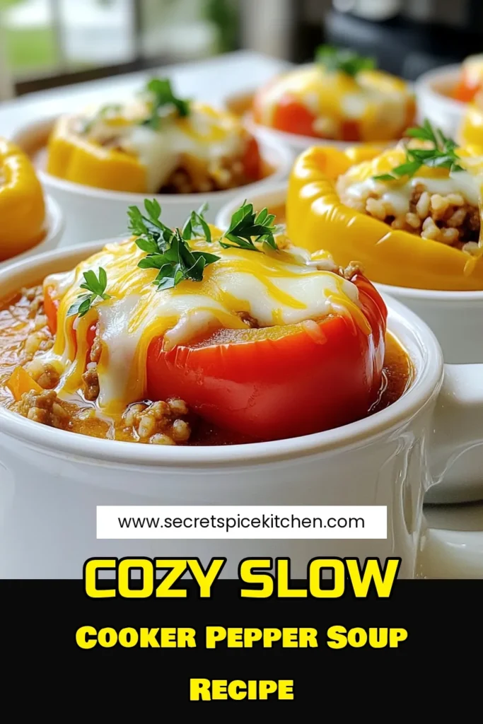 Warm up your dinner routine with this delicious Slow Cooker Stuffed Pepper Soup! Packed with vibrant bell peppers, hearty ground beef or turkey, and aromatic spices, this one-pot wonder is perfect for feeding the family. With simple ingredients and easy steps, it's time to let your slow cooker do the magic. Don’t miss out—click through for the full recipe and make your next meal a cozy delight! #SlowCookerRecipes #StuffedPeppers #SoupRecipes #ComfortFood