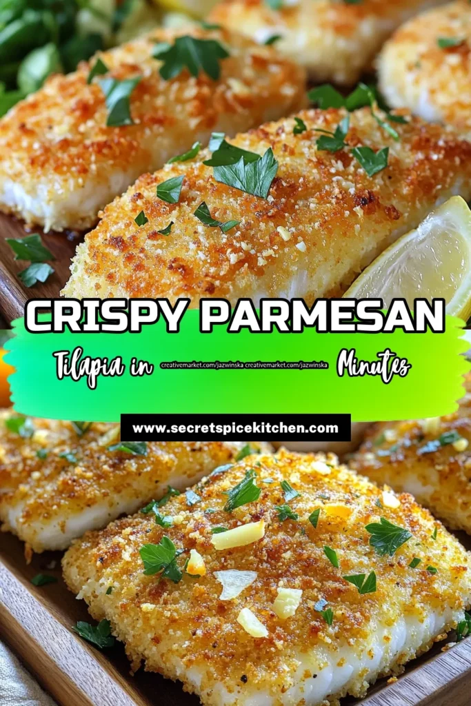 Looking for a delicious and easy dinner? Try this Baked Parmesan Crusted Tilapia! It's quick to make and full of flavor, combining crunchy breadcrumbs and savory Parmesan for a mouthwatering meal. Perfect for any occasion, this recipe takes just 30 minutes from prep to plate. Don’t miss out - click through to discover how to make this tasty dish that your family will love! #BakedTilapia #HealthyDinner #EasyRecipes #SeafoodLovers