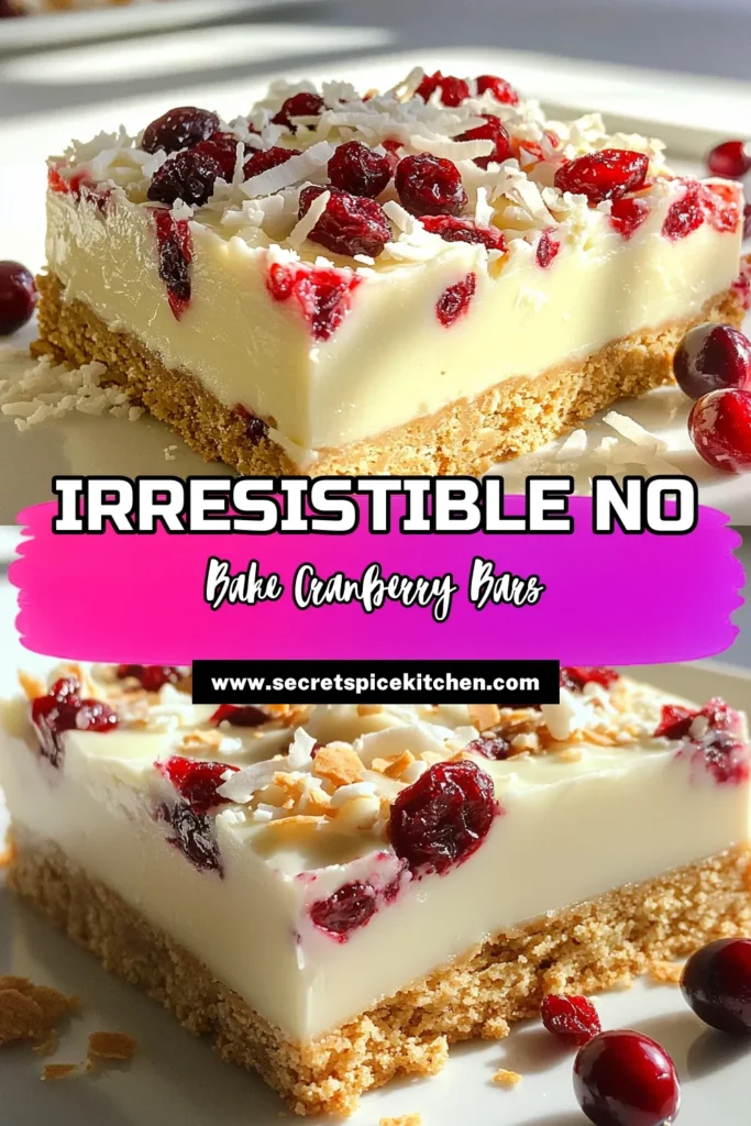 Indulge in the delightful flavors of these No-Bake White Chocolate Cranberry Bars! With just a few simple ingredients, create a sweet treat that's perfect for any occasion. This easy recipe combines rich white chocolate, tart cranberries, and crunchy nuts, all layered beautifully for a festive touch. Ready in just 15 minutes of prep, these bars are a must-try! Click through to explore this delicious recipe now! #NoBakeDesserts #WhiteChocolate #CranberryBars #HolidayTreats