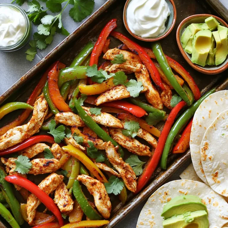 - 1.5 lbs boneless, skinless chicken breasts, sliced into strips - 2 bell peppers (one red, one green), sliced - 1 red onion, sliced - 3 tablespoons olive oil - 2 tablespoons lime juice (freshly squeezed) - 2 tablespoons chipotle powder - 1 teaspoon cumin - 1 teaspoon garlic powder - 1 teaspoon onion powder - 1 teaspoon smoked paprika - Salt and pepper to taste - Fresh cilantro, chopped (for garnish) These ingredients create a flavorful base for your fajitas. The chicken is juicy and tender. The peppers and onions add crunch and color. The spices bring warmth and depth to the dish. - Warm tortillas - Sour cream - Avocado When serving, warm your tortillas to make them soft. You can layer filling inside or serve on the side. Sour cream adds creaminess, while avocado offers richness. These toppings enhance the dish and make it more fun to eat. - Calories per Serving: 350 - Macros: - Protein: 30g - Fats: 18g - Carbs: 12g This meal packs a good amount of protein. The healthy fats come from olive oil and avocado. The carbs are low, making it a balanced option. Enjoy this dish knowing it fuels your body well. - Preheat the Oven: Set your oven to 425°F (220°C). This high heat helps cook the chicken fast and makes the veggies tender. - Prepare the Baking Sheet: Line a large baking sheet with parchment paper. This keeps things from sticking and makes cleanup easy. - Combine Chicken and Veggies: In a large bowl, mix the sliced chicken, bell peppers, and red onion. This will create a colorful base for your fajitas. - Whisk Together Marinade: In a separate small bowl, whisk together olive oil, lime juice, chipotle powder, cumin, garlic powder, onion powder, smoked paprika, salt, and pepper. This marinade adds a zesty kick. - Layering on the Baking Sheet: Pour the marinade over the chicken and veggies. Toss everything well to coat. Then, spread the mixture in a single layer on the prepared baking sheet. - Baking Time and Temperature: Bake in your preheated oven for 25-30 minutes. Stir halfway through so everything cooks evenly. The chicken should be done when it’s cooked through and the veggies are tender. Best Marinade Times Marinating chicken is key for flavor. I recommend marinating for at least 30 minutes. If you have more time, go for 2 hours. This lets the chicken soak up all the chipotle and lime goodness. Slicing Techniques for Chicken Slice chicken against the grain. This keeps it tender and juicy. Aim for strips about half an inch thick. This size cooks evenly and absorbs the marinade well. How to Avoid Soggy Vegetables To keep veggies crisp, spread them in a single layer. Make sure they don’t overlap. This helps them roast instead of steam. A hot oven also helps with this. Stirring for Even Cooking Halfway through baking, stir the chicken and veggies. This ensures everything cooks evenly. Stirring also helps the chicken get a nice, brown color. Serving Family-Style Serve the fajitas on a large platter. I love to add a mound of warm tortillas next to it. This makes it easy for everyone to dig in. Garnishing Tips Fresh cilantro adds color and flavor. Sprinkle it on top just before serving. You can also add lime wedges for a fresh burst. These small touches make your dish look great! {{image_2}} You can customize your fajitas with different proteins and veggies. If you're looking for alternative proteins, shrimp or tofu work great. Shrimp cooks quickly and adds a nice flavor. Tofu gives a plant-based twist. Just marinate them like the chicken. For vegetables, try adding zucchini, mushrooms, or corn. These add texture and flavor. Feel free to mix and match based on what you have. It makes your meal unique and fun! Adding fresh herbs can elevate your dish. Cilantro is a classic choice, but you can also try parsley or basil. Just chop them finely and sprinkle them on before serving. Experimenting with other spices can also change the game. Consider adding paprika, chili powder, or oregano. Each spice brings out different flavors and makes your fajitas more exciting. For gluten-free options, skip the tortillas or use corn tortillas instead. They keep the meal tasty without gluten. If you're watching carbs, serve the fajitas over a salad. You can use lettuce as a wrap too. This keeps the dish light and healthy while still being delicious. - To store leftovers, let the fajitas cool first. - Place them in an airtight container. - Use them within three to four days for best taste. - The best containers are glass or BPA-free plastic. - You can freeze the fajitas, but it's best to do it before adding garnishes. - Pack them in freezer-safe bags or containers. - Remove as much air as possible to avoid freezer burn. - To thaw, place the container in the fridge overnight. - Reheat in the oven or on the stove until hot. - Cooked fajitas last up to four days in the fridge. - They can stay good for three months in the freezer. - Signs of spoilage include a bad smell, discoloration, or slimy texture. - If you see any of these signs, toss the fajitas out. Can I use frozen chicken? Yes, you can use frozen chicken. Just make sure to thaw it first. This helps the chicken cook evenly. If you start with frozen chicken, plan for extra cooking time. Check that the chicken reaches 165°F (75°C) before serving. How do I adjust the spice level? To change the spice level, add more or less chipotle powder. For milder fajitas, use less. You can also add extra lime juice to cool the heat. If you want more spice, try adding cayenne pepper or diced jalapeños. Can I grill instead of bake? Absolutely! You can grill the chicken and veggies for a smoky flavor. Just toss them in the marinade and place them on a preheated grill. Cook until the chicken is done and veggies are tender. This will take about 15-20 minutes. What to do if I don’t have chipotle powder? If you lack chipotle powder, use smoked paprika as a substitute. It will give a nice smoky flavor. You can also mix in some chili powder for heat. Adjust the amount based on your taste. What goes well with chicken fajitas? Chicken fajitas pair well with warm tortillas, sour cream, and avocado. You can also serve them with rice or beans for a full meal. A fresh salad can add a nice crunch and balance the meal. Can I make this a meal prep recipe? Yes! These fajitas are great for meal prep. Just cook them, cool them down, and store in containers. They will keep well in the fridge for up to four days. Reheat before serving for a quick meal. We have explored making chicken fajitas from start to finish. We covered main ingredients, cooking steps, and tips for flavor. You can adapt the recipe with different proteins and veggies, making it fun. Storing leftovers properly helps keep them fresh. Always try new spices to keep things exciting. Enjoy your fajitas with tortilla or garnishes for more flavor. With practice, you will make a dish everyone loves. Now, it’s time to gather your ingredients and start cooking!