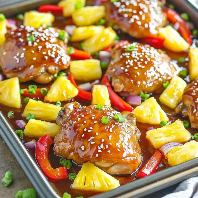 - 1 pound chicken thighs, boneless and skinless - 1 cup pineapple chunks (fresh or canned) - 1 bell pepper, sliced (red or yellow) - 1 medium red onion, chopped - ¼ cup teriyaki sauce - 2 tablespoons olive oil - 2 cloves garlic, minced - 1 tablespoon fresh ginger, grated - Salt and pepper to taste - Sesame seeds for garnish - Green onions, sliced for garnish This dish is all about fresh, vibrant flavors. The chicken thighs bring rich taste and tenderness. Pineapple adds a sweet twist that balances the savory teriyaki sauce. I love using bell peppers and red onions for color and crunch. The teriyaki sauce is key here. It gives the dish that classic Asian flavor. I prefer a low-sodium option to keep the dish lighter. Olive oil adds a nice richness and helps with cooking. Garlic and ginger bring warmth and depth. Make sure to have salt and pepper on hand. They help enhance all the flavors. For garnishes, sesame seeds and green onions add a lovely touch. They also give a little extra crunch and brightness to the dish. Gather these ingredients, and you’re on your way to a tasty meal that’s easy to make and hard to resist! 1. Preheat your oven to 400°F (200°C). Line a large sheet pan with parchment paper. This helps keep it clean. 2. In a large bowl, mix the teriyaki sauce, olive oil, minced garlic, and grated ginger. Add salt and pepper to taste. Stir until blended. 3. Add the chicken thighs to the bowl. Make sure they are well coated in the marinade. Let them sit for 10-15 minutes to soak up the flavors. 1. While the chicken marinates, prepare the vegetables. In another bowl, toss together the pineapple chunks, sliced bell pepper, and chopped red onion. This adds color and taste to your dish. 1. Once the chicken is ready, place it in the center of the prepared sheet pan. Surround it with the pineapple and vegetable mixture. 2. Drizzle any extra marinade from the chicken over the vegetables. This boosts the flavor. 3. Bake in the preheated oven for 25-30 minutes. The chicken is done when it reaches an internal temperature of 165°F (74°C) and the vegetables are tender. 4. For a crispy finish, turn the oven to broil for the last 2-3 minutes. Watch closely to avoid burning. 5. Remove from the oven and let it rest for a few minutes. Sprinkle sesame seeds and sliced green onions on top before serving. Enjoy your tasty meal! To ensure your chicken is tender, use boneless, skinless thighs. They stay juicy and cook evenly. Marinate them for at least 10-15 minutes. This helps the flavors soak in well. If you forget to marinate, don’t worry! Just add some extra teriyaki sauce while cooking. For perfect vegetable texture, cut them into similar sizes. This way, they cook evenly. I love using red bell peppers and onions for their sweetness. Pineapple adds a nice burst of flavor and texture too. To enhance flavors, marinate your chicken longer when you can. An hour or more makes a big difference. If you have time, try marinating overnight in the fridge. Always use fresh garlic and ginger for the best taste. They bring out the teriyaki sauce's depth. Serve the dish hot right from the sheet pan. It looks rustic and inviting. For a tasty side, add jasmine rice or quinoa. This makes the meal more filling. Garnishing adds a nice touch. Sprinkle sesame seeds and sliced green onions on top. They add color and crunch. You can also serve with lime wedges for a zesty kick! {{image_2}} You can easily change the protein in this dish. Try using chicken breast or tofu for a plant-based option. Both work well with teriyaki sauce. For vegetables, feel free to mix it up. Broccoli, zucchini, or snap peas add great color and crunch. Use what you have on hand for a fun twist. Want to spice things up? Add red pepper flakes or a pinch of cumin to the marinade. These add warmth and depth to the dish. You can also explore different sauces. Swap teriyaki for hoisin sauce or soy sauce. Each offers a unique flavor profile that keeps this meal exciting. If you need a gluten-free option, choose gluten-free teriyaki sauce. Many brands offer great alternatives that taste just as good. For a low-carb version, skip the pineapple. Instead, add cauliflower rice on the side. This keeps the dish light but still delicious. To keep your Sheet-Pan Teriyaki Chicken & Pineapple fresh, follow these tips: - Refrigerator: Store leftovers in an airtight container. They will stay good for up to three days. Make sure to cool the dish before sealing it. This helps keep out moisture. - Freezing: If you want to save it longer, freeze the leftovers. Place them in freezer-safe bags or containers. They can last for up to three months. When ready to eat, let them thaw in the fridge overnight. Reheating your dish right can make it taste great again. Here are some methods: - Oven: Reheat in the oven at 350°F (175°C) for 15-20 minutes. This keeps the chicken juicy and the veggies crisp. Cover it with foil to prevent drying out. - Microwave: Use a microwave-safe dish and cover it. Heat in short bursts of one minute, stirring in between. This helps heat evenly. To ensure flavor retention, add a splash of fresh teriyaki sauce before reheating. This keeps the dish moist and tasty. How do I know when the chicken is done? The chicken is done when it reaches an internal temperature of 165°F (74°C). You can use a meat thermometer to check this. The juices should run clear. This dish cooks for 25-30 minutes in the oven. Can I use frozen chicken for this recipe? Using frozen chicken is okay, but it may change the cooking time. Make sure to thaw the chicken first for even cooking. If you cook it from frozen, add extra time and check that it reaches 165°F (74°C). What can I serve with Sheet-Pan Teriyaki Chicken? This dish pairs well with jasmine rice or quinoa. You can also serve it with steamed broccoli or a fresh salad for a balanced meal. Is this dish healthy? Yes, this dish can be healthy. It includes lean protein from the chicken and vitamins from the veggies. The pineapple adds natural sweetness and fiber. How many calories are in Sheet-Pan Teriyaki Chicken & Pineapple? One serving has about 350 calories. This can vary based on portion size and added sides. Can I make this in a slow cooker? Yes, you can use a slow cooker. Cook on low for 4-6 hours or on high for 2-3 hours. Add the pineapple and veggies halfway through for best results. How can I make it spicier? To add heat, you can include crushed red pepper flakes or sriracha in the marinade. Adjust to your taste for an extra kick! This blog post covered delicious sheet-pan teriyaki chicken. You learned about key ingredients like chicken thighs, pineapple, and bell peppers. The prep steps guide you through marinating and baking for tender, tasty meals. I shared tips for perfect textures and gave you ideas for variations to meet dietary needs. You’ll also know how to store leftovers and reheat them well. Enjoy this simple, healthy dish that you can adapt! Cooking can be fun, and with these steps, you can impress anyone at your table.