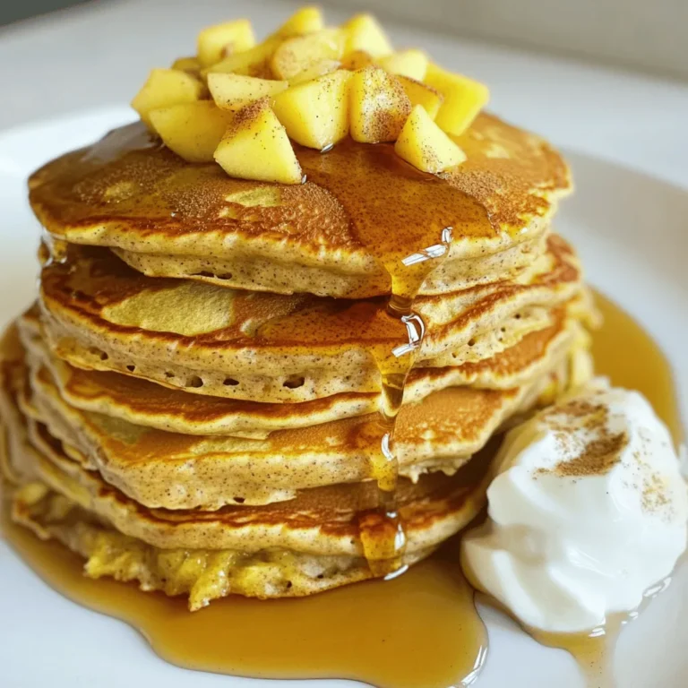 - 1 cup rolled oats - 1 scoop vanilla protein powder - 1 teaspoon baking powder - 1 teaspoon cinnamon - 1 medium apple, peeled and grated - 2 eggs - 1/2 cup almond milk - 1 tablespoon honey or maple syrup (optional) - Pinch of salt - Oil or butter for cooking To make these tasty pancakes, I use simple, healthy ingredients. The rolled oats form the base of the batter. They give the pancakes a nice texture and add fiber. I also add vanilla protein powder to boost the protein content. This helps keep me full longer. Baking powder makes the pancakes fluffy. I always add cinnamon for a warm flavor that pairs well with apples. A medium apple, peeled and grated, gives sweetness and moisture. The eggs bind everything together and add more protein. I prefer almond milk for creaminess, but any milk works. You can sweeten the batter with honey or maple syrup if you like it sweeter. A pinch of salt enhances the flavors. Finally, I use oil or butter for cooking, which adds richness. - Protein content per serving: Approximately 12 grams - Calorie count and breakdown: About 180 calories per pancake - Health benefits of protein in breakfast: Protein helps build muscles and keeps you full. These pancakes offer about 12 grams of protein per serving. Each pancake has around 180 calories. Starting the day with protein can help with energy and muscle repair. It also keeps you satisfied until lunch. So, these Apple Cinnamon Protein Pancakes are not just tasty; they’re also a smart choice for breakfast! First, you need to measure the oats. Use one cup of rolled oats. Then, put them in a blender. Blend until they are fine like flour. This gives the pancakes a good texture. Next, grab a medium apple. Peel it and then grate it. You want small pieces that mix well into the batter. The apple adds moisture and sweetness. Now, let’s mix the wet and dry ingredients. Take a bowl and whisk the eggs with half a cup of almond milk. If you want extra sweetness, add honey or maple syrup. In the same bowl, add the ground oats, protein powder, baking powder, cinnamon, and salt. Mix until just combined. Do not over-mix. If you do, the pancakes may become tough. Now carefully fold in the grated apple. This adds great flavor and a nice texture. It’s time to cook! Preheat a non-stick skillet over medium heat. Lightly grease it with oil or butter. Pour a quarter cup of batter for each pancake onto the skillet. Cook for 2-3 minutes. You’ll see bubbles form on top and the edges will firm up. Now, flip the pancakes. Cook for another 2-3 minutes. They should be golden brown and cooked through. Repeat this with the rest of the batter. Grease the skillet as needed. To make great pancakes, you need the right batter. Start with your oats. Blend them until they are a fine flour. This gives the pancakes a nice texture. The mixture should be thick but pourable. If it’s too runny, add a little more oats. If it’s too thick, add some almond milk. Cooking evenly is key for great pancakes. Preheat your skillet on medium heat. Use a non-stick skillet if you can. Lightly grease it with oil or butter. Pour 1/4 cup of batter for each pancake. Watch for bubbles on the surface. This shows they are ready to flip. Cook until both sides are golden brown. Presentation makes your pancakes look extra yummy. Stack them high on a plate. Drizzle with honey or maple syrup for sweetness. Sprinkle extra cinnamon on top for flavor. You can add diced apples for a fresh touch. For a creamy kick, add a dollop of Greek yogurt. It balances the sweetness and adds protein. Feel free to get creative with your toppings! {{image_2}} You can make your apple cinnamon protein pancakes even better with fun flavors. Adding nuts or seeds gives a nice crunch. Try walnuts, pecans, or chia seeds. They add good fats and protein. You can also mix in spices like nutmeg or ginger. These spices boost the flavor and warmth. Just a pinch can make a big difference. If you want to make vegan pancakes, it’s easy! Swap the eggs for flax eggs. Just mix one tablespoon of ground flaxseed with three tablespoons of water. Let it sit for five minutes until it thickens. Use almond milk or any plant milk you like. For gluten-free pancakes, use gluten-free rolled oats. Just check the label to be sure. These swaps keep your pancakes tasty and friendly for all diets. To keep your leftover pancakes fresh, follow these steps: - Refrigeration: Place the pancakes in an airtight container. They stay good for up to three days in the fridge. You can stack them with parchment paper in between to prevent sticking. - Freezing pancakes for later use: If you want to keep them longer, freeze the pancakes. Lay them flat on a baking sheet until firm. Then, transfer them to a freezer bag. They can last for up to three months. Just remember to label the bag with the date! To enjoy your pancakes again, you can use these methods: - Microwave: Place pancakes on a plate and cover them with a damp paper towel. Heat for about 20-30 seconds or until warm. This keeps them soft. - Toaster: For a crispy edge, toast the pancakes. Set your toaster to a low setting and toast until warm. Keep an eye on them to avoid burning. - Skillet: Heat a non-stick skillet over medium heat. Add a little oil or butter. Cook each pancake for about 1-2 minutes on each side until heated through. These methods will help maintain the best texture and flavor of your apple cinnamon protein pancakes. Enjoy! To make vegan apple cinnamon protein pancakes, swap the eggs for flax eggs. Mix 1 tablespoon of ground flaxseed with 2.5 tablespoons of water. Let it sit for 5 minutes until it thickens. For milk, use almond milk or any plant-based milk you like. You can keep the rolled oats, cinnamon, and apple as they are. If you want a sweet touch, use maple syrup instead of honey. Yes, you can use instant oats, but they will change the texture. Instant oats create a softer pancake. They absorb liquid faster, so you may need to reduce the almond milk a bit. Watch the cooking time, as they may cook quicker than rolled oats. Keep an eye on them to avoid burning. To boost protein in your pancakes, add more protein powder. A second scoop can work well. You could also mix in some Greek yogurt or cottage cheese into the batter. These options add creaminess and extra protein. For a nutty flavor, sprinkle in chia seeds or hemp seeds. You can make delicious apple cinnamon protein pancakes using simple ingredients. We covered the key components, like oats, apples, and protein powder. I shared easy steps for preparation, mixing, and cooking. Don't forget the tips for perfect pancakes and serving ideas. You can also explore variations to make them fit your taste. Whether you store leftovers or want to reheat them, the advice is there. Enjoying a healthy breakfast can be easy and fun. Try these pancakes to boost your mornings.