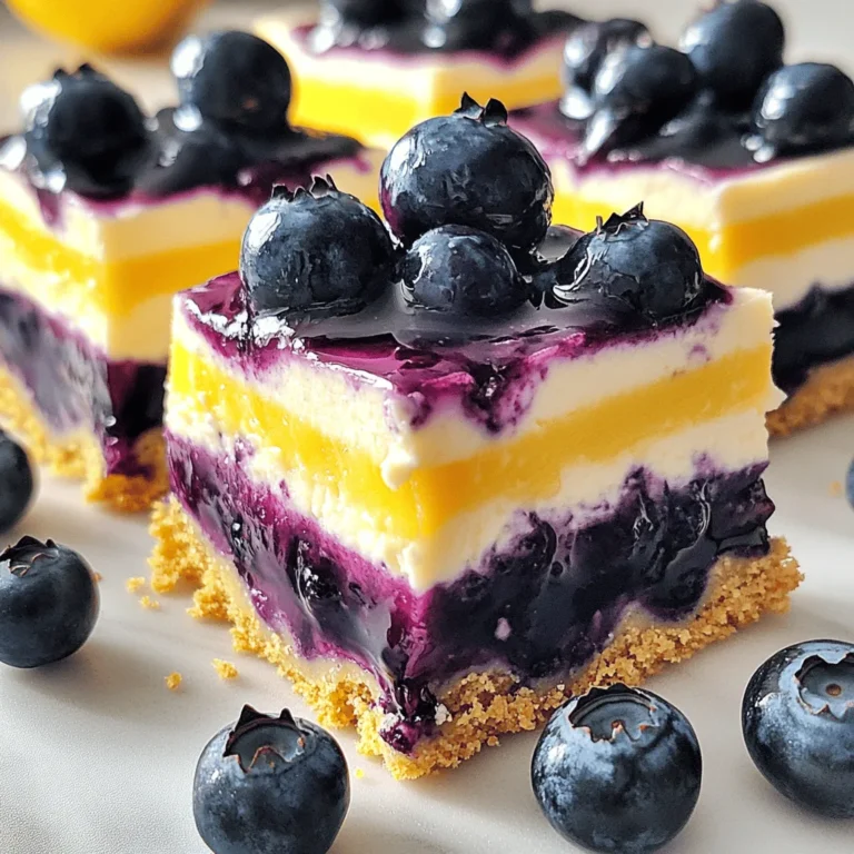 To make the delicious no bake lemon blueberry cheesecake bars, gather these ingredients: - 1 ½ cups graham cracker crumbs - ½ cup unsalted butter, melted - 2 tablespoons granulated sugar - 16 ounces cream cheese, softened - 1 cup powdered sugar - 2 cups whipped topping, thawed - Zest of 2 lemons - ¼ cup fresh lemon juice - 1 ½ cups fresh blueberries - 1 tablespoon cornstarch (optional, for blueberry sauce) - 2 tablespoons water (optional, for blueberry sauce) - Additional blueberries for garnish These ingredients work together to create a creamy and refreshing treat. The graham cracker crumbs form a perfect base. The cream cheese and whipped topping create a smooth filling. Fresh lemon juice and zest add bright flavor. Blueberries add sweetness and color. Each bite is a delightful mix of tart and sweet. If you want to make a blueberry sauce, the cornstarch and water help thicken it. You can skip this step and just use fresh blueberries on top. Either way, these cheesecake bars taste amazing and are easy to make. - First, grab a mixing bowl. Combine 1 ½ cups of graham cracker crumbs, ½ cup of melted unsalted butter, and 2 tablespoons of sugar. - Mix well until everything blends together. - Now, take your mixture and press it firmly into the bottom of a 9x9-inch baking pan. Make sure it’s even. - Chill the crust in the refrigerator while you prepare the filling. - In a large bowl, beat 16 ounces of softened cream cheese with 1 cup of powdered sugar. Use a hand mixer for a smooth and creamy texture. - Next, gently fold in 2 cups of thawed whipped topping, the zest of 2 lemons, and ¼ cup of fresh lemon juice. Mix until everything is creamy and well combined. - Take the crust out of the fridge and spread the lemon cheesecake filling evenly over it. - For the optional blueberry topping, in a small saucepan, combine 1 ½ cups of fresh blueberries, 1 tablespoon of cornstarch, and 2 tablespoons of water. Cook on medium heat until the blueberries burst and the mixture thickens, about 5-7 minutes. - Allow the blueberry mixture to cool slightly, then spoon it over the cheesecake layer, letting it drip to the edges. If you skip the sauce, just scatter fresh blueberries on top. - Cover the pan with plastic wrap and refrigerate for at least 4 hours, or overnight for the best results. This helps the cheesecake set fully. - Once it’s set, slice into bars and serve chilled. You can garnish with more fresh blueberries before serving. To make the filling smooth, use softened cream cheese. Cold cream cheese can create lumps. Let it sit at room temperature for about 30 minutes. This step makes mixing easy. When adding whipped topping, fold gently. Use a spatula to combine. Stir slowly to keep it fluffy. This helps the filling stay light and airy. You want a creamy texture without deflating it. Press the crust firmly into the pan. Use the bottom of a glass to help. An even crust gives the bars a good base. If it’s too loose, it may fall apart when you slice. For alternative crust options, try crushed cookies or nuts. Almonds or Oreos make great choices. Just mix with melted butter as you would with graham crackers. Garnish your cheesecake bars with fresh blueberries. Arrange them on top for a pop of color. You can also add lemon zest for extra flair. Pair these bars with iced tea or lemonade. The tartness of the drink complements the sweet bars well. For a richer touch, serve with whipped cream on the side. {{image_2}} You can swap blueberries for other berries. Raspberries, strawberries, or blackberries work well. Each berry brings a unique taste. You can also use seasonal fruits. Peaches, mangoes, or cherries add a fresh twist. For gluten-free options, use gluten-free graham crackers. They taste just as good! If you want low-sugar alternatives, try using a sugar substitute. This will help cut down on sweetness while keeping the taste great. Adding vanilla extract can enhance the flavor of your cheesecake. Just a teaspoon gives a nice depth. You can also try other extracts, like almond or coconut. They add fun twists to the filling. For toppings, think outside the box! You could add toasted coconut or chopped nuts for crunch. Or drizzle with honey or chocolate sauce for extra sweetness. To keep your no-bake lemon blueberry cheesecake bars fresh, store them in the fridge. Use an airtight container or cover the pan tightly with plastic wrap. This keeps the bars from drying out. The bars stay good for up to five days. To prevent sogginess, avoid adding fresh blueberries until just before serving. If you use the optional blueberry sauce, let it cool. This helps keep the crust crisp. Yes, these cheesecake bars can be frozen! Cut them into individual bars and wrap each one in plastic wrap. Place the wrapped bars in a freezer-safe bag or container. They can last up to three months in the freezer. To thaw and serve after freezing, move the bars to the fridge a few hours before eating. This ensures they remain soft and creamy. Enjoy them chilled for the best taste! No-bake cheesecake bars can last about 4 to 5 days in the fridge. Store them in an airtight container to keep them fresh. If they have toppings, they might not stay as nice for as long. Yes, you can use frozen blueberries. They work well, but they may be softer. If you use them, thaw them first. Drain any extra liquid to keep your bars from getting soggy. You can use any cookies you like. Vanilla wafers or digestive biscuits work great. Just crush them to make crumbs. You can also use oats mixed with melted butter for a different base. The cheesecake is set when it feels firm to the touch. You can gently shake the pan. If it wobbles slightly in the center, it's good to go. Chilling for at least 4 hours helps it firm up nicely. This blog post covered how to make a delicious no-bake cheesecake. We looked at the ingredients needed, the step-by-step instructions, and tips to make it perfect. I showed you variations to suit different tastes and dietary needs too. The best part is the storage info, ensuring it stays fresh. No-bake cheesecake is easy and fun to make. You can impress friends and family with your skills. Enjoy experimenting with flavors and toppings. Happy baking!