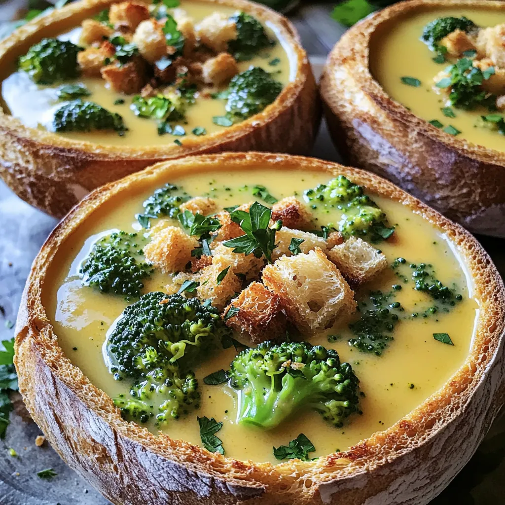 To make a tasty broccoli cheddar soup, you need these key ingredients: - 1 large head of broccoli, chopped - 1 medium onion, diced - 2 cloves garlic, minced - 4 cups vegetable broth - 2 cups shredded sharp cheddar cheese - 1 cup heavy cream - 3 tablespoons olive oil - 3 tablespoons unsalted butter - 1/4 cup all-purpose flour - Salt and pepper, to taste Each of these ingredients brings its own flavor. Broccoli gives a fresh taste, while cheddar adds richness. The cream balances the flavors, making the soup smooth. For the bread bowls, you can choose between sourdough or whole wheat. Sourdough has a tangy taste and a chewy texture. It pairs well with the rich soup. Whole wheat is heartier and adds a nutty flavor. It also offers more fiber. Both options work great, so pick what you like best! Garnishing your soup adds color and crunch. I suggest using croutons for a crispy bite. They bring a nice texture to the creamy soup. Fresh parsley also brightens the dish. It adds a pop of green and a hint of freshness. You can sprinkle both on top before serving for a beautiful finish. Start by heating olive oil and butter in a large pot over medium heat. When the oil is warm, add the diced onion. Cook the onion for about 5 minutes until it turns clear. This step helps build a strong flavor base. Next, add the minced garlic. Stir it in and cook for 1 to 2 minutes until you smell its wonderful aroma. This will make your kitchen smell amazing! Now it’s time to add the chopped broccoli. Stir the broccoli into the pot and sauté for about 5 minutes. This softens the broccoli a bit and enhances the taste. Next, sprinkle the flour over the mixture. Keep stirring for about 1 minute. This helps thicken the soup later. Then, gradually pour in the vegetable broth while stirring. This keeps lumps from forming. Bring the soup to a boil and then lower the heat. Let it simmer for about 15 minutes, or until the broccoli is tender and bright green. Once the broccoli is cooked, take an immersion blender and blend the soup until it is smooth. If you don’t have one, you can transfer the soup to a blender in batches. Be careful with hot soup! After blending, return the soup to the pot. Now, stir in the heavy cream and shredded cheddar cheese. Keep cooking on low heat until the cheese melts completely. Don’t forget to taste and add salt and pepper as needed. While the soup is cooking, let’s prepare the bread bowls. Carefully cut a circle at the top of each bread bowl. Scoop out the insides, but leave enough to hold the soup. This makes it fun to eat! Once the soup is ready, ladle it into each bread bowl. For a nice touch, add some croutons on top and sprinkle fresh parsley for color and flavor. Enjoy your delicious broccoli cheddar soup bread bowls! To thicken your broccoli cheddar soup, use flour or cornstarch. When you add flour, sprinkle it over the sautéed veggies and stir for one minute. This helps absorb the oil and creates a nice base. If you prefer cornstarch, mix it with cold water first, then add it to the soup while stirring. Let it cook for a few minutes until it thickens. This method keeps your soup creamy and rich. The best cheese for this soup is sharp cheddar. It adds a strong, nutty flavor that blends well with broccoli. You can also mix in Gruyère or Monterey Jack for a twist. Using a blend of cheeses gives depth to the taste. Make sure to shred the cheese yourself for the best melt. Pre-shredded cheese often contains anti-caking agents that can affect the texture. To make perfect bread bowls, choose large, round loaves. Sourdough works great for its sturdy crust. Whole wheat is a good option too, but check for thickness. Cut a circle on top and scoop out the insides carefully. Leave enough bread on the sides to hold the soup. Lightly toast the bread bowls in the oven for a few minutes before serving. This adds crunch and keeps them from getting soggy. Enjoy the soup in a warm, edible bowl for a fun twist! {{image_2}} You can make your broccoli cheddar soup even heartier by adding protein. Chicken is a great choice. Use cooked, shredded chicken for a nice texture. Cook the chicken in the pot with the onions and garlic. This adds flavor and makes the soup filling. Bacon is another tasty option. Cook the bacon until crisp, then crumble it on top of the soup. You can also stir it into the soup for a smoky flavor. Both options pair well with the creamy soup and give you more nutrients. For a vegan twist, swap the heavy cream with coconut cream or cashew cream. These options keep the soup creamy without dairy. Use a plant-based cheese or nutritional yeast instead of cheddar cheese. Nutritional yeast adds a cheesy flavor without any animal products. Choose vegetable broth to keep it vegan-friendly. You can enjoy a rich, flavorful soup without animal ingredients. This way, everyone can savor the dish. Feel free to mix in other veggies for more flavor. Carrots add sweetness and color. Chop them finely and sauté with the onions. Cauliflower is another option. It blends well and adds creaminess. Peas can bring a touch of freshness and sweetness. You can also add spinach for a burst of green. Just toss them in during the last few minutes of cooking. These variations make your soup unique and nutritious. To store leftover broccoli cheddar soup, let it cool first. Then, pour it into an airtight container. Seal it tightly and place it in the fridge. The soup stays fresh for about 3 to 4 days. If you want to keep it longer, consider freezing it. If you want to freeze the soup, use freezer-safe containers. Leave some space at the top for expansion. You can freeze the soup for up to 3 months. However, do not freeze the bread bowls. They do not freeze well and can become soggy when thawed. Instead, store them in a cool, dry place. To reheat the soup, pour it into a pot over low heat. Stir occasionally to warm it evenly. If it seems too thick, add a splash of broth or cream. For microwave reheating, use a microwave-safe bowl. Heat in short bursts, stirring in between. Once hot, ladle the soup into your bread bowls and enjoy! Yes, you can make this soup ahead of time. Just store it in the fridge. Reheat it on the stove when you are ready to serve. You can use whole milk or half-and-half as a lighter option. For a dairy-free choice, try coconut milk or cashew cream. These will give a rich taste too. To keep your bread bowls firm, scoop out the inside gently. You can also brush the inside with olive oil. This adds flavor and creates a barrier. Serve the soup hot but not boiling to help too. Yes, frozen broccoli works well. Just thaw it before cooking. It may take a little less time to cook than fresh broccoli. Broccoli cheddar soup is a simple, delicious dish to make at home. We covered key ingredients like broccoli, cheese, and bread bowls. You learned how to build flavor, blend the soup, and prepare the bowls. Remember, you can add protein or veggies for variety. Store leftovers properly for tasty meals later. With these tips, you can enjoy a tasty soup that warms you up. Dive in and savor each spoonful. You're ready to impress your family and friends!