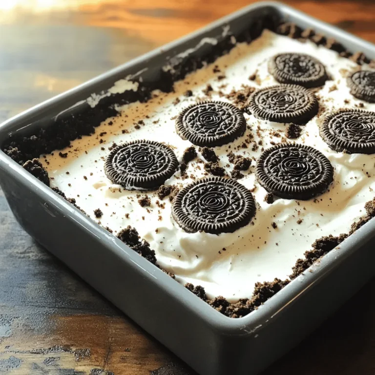 - 1 ½ cups Oreo cookie crumbs - ½ cup unsalted butter, melted - 16 oz cream cheese, softened - ½ cup granulated sugar - 2 teaspoons vanilla extract - 1 ½ cups heavy whipping cream - 1 cup crushed Oreo cookies (for mixing into the cheesecake) - 2 tablespoons crushed Oreo cookies (for topping) When I make No-Bake Cookies & Cream Cheesecake Bars, I love the simple yet rich flavors. First, I gather my ingredients. The base uses Oreo cookie crumbs, which add that classic chocolate taste. Melting unsalted butter helps bind the crumbs together, creating a solid crust. Next, I focus on the cream cheese. It must be softened for a smooth texture. Granulated sugar sweetens the mix, while vanilla extract gives it a lovely aroma. Heavy whipping cream is key for fluffiness. I whip it until it forms stiff peaks. This step makes the cheesecake light and airy. Then, I add crushed Oreo cookies into the filling. This mix gives a nice crunch and enhances the flavor. Finally, I save some crushed cookies for the topping. They make the bars look appealing and add extra sweetness. Each ingredient plays an important role in the final product. 1. Combine Oreo cookie crumbs and melted butter: In a medium bowl, mix the Oreo cookie crumbs with melted butter. Make sure all the crumbs get coated well. The mix should look like wet sand. 2. Press into the baking dish: Take a 9x9-inch baking dish. Firmly press the crumb mix into the bottom. You want an even layer. 3. Refrigerate to set: Place the dish in the fridge for about 15-20 minutes. This helps the crust hold its shape. 1. Beat cream cheese until smooth: In a large bowl, beat the softened cream cheese using an electric mixer. Mix until it is creamy and smooth. 2. Add sugar and vanilla extract: Gradually mix in the granulated sugar and vanilla extract. Keep mixing until everything is well combined. 3. Whip heavy cream until stiff peaks: In a separate bowl, whip the heavy cream until it forms stiff peaks. This step adds a light, fluffy texture to your filling. 1. Fold whipped cream into cream cheese mixture: Gently fold the whipped cream into the cream cheese mix. Be careful not to deflate the whipped cream. 2. Stir in crushed Oreo cookies: Add the crushed Oreo cookies to the mixture. Stir until they are evenly mixed in. 3. Pour filling over crust: Pour the cheesecake filling over the chilled crust. Spread it out evenly. Tap the dish gently on the counter to let air bubbles escape. To whip cream to stiff peaks, start with cold heavy cream. Use a clean bowl and beaters. Whip the cream on medium speed. Watch closely as it thickens. When peaks form and hold their shape, stop mixing. This adds air and makes your cheesecake light. Room temperature cream cheese is key for a smooth filling. Cold cream cheese can be lumpy. Leave it out for about 30 minutes before mixing. This makes it easier to blend with the sugar and vanilla. Garnishes can make your cheesecake bars look extra special. Consider adding a sprig of mint on top. You can also drizzle chocolate syrup for a fun touch. Fresh berries add color and freshness. For pairing options, serve your bars with coffee or tea. The rich flavors of the cheesecake work well with these drinks. You can also enjoy them with fresh fruit for a nice contrast. One common mistake is over-folding the whipped cream. This can deflate the air you worked hard to create. Gently fold until just combined for a light texture. Another mistake is not chilling the bars long enough. They need at least four hours to set. If you can, chill overnight. This helps the flavors meld and makes slicing easier. {{image_2}} You can change the flavors of your no-bake cheesecake bars easily. - Chocolate version: Use chocolate sandwich cookies instead of Oreos. Mix in cocoa powder for a rich taste. - Mint cookies and cream: Add peppermint extract to the cream cheese mix. Use mint Oreos for extra flavor. If you have special dietary needs, you can still enjoy this treat. - Gluten-free options: Use gluten-free chocolate cookies for the crust. Make sure all ingredients are gluten-free. - Dairy-free alternatives: Replace cream cheese with a dairy-free cream cheese. Use coconut cream instead of heavy cream. Serving can be fun and creative. - Individual cups instead of bars: Layer the crust and filling in small cups. This makes for easy serving and a cute look. - Adding toppings like chocolate drizzle: Drizzle melted chocolate or a berry sauce on top. This adds a nice touch and extra flavor. To keep your cheesecake bars fresh, place them in an airtight container. This will keep them from drying out or absorbing other smells. You can store them in the fridge for up to five days. Make sure to cover them well if you don't have a container. Yes, you can freeze cheesecake bars! They freeze well and taste great later. To freeze them, first, cut the bars into pieces. Wrap each piece in plastic wrap. Then, place them in a freezer-safe bag or container. When you want to eat them, take out a piece and let it thaw in the fridge. This will keep the texture nice. Don't rush the thawing; it may take a few hours. Enjoy your cheesecake bars even after freezing! Yes, you can use other cookies. Graham crackers work well for a classic taste. Chocolate cookies add a richer flavor. Just crush them into fine crumbs and mix with melted butter, just like the Oreos. These cheesecake bars last about 5 days in the fridge. Store them in an airtight container to keep them fresh. If you want them to last longer, consider freezing them. Absolutely! This recipe is great for making ahead. You can make it a day or two before serving. Just allow enough time for chilling, usually at least 4 hours or overnight. If you want a lighter option, use whipped topping. You could also try coconut cream for a dairy-free choice. Just remember, the texture might change a little, but it will still be tasty! This blog post shared a tasty recipe for Oreo cheesecake bars. We discussed the key ingredients and detailed steps to make the crust and filling. Tips helped you avoid common mistakes and suggested ways to enhance your dessert. Variations showed how to customize flavors and presentations. Finally, we covered storage methods to keep your bars fresh. Enjoy creating this delicious treat! You'll impress friends and family with your cheesecake skills.