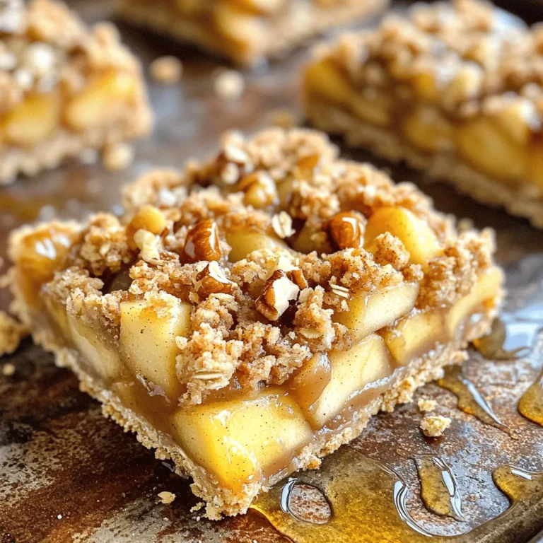 Here’s what you need to make Chai Apple Crumble Bars. Each ingredient adds to the taste and texture. - 2 cups rolled oats - 1 cup all-purpose flour - 1/2 cup brown sugar - 1/2 cup unsalted butter, melted - 1 teaspoon baking powder - 1 teaspoon ground cinnamon - 1/2 teaspoon ground cardamom - 1/4 teaspoon ground ginger - 1/4 teaspoon allspice - 1 large apple, peeled, cored, and diced - 1/4 cup honey or maple syrup - 1 tablespoon lemon juice - 1/4 cup chopped walnuts (optional) Each item plays a role in making these bars a delight. The rolled oats form a hearty base. The flour helps bind everything together. Brown sugar adds a touch of sweetness. Unsalted butter gives richness. Baking powder makes the bars light. The spices bring warmth and flavor. The apple adds moisture and tartness. Honey or maple syrup sweetens the filling. Lemon juice brightens the taste. Walnuts add crunch, but they are optional. Choosing quality ingredients will make a big difference. Fresh spices and crisp apples will enhance the dish. Enjoy gathering these items before you start cooking! First, I grease a 9x9 inch baking pan. You can also use parchment paper to help remove the bars later. Next, I preheat the oven to 350°F (175°C). This ensures even baking and a nice golden top. In a large bowl, I combine rolled oats, all-purpose flour, and brown sugar. I add melted butter, baking powder, and the ground spices: cinnamon, cardamom, ginger, and allspice. I mix everything until it looks crumbly. This crumbly texture gives the bars their nice base. Now, I set aside about 1 cup of the oat mixture for the topping. I press the rest into the bottom of the greased pan to form the crust. In another bowl, I toss the diced apple with honey or maple syrup and lemon juice. Once mixed, I pour this apple filling over the crust in the pan. Then, I evenly spread the reserved oat mixture over the apple layer. If I want a crunchy touch, I sprinkle chopped walnuts on top. I bake the bars in the preheated oven for 25-30 minutes. I watch for a golden brown top and tender apples. Once done, I let the bars cool in the pan for at least 15 minutes. This cooling time helps them firm up before I slice them into squares or bars. To make your Chai Apple Crumble Bars even more tasty, consider adding more spices. You can try nutmeg or cloves for a warm touch. Fresh ingredients matter too. Use crisp, juicy apples for the best flavor. They add sweetness and texture to every bite. To check if your bars are done, look for a golden brown top. You can also insert a toothpick. If it comes out clean, your bars are ready. To prevent soggy bars, let them cool in the pan. This helps the filling set and keeps the crust firm. These bars shine when served warm. You can add a scoop of vanilla ice cream on top. Whipped cream also pairs well for extra creaminess. Enjoy them with a hot cup of chai or coffee. You’ll love the combination of flavors! {{image_2}} You can swap the apple for many other fruits. Pears, peaches, or berries work great too. Each fruit gives a different taste and texture. For a fun mix, try combining apples with berries. The tartness of berries adds a nice contrast to sweet apples. If you need a gluten-free option, use gluten-free oats and flour. These swaps keep the bars tasty without gluten. For a vegan version, replace butter with coconut oil or a plant-based butter. Use maple syrup instead of honey for a sweet touch. You can adjust the spice levels to suit your taste. If you love spice, add more cinnamon or cardamom. For fall flavors, try adding pumpkin spice. This change makes the bars perfect for the holiday season. You can even mix in nutmeg for a warm twist. To keep your Chai Apple Crumble Bars fresh, store them in the fridge. Place them in an airtight container. This will prevent them from drying out. You can enjoy them for up to five days. After that, the taste and texture may change. You can freeze these bars if you want to save some for later. First, let the bars cool completely. Then, cut them into squares or bars. Wrap each piece in plastic wrap. After that, place them in a freezer-safe bag. They can stay fresh in the freezer for up to three months. When you want to eat them, take out the bars and let them thaw in the fridge overnight. You can also warm them in the oven at a low temperature. This will bring back their delicious taste. Enjoy your tasty treat even after freezing! Yes, you can make Chai Apple Crumble Bars in advance. They taste great after a day or two. Just store them in an airtight container at room temperature. If you want them to last longer, you can refrigerate them. Let them cool completely before storing. Use sweet and tart apples for the best flavor. I recommend Granny Smith or Honeycrisp. They hold their shape well when baked. You can also mix in some sweeter apples for added flavor. The bars are done when the top is golden brown. You can also check if the apples are tender with a fork. If they are soft and warm inside, your bars are ready. Yes, you can use quick oats or even almond flour. Just keep in mind that the texture may change. Quick oats will make it softer, while almond flour will give it a nutty taste. You can use oil instead of butter. Coconut oil or vegetable oil works well. Just use the same amount as the recipe calls for. Oil will change the flavor a bit, but it will still taste great. In this blog post, I detailed how to make delicious Chai Apple Crumble Bars. We covered the key ingredients, from rolled oats to spices. I laid out clear steps for prep, baking, and cooling. Plus, I shared plenty of tips to enhance flavor and texture. You can even explore variations that suit dietary needs or seasonal tastes. Enjoy your baking adventure and savor these tasty bars with family and friends!
