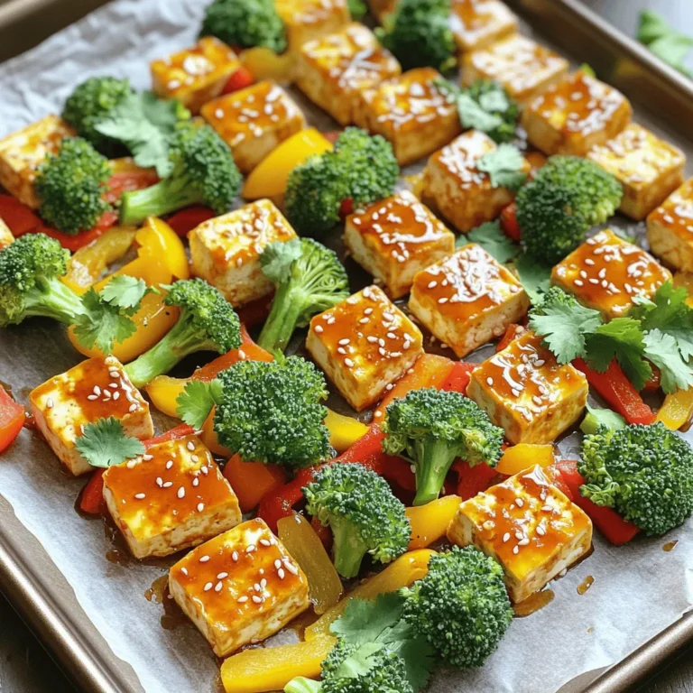 - 1 block firm tofu, drained and pressed - 2 cups broccoli florets - 1 red bell pepper, sliced - 1 yellow bell pepper, sliced - 2 tablespoons olive oil - 1/4 cup sweet chili sauce - 2 tablespoons soy sauce - 1 tablespoon sesame oil - 2 cloves garlic, minced - 1 teaspoon grated ginger - Salt and pepper to taste - 1 tablespoon sesame seeds - Fresh cilantro leaves (optional) In this recipe, the main ingredients shine. The firm tofu gives you a great base. It absorbs flavors well and gets crispy when cooked. Broccoli adds a nice crunch and bright color. The bell peppers add sweetness and more color. For the seasoning, you want a mix of sweet and savory. Sweet chili sauce gives the dish a sweet kick. Soy sauce adds a salty depth. Sesame oil brings a warm, nutty flavor. Garlic and ginger add a punch of zest. Don't forget to season with salt and pepper to taste. For optional garnishes, sesame seeds add a nice crunch. Fresh cilantro gives a burst of freshness. You can skip these if you want, but they enhance the dish! Start with a block of firm tofu. Drain it well and press it to remove water. This helps the tofu absorb flavors. Cut the pressed tofu into bite-sized cubes. Place these cubes in a large mixing bowl. In a small bowl, whisk together sweet chili sauce, soy sauce, sesame oil, minced garlic, and grated ginger. This mix brings a nice kick to your tofu. Pour half of this sauce over the tofu. Toss gently to coat each piece evenly. Let it marinate for about 15 minutes while you prep the veggies. While the tofu marinates, prepare your vegetables. Add broccoli florets and sliced bell peppers to the same bowl. Drizzle olive oil over the veggies. Season with salt and pepper, then add the rest of the sweet chili sauce mix. Toss everything until well-coated. Now, line a large baking sheet with parchment paper. Spread the marinated tofu cubes and seasoned vegetables in a single layer. Bake in a preheated oven at 400°F (200°C) for 25-30 minutes. Flip the tofu and toss the veggies halfway through. They should turn golden and crispy. Once baked, sprinkle sesame seeds over your dish. Optionally, add fresh cilantro leaves for a burst of flavor. Serve warm over rice or quinoa and drizzle with extra sweet chili sauce if you like. Enjoy your tasty meal! Tofu can be soft or firm. For this recipe, use firm tofu. This gives a better texture. Press the tofu well to remove excess water. This step helps it soak up flavors. Cut the tofu into even cubes. This ensures they cook evenly. Bake until golden and crispy. This makes each bite delightful. Sweet chili sauce brings a nice sweetness. Combine it with soy sauce for depth. Sesame oil adds a nutty flavor. Garlic and ginger bring warmth. Don’t skip the marinating step. Letting tofu sit in the sauce brings out the taste. Toss veggies in the same sauce. This ties all the flavors together. Experiment with spices like red pepper flakes for heat. Prep your ingredients before cooking. This makes the process smooth. Chop the veggies while the tofu marinates. Use a large bowl for easy tossing. Line the baking sheet with parchment paper. This helps with clean-up. Bake everything at once for a quick meal. Enjoy a delicious dish in just 45 minutes. {{image_2}} You can switch up the veggies in this dish. Instead of broccoli, try: - Cauliflower florets for a similar crunch. - Snap peas for a sweet, fresh bite. - Carrots for a pop of color and sweetness. - Zucchini, sliced into half-moons, for a soft texture. Each of these veggies brings its own flavor. Just remember to adjust cooking times if needed. If tofu isn’t your thing, you have options. Here are some great substitutes: - Chickpeas work well. They add protein and a nutty taste. - Tempeh gives a firm texture and a rich flavor. - Seitan has a chewy bite and absorbs sauces well. - Chicken or shrimp can be used if you prefer meat. Each option allows you to customize the dish to your liking. You can change the sauce to suit your taste. Here are some ideas: - Add lime juice for a zesty kick. - Use sriracha for extra heat if you like spice. - Swap sweet chili sauce for teriyaki for a different flavor. - Try adding a splash of rice vinegar for tang. These changes can give your meal a new twist. Enjoy experimenting! You can store leftovers in the fridge. Place the tofu and veggies in an airtight container. They will stay fresh for about 3 to 4 days. Make sure to let them cool before sealing. This helps keep the food safe and tasty. If you want to freeze this dish, it works well too. Use a freezer-safe container. The meal can last for up to 2 months in the freezer. When you’re ready to eat, thaw it in the fridge overnight. Freezing keeps the flavors intact. To reheat, use an oven or microwave. In the oven, preheat it to 350°F (175°C). Bake for about 10 to 15 minutes. This helps keep the tofu crispy. In the microwave, heat on medium power for about 2 to 3 minutes. Stir halfway to ensure even heating. Enjoy your meal as if it were fresh! Yes, you can use other types of tofu. Soft tofu works, but it crumbles easily. Firm tofu holds its shape during cooking. Extra firm tofu gives a nice crunchy texture. Just remember to press any tofu to remove extra water. This helps the tofu absorb the sauce better. You can serve this dish with rice or quinoa. Both options soak up the sauce well. You can also add a simple salad or steamed veggies. They provide a nice crunch and balance the dish's flavors. If you want more protein, add some edamame or chickpeas on the side. This recipe is already vegan! All the ingredients are plant-based. Use firm tofu, fresh veggies, and vegan sauces. Check the sweet chili sauce to ensure it has no animal products. Enjoy this colorful dish that fits any vegan meal plan! This blog post covered how to make Sheet-Pan Sweet Chili Tofu. We looked at the main ingredients, seasoning, and different garnishes. You learned prep steps like marinating and roasting. Tips on tofu texture and flavor made cooking easier. We also explored variations and simple storage methods. Now you can try this dish with different veggies, proteins, and sauces. Enjoy creating a tasty meal that fits your needs!