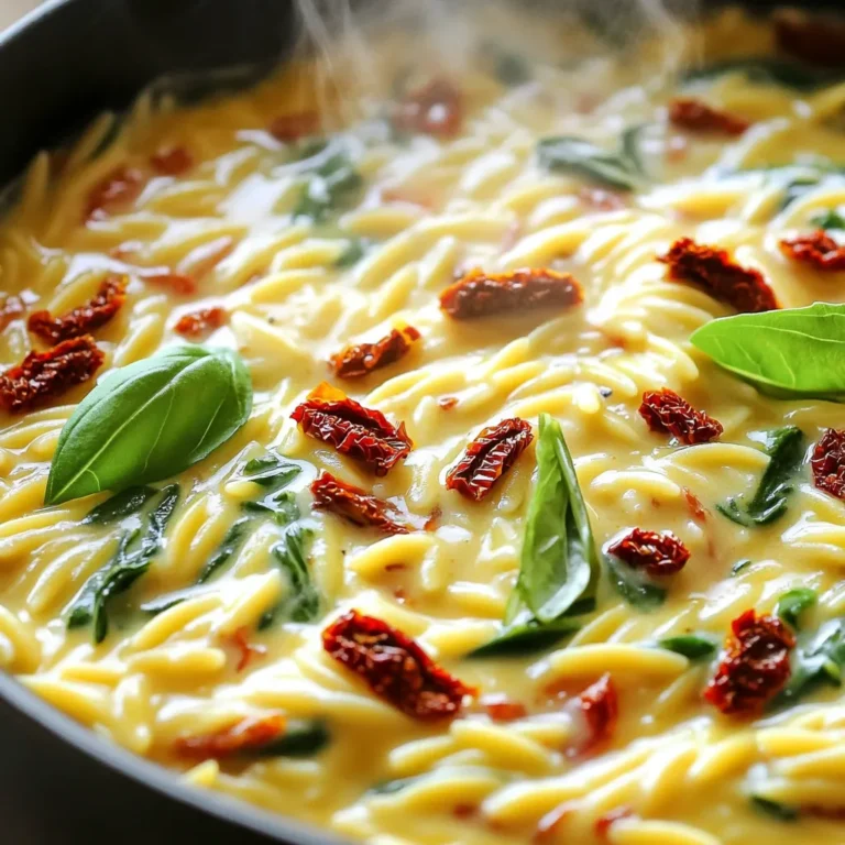 To make Creamy Sun-Dried Tomato Orzo, gather these fresh ingredients: - 1 cup orzo pasta - 2 cups vegetable broth - 1 cup heavy cream (or coconut cream for a lighter option) - 1 cup sun-dried tomatoes, chopped - 1 cup fresh spinach, roughly chopped - 1/2 cup grated Parmesan cheese (or nutritional yeast for vegan option) - 2 cloves garlic, minced - 1 tablespoon olive oil - Salt and pepper to taste - Fresh basil leaves for garnish These ingredients create a creamy and flavorful dish. The orzo pasta provides a nice bite, while the sun-dried tomatoes give a sweet and tangy flavor. Fresh spinach adds a pop of color and nutrition. The cream makes everything rich and smooth. Using either Parmesan cheese or nutritional yeast caters to different diets. When you gather these items, you set yourself up for a delightful meal. The simple list means you won’t spend hours shopping. Each ingredient plays a role in making this dish special. I recommend using fresh basil for garnish. It adds a lovely aroma and taste. - Chopping sun-dried tomatoes: Start by taking the sun-dried tomatoes. Use a sharp knife to chop them into small pieces. This helps release their rich flavor into the dish. - Mincing garlic: Next, grab two cloves of garlic. Peel them and mince them finely. The smaller the pieces, the better the garlic will blend into the sauce. - Hacking fresh spinach: Take a bunch of fresh spinach. Rinse it well under cold water. Roughly chop it into small bits, making it easy to mix into the orzo later. - Heating olive oil and sautéing garlic: In a large pot, heat one tablespoon of olive oil over medium heat. Add the minced garlic and cook for about one minute. Be careful not to let it burn; we want it fragrant. - Adding sun-dried tomatoes: Now, toss in the chopped sun-dried tomatoes. Cook them for another two to three minutes. This time allows their flavor to infuse the oil. - Incorporating orzo and vegetable broth: Stir in one cup of orzo pasta. Then, pour in two cups of vegetable broth. Bring this mixture to a gentle boil. Once it boils, reduce the heat to low and cover the pot. Let it cook for about 10 to 12 minutes. Stir occasionally until the orzo is al dente and most liquid is absorbed. - Mixing in cream and spinach: Once the orzo is cooked, pour in one cup of heavy cream or coconut cream. Stir to combine everything. Add the chopped spinach and half a cup of grated Parmesan cheese. Mix until the spinach wilts and the cheese melts, forming a creamy sauce. - Adding cheese and seasoning: Season the dish with salt and pepper to taste. Stir well to ensure all flavors blend together smoothly. - Serving suggestions: Remove the pot from heat. Let it sit for a couple of minutes to thicken. Serve warm, garnished with fresh basil leaves for a lovely aroma and flavor boost. Enjoy your creamy sun-dried tomato orzo delight! To make your creamy sun-dried tomato orzo pop, add fresh herbs. Basil, parsley, or oregano work great. A pinch of red pepper flakes can add heat too. For cheese lovers, try goat cheese or feta for a different twist. If you want a vegan option, use nutritional yeast instead of Parmesan. It gives a cheesy flavor without the dairy. You want your orzo to be al dente, not mushy. Cook it just until tender. This keeps it firm and adds a nice bite. If you like creaminess, adjust the amount of cream. Add more for a richer dish or less for a lighter feel. You can also use coconut cream for a tasty twist. To save time, chop your sun-dried tomatoes and garlic in advance. You can store them in the fridge. Another tip is to use a pre-made vegetable broth. This cuts down on cooking time. For meal prep, make a big batch. Store it in the fridge for easy lunches or dinners later. {{image_2}} You can easily make this dish vegan. Swap heavy cream with coconut cream. This gives a nice, creamy texture without dairy. Use nutritional yeast instead of Parmesan cheese. It adds a cheesy taste while keeping it plant-based. You can also add other vegetables. Try bell peppers, zucchini, or mushrooms. They bring color and extra nutrients. Toss them in when you sauté the garlic. This way, they cook just right and mix well with the orzo. Want to add protein? Chicken or shrimp work great here. Just cook them in the pot before adding garlic. Then, follow the rest of the steps. If you prefer plant-based protein, use legumes. Chickpeas or lentils are excellent choices. They add protein and fiber. Add them in with the orzo and broth for a hearty meal. You can switch up the sun-dried tomatoes. Try roasted red peppers instead. They give a sweet, smoky flavor. Also, consider using different cheeses. Feta or goat cheese can add a tangy twist. If you want a different sauce, try pesto for a fresh, herby taste. Each option brings a new layer of flavor to your dish. To keep your creamy sun-dried tomato orzo fresh, store it in an airtight container. Place it in the fridge within two hours of cooking. This helps retain its flavor and texture. The best practice is to use it within three to four days. If you want to save it for later, freezing is a great option. For freezing, portion the orzo into smaller containers. Make sure to leave some space at the top, as it will expand when frozen. It can last in the freezer for up to three months. When it’s time to enjoy your leftovers, you can choose between the microwave or stovetop. If you use the microwave, place the orzo in a bowl and cover it with a damp paper towel. Heat in short bursts, stirring in between. This helps it heat evenly. For the stovetop, add a splash of broth or cream to a pan. Heat over low, stirring gently. This method keeps the orzo creamy and prevents it from drying out. You can store your creamy sun-dried tomato orzo in the fridge for three to four days. If you freeze it, it will last for about three months. Watch for signs of spoilage. If you see any mold or notice an off smell, it’s best to discard it. Always trust your senses; they are your best guide. Yes, you can use other pasta. Try penne or farfalle. They will work well too. Just adjust cooking time. If you use a larger pasta, it may take longer to cook. To make this dish gluten-free, use gluten-free orzo. Many brands offer great options. Check the label to ensure it fits your needs. You can also try rice or quinoa for a different twist. If you want a lighter option, use coconut cream. Almond milk also works but may not be as rich. You can mix it with some flour for thickness if needed. Yes, you can prepare this dish ahead of time. Just cook it fully and let it cool. Store it in the fridge for up to three days. Reheat it gently on the stove before serving. This orzo pairs well with a fresh salad. A simple green salad with lemon dressing works nicely. You can also serve it with garlic bread or roasted vegetables for a complete meal. This blog post explored how to create a delicious orzo dish using simple ingredients. We discussed the key components, cooking steps, and tips for flavor and texture. You learned about variations and helpful storage practices. You can now confidently prepare this meal, adapt it to your taste, and enjoy it later. Cooking should be easy and fun. Remember, each dish is a chance to experiment and create something new. Happy cooking!