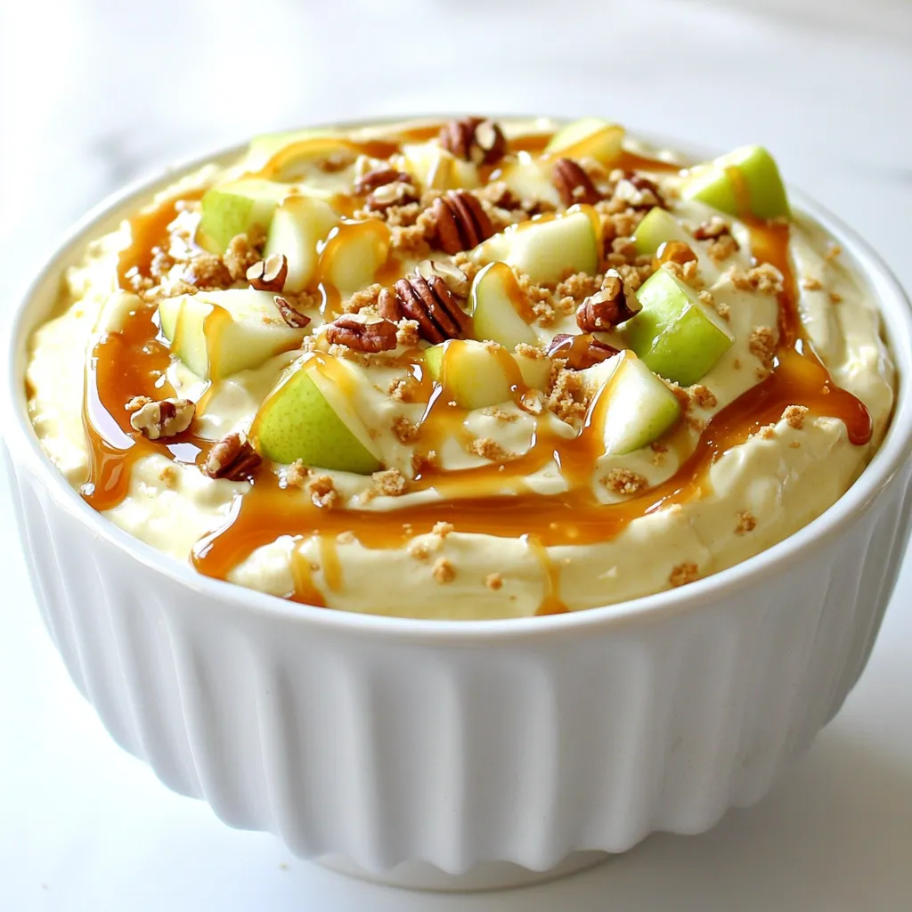 - 8 oz cream cheese, softened - 1/2 cup powdered sugar - 1/2 teaspoon vanilla extract - 1/2 cup sour cream - 1/2 cup caramel sauce - 1 large apple, diced - 1/4 cup chopped pecans or walnuts (optional) - Graham cracker crumbs for garnish To make this dip, start with cream cheese. You need it to be softened. This helps it blend smoothly. Then, add powdered sugar for sweetness. Vanilla extract brings a lovely flavor. Sour cream makes it creamy and rich. Caramel sauce gives that sweet touch we all love. Use a crisp apple, like Granny Smith, for a nice contrast. Chopped pecans or walnuts add crunch, but they are optional. Finally, sprinkle graham cracker crumbs on top for a fun finish. - Consider alternative nuts - Flavor variations using spices You can mix things up with different nuts. Try almonds or hazelnuts for a unique twist. Want more flavor? Add spices like cinnamon or nutmeg. These small changes can make the dip even better. Each option brings its own taste, so feel free to get creative! - Softening cream cheese: Start by taking your cream cheese out of the fridge. Let it sit at room temperature for about 15 minutes. This step makes it easier to mix. You want it creamy and smooth. - Measuring ingredients accurately: Use measuring cups and spoons for precision. Measure each ingredient carefully. This ensures the dip has the right taste and texture. - Beating cream cheese and powdered sugar: In a medium bowl, add the softened cream cheese. Use an electric mixer on medium speed. Beat it until it’s smooth. Gradually add the powdered sugar while mixing. Keep mixing until fully blended. - Incorporating vanilla extract and sour cream: Next, add the vanilla extract and sour cream. Mix them in well. This adds a rich flavor and creamy texture to your dip. - Folding in apple and caramel sauce: Now, take your diced apple and gently fold it into the mixture. Leave some apple chunks for a nice bite. Then, stir in the caramel sauce until everything is evenly mixed. - Transferring to a serving bowl: Carefully transfer your dip to a serving bowl. Smooth the top with a spatula. This makes it look nice and ready to serve. - Garnishing with caramel and graham cracker crumbs: Drizzle some extra caramel sauce on top. Then, sprinkle graham cracker crumbs for a crunchy finish. This adds a lovely texture and extra flavor. To make the dip creamy, start with room temperature ingredients. Cold cream cheese does not mix well. Use an electric mixer to beat the cream cheese. This helps create a smooth texture. Mix until it is fluffy and light. Spices can boost the flavor. Try adding cinnamon or nutmeg for warmth. You can also choose different types of apples. Granny Smith offers tartness, while Fuji gives sweetness. Each apple brings its own taste and texture. Serve the dip with fun dippers. Sliced apples, graham crackers, or pretzel sticks work well. Arrange these on a large platter for a beautiful look. For parties, you can layer the dip in jars. This adds a creative touch and makes serving easy. {{image_2}} You can change the dip based on the season. For a fall-inspired treat, add pumpkin spice. Just a pinch can warm up the flavors. It pairs well with the apple and caramel. In summer, mix in fresh fruits. Strawberries or blueberries add a nice touch. They keep the dip light and bright. If you need gluten-free options, use certified graham crackers. They work great as dippers. You can also make a vegan version. Substitute the cream cheese with a nut-based option. Use coconut cream instead of sour cream. This gives you a creamy, dairy-free dip. Try mini individual servings for a fun twist. Use small cups or jars for each person. This makes serving easy and keeps it neat. For a layered dessert parfait, use jars. Start with the dip, then add apples, nuts, and caramel. Repeat the layers to create a stunning dessert. To keep your Caramel Apple Cheesecake Dip fresh, follow these easy steps. First, place any leftovers in an airtight container. This will help prevent air from getting in and drying out the dip. Make sure to refrigerate it right away. If you want to freeze the dip, pour it into a freezer-safe container. Leave some space at the top, as the dip may expand when frozen. You can store the dip in the fridge for up to five days. After that, it may start to lose its taste and texture. If you freeze it, the dip can last for about two months. Look for signs of spoilage. If you see any discoloration or smell an off odor, it is best to toss it. Always trust your senses when it comes to food safety! Yes, you can prepare this dip ahead of time. Make it a few hours in advance. Just store it in the fridge. Cover it tightly with plastic wrap. This keeps it fresh and creamy. When you are ready to serve, give it a quick stir. You can drizzle more caramel on top for that fresh look. You have many tasty options for dippers. Here are some great choices: - Sliced apples - Graham crackers - Pretzel sticks - Vanilla wafers - Pita chips Feel free to mix and match. Each dipper adds a fun twist to the flavor. You can easily change the flavor of your dip. Here are some fun ideas: - Add a sprinkle of cinnamon or nutmeg for warmth. - Use a different type of apple for a new taste. - Try mixing in some chocolate chips for sweetness. Adjust the sweetness by adding more powdered sugar or caramel. You can also change the texture with extra cream cheese or sour cream. Enjoy making it your own! This blog post guides you in making a tasty Caramel Apple Cheesecake Dip. We covered key ingredients, mixing techniques, and tips for great flavor and consistency. You can even tailor the dip to your liking with different spices and fruit. Remember to store leftovers properly to enjoy later. This dessert is fun for any gathering. Now, you have the tools to create a memorable treat that everyone will love!