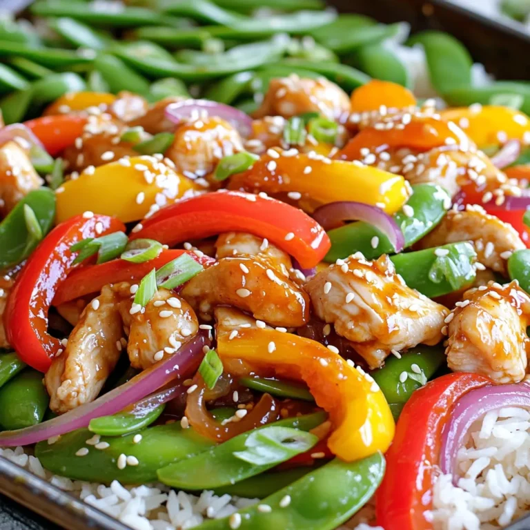 - 1 lb (450g) boneless, skinless chicken thighs, cut into bite-sized pieces - 2 cups bell peppers (red, yellow, and green), sliced - 1 cup snap peas, trimmed - 1 medium red onion, sliced - 3 cloves garlic, minced - 1 tablespoon fresh ginger, minced - 1/3 cup sweet chili sauce - 2 tablespoons low-sodium soy sauce - 1 tablespoon sesame oil - 1 tablespoon olive oil - 1 teaspoon cornstarch - 2 green onions, sliced - 1 tablespoon sesame seeds - Cooked jasmine rice - Quinoa First, cut the chicken thighs into bite-sized pieces. This helps them cook evenly. Next, slice the bell peppers into strips. Use red, yellow, and green for a colorful dish. Trim the snap peas and slice the red onion. Finally, mince the garlic and ginger. All your prep work makes the cooking easier. In a large bowl, combine the sweet chili sauce, soy sauce, sesame oil, and olive oil. Add the minced garlic and ginger. Then, sprinkle in the cornstarch. Whisk it all together until smooth. This sauce brings great flavor to the chicken and veggies. Line a large sheet pan with parchment paper. This makes cleanup quick. Spread the chicken pieces on one side of the pan. Make sure they are in a single layer. On the other side, add the bell peppers, snap peas, and red onion. Drizzle the remaining sauce over the veggies and toss them to coat. Preheat your oven to 400°F (200°C). Place the sheet pan in the oven and bake for 20-25 minutes. Check that the chicken is cooked through and the veggies are tender. If you want a nice char, broil the pan for 2-3 minutes at the end. Once cooked, let it sit for a few minutes before serving. This dish pairs well with jasmine rice or quinoa. Add sliced green onions and sesame seeds for a tasty garnish. To make your sweet chili chicken stir-fry taste great, use fresh ingredients. Fresh garlic and ginger add a punch. Slice your bell peppers just before cooking for crunch. Marinate the chicken for at least 30 minutes. This lets the flavors soak in. If you want a spicy kick, add red pepper flakes. Using a large sheet pan helps the chicken and veggies cook evenly. Spread out the chicken and vegetables in a single layer. This way, they roast instead of steam. If your pan is small, use two. It’s better to have space than to crowd them. For easy cleanup, line the pan with parchment paper. To save time, cut your chicken and veggies ahead. Store them in the fridge for up to two days. You can also mix the sauce in advance. This lets the flavors blend nicely. If you want to freeze, do so before cooking. Just thaw overnight in the fridge before baking. {{image_2}} You can switch the chicken thighs for other proteins. Try boneless chicken breasts for a leaner choice. Shrimp also works well. It cooks quickly and adds a nice flavor. For a vegetarian option, use extra-firm tofu. Cut it into cubes and press out extra moisture. This helps it absorb the sauce better. Feel free to mix up the veggies based on what you have. Broccoli, carrots, and zucchini are great choices. You can use frozen vegetables too. Just toss them in the sauce and bake as usual. This recipe is flexible, so you can use any fresh or frozen veggies you like. Want to add some heat? Toss in sliced jalapeños or a pinch of red pepper flakes. You can also add a splash of lime juice for a zesty kick. For more depth, consider adding a tablespoon of peanut butter or sesame seeds to the sauce. These little tweaks can take your dish to the next level! To store leftovers, let the dish cool down first. Place the sweet chili chicken stir-fry in an airtight container. Keep it in the fridge for up to three days. Make sure to separate the rice or quinoa if you have any left. This helps keep everything fresh. When you’re ready to enjoy leftovers, it’s easy to reheat. You can use the microwave or the stove. If using the microwave, heat in short bursts. Stir every minute to warm evenly. If using the stove, place it in a pan over medium heat. Stir until hot, adding a splash of water if needed. To freeze, pack the stir-fry in a freezer-safe container. Make sure to leave some space for expansion. Label the container with the date so you know when to use it by. This dish can last up to three months in the freezer. When you’re ready to eat, thaw it overnight in the fridge before reheating. Yes, you can use frozen chicken. Just remember to thaw it first. It helps the chicken cook evenly. You can soak the chicken in cold water for faster thawing. Once thawed, cut it into bite-sized pieces. Then, follow the recipe as normal. To make this dish gluten-free, use gluten-free soy sauce. You can find it in most stores. Also, check the sweet chili sauce for gluten. Many brands offer gluten-free options. This way, you can enjoy the same great taste without the gluten. If you need a substitute, try mixing honey with hot sauce. This mix gives a sweet and spicy flavor. You could also use sriracha with a bit of sugar. Adjust the amounts to your taste. These options work well in this recipe. Absolutely! To cook on the stove, heat a large pan over medium-high heat. Add oil, then the chicken. Cook until browned and done, about 7-10 minutes. Add the veggies and sauce, stir-fry for 5-7 minutes. This method gives you a nice, quick stir-fry. In this blog post, we explored how to make sweet chili chicken stir-fry. We covered the key ingredients, step-by-step instructions, and helpful tips. You learned about variations and storage options. For tasty meals, mix and match proteins and veggies. Remember, this dish is easy to prep and full of flavor. Enjoy cooking and share this recipe with friends for a fun meal together. Keep experimenting to find your favorite twist. Your kitchen is full of possibilities!