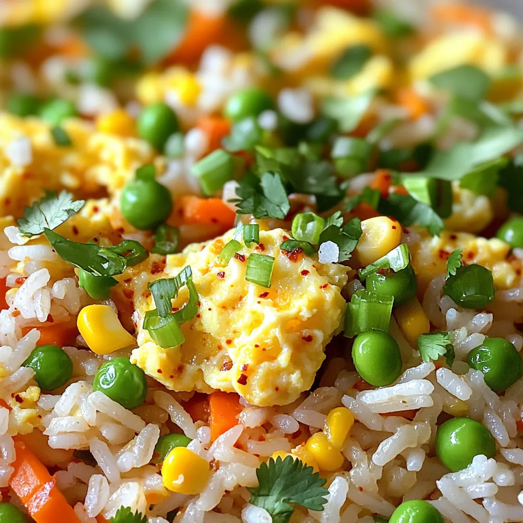 - 2 cups cooked jasmine rice - 2 large eggs - 3 tablespoons chili crisp oil - 1 cup mixed vegetables (peas, carrots, corn) - 2 green onions, chopped - 2 cloves garlic, minced - 1 tablespoon soy sauce - 1 teaspoon sesame oil - Salt and pepper to taste - Fresh cilantro for garnish (optional) In this dish, the main ingredients shine through. The cooked jasmine rice works best if it's day-old. This rice is fluffy and has a great texture. The large eggs bring richness and flavor. Chili crisp oil gives it a spicy kick, making each bite exciting. For complementary ingredients, I like to use a mix of peas, carrots, and corn. These veggies add color and crunch. Green onions offer a fresh taste, and minced garlic brings a lovely aroma. Finally, seasonings are key. Soy sauce adds umami, while sesame oil gives depth. Salt and pepper balance the flavors. You can top your dish with fresh cilantro for a bright finish. This mix of ingredients makes chili crisp fried rice a quick and tasty meal. First, heat a large skillet or wok over medium heat. The heat should be just right. Add 3 tablespoons of chili crisp oil and let it shimmer. This oil brings a nice spice to your dish. Next, add 2 cloves of minced garlic. Sauté it for about 30 seconds. You want the garlic to smell great, but be careful not to let it burn. Then, stir in 1 cup of mixed vegetables like peas, carrots, and corn. Cook these for 2-3 minutes until they soften. Now, push the veggies to one side of the pan. Crack 2 large eggs into the empty space. Scramble them gently until they are fully cooked. Mixing the eggs with the veggies adds flavor. Once the eggs are cooked, combine them with the veggies. Add in 2 cups of cooked jasmine rice, breaking up any clumps. Next, drizzle 1 tablespoon of soy sauce and 1 teaspoon of sesame oil over the rice. Add salt and pepper to taste to make it just right. Stir everything together well. Cook for an extra 3-4 minutes. This helps the rice fry a little and get crispy. If you want more spice, add a bit more chili crisp oil at this stage. Finally, remove the skillet from heat. Stir in 2 chopped green onions for freshness. Serve the fried rice hot, and if you like, add fresh cilantro on top for a tasty garnish. Enjoy your meal! Using day-old rice is key for fried rice. It dries out a bit in the fridge, which helps it fry better. Fresh rice may clump or turn mushy. If you don’t have day-old rice, you can cook fresh rice and spread it on a tray to cool. This helps dry it out a bit, too. You can use jasmine rice or any long-grain rice. Brown rice adds more texture and nutrients, but it takes longer to cook. Chili crisp oil is your friend! Start with three tablespoons and taste as you go. You can always add more if you want more heat. If you love spice, try adding chili flakes or fresh chilies. Slicing fresh jalapeños or serranos gives a nice kick. Just remember to balance the heat with the other flavors in the dish. To get crispy fried rice, use high heat. This helps the rice fry instead of steam. Stir the rice less often as it cooks. Let it sit for a minute before stirring. This gives it a chance to crisp up. If your rice is soggy, it’s likely from too much moisture. Make sure to use dry, cold rice and keep the heat steady. {{image_2}} You can make this dish even more vibrant with vegetables. Try adding bell peppers or zucchini to your fried rice. These veggies bring a nice crunch and color. If you want more protein, consider adding tofu or tempeh. Both options absorb flavors well. They work great with chili crisp oil too. Want to make it a hearty meal? You can add protein like chicken, shrimp, or beef. Each option brings a unique taste. - Chicken: It pairs well with the chili crisp oil and adds a juicy texture. - Shrimp: This brings a sweet and savory flavor. Cook them until just pink for best results. - Beef: Use thin slices for quick cooking. It gives a rich, meaty taste. Boost your dish’s flavor with different sauces. Try hoisin or oyster sauce for a deeper taste. These sauces add a hint of sweetness and umami. You can also sprinkle in optional spices like ginger or five-spice powder. These spices add warmth and depth to your fried rice. Don't be afraid to experiment! To keep your chili crisp fried rice fresh, store it properly. Use an airtight container. This helps prevent moisture loss and keeps flavors intact. Make sure to cool the rice before placing it in the fridge. It can last for about 3 to 4 days in the refrigerator. Always check for any signs of spoilage before eating. Reheat your fried rice gently for the best texture. Use a skillet over medium heat. Add a splash of water or broth to keep it moist. Stir often to avoid sticking. You can also use a microwave, but cover the bowl to trap steam. Heat in short bursts and stir in between. This method helps keep the rice soft and not dry. Freezing chili crisp fried rice is a great way to save it for later. Let the rice cool completely before freezing. Use a freezer-safe container or bag. Squeeze out as much air as possible to prevent freezer burn. It can stay fresh for up to 2 months. When you're ready to eat it, thaw it overnight in the fridge. Reheat it in a skillet for the best results. Yes, you can use different types of rice. Here are some good options: - Brown rice for a nutty flavor - Basmati rice for a fragrant twist - Short-grain rice for a sticky texture All of these work well, but jasmine rice gives the best taste and texture. Making chili crisp is simple! You need a few basic ingredients: - Dried chili flakes for heat - Oil, like vegetable or sesame - Garlic for flavor - Optional: onion flakes and spices like salt Just heat the oil, add the other ingredients, and let it cook until fragrant. If you're allergic to some vegetables, here are safe alternatives: - Spinach or kale for greens - Bell peppers for sweetness - Zucchini or squash for a mild flavor Feel free to mix and match based on what you like! This dish has about 400-500 calories per serving. It depends on the amount of oil and egg used. Keep in mind your portion size to manage your intake. Absolutely! To make it vegan, you can: - Replace eggs with scrambled tofu or chickpea flour - Use vegetable oil instead of chili crisp oil - Skip the soy sauce if it contains fish sauce These swaps keep the flavor while making it plant-based and delicious! To sum up, this chili crisp fried rice is simple and delicious. You need cooked jasmine rice, eggs, and chili crisp oil. Add mixed veggies and seasonings for extra flavor. Remember to use cold, day-old rice for the best texture. Experiment with proteins and sauces to tailor the dish to your taste. Enjoying and sharing this meal can bring joy. With these tips, you can make a tasty and satisfying dish every time. Happy cooking!