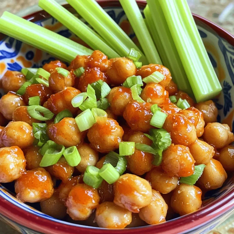 - 1 can (15 oz) chickpeas - 2 tablespoons olive oil - 1/4 cup hot sauce - 1 teaspoon garlic powder - 1 teaspoon onion powder - 1/2 teaspoon smoked paprika - Salt and pepper to taste - Chopped green onions - Celery sticks To make Air Fryer Buffalo Chickpeas, you need a few key ingredients. First, start with one can of chickpeas. Drain and rinse them well to remove any extra salt. Next, get your olive oil ready. You will need two tablespoons. This oil helps the chickpeas get crispy and flavorful. The star of our dish is the hot sauce. Use a quarter cup of your favorite, like Frank's RedHot. It adds that spicy kick! For flavor, add one teaspoon each of garlic powder and onion powder. These spices will give the dish depth. Also, include half a teaspoon of smoked paprika for a bit of smokiness. Finally, season with salt and pepper to taste. If you want to make it extra special, consider adding some optional garnishes. Chopped green onions add a fresh crunch. Celery sticks pair perfectly for dipping. These simple ingredients make a tasty snack or meal addition that everyone will love! Set your air fryer to 400°F (200°C). Preheat it for about 5 minutes. This step helps the chickpeas cook evenly. First, drain and rinse one can of chickpeas. This removes excess salt and makes them cleaner. In a medium bowl, mix the rinsed chickpeas with olive oil, hot sauce, garlic powder, onion powder, smoked paprika, salt, and pepper. Toss well so every chickpea gets coated in flavor. Now, place the seasoned chickpeas in the air fryer basket. Make sure they are in a single layer. If your air fryer is small, work in batches. Cook them for 15 to 18 minutes. Shake the basket halfway through cooking. This helps them crisp up evenly. When done, the chickpeas should be golden brown and slightly crispy. Carefully remove them and let them cool for a minute before serving. To get the best crunch, arrange your chickpeas in a single layer. This helps them cook evenly. If they crowd together, they might steam instead of crisp up. If your air fryer is small, cook in batches. Shaking or stirring the chickpeas halfway through cooking is key. This lets hot air reach all sides. You’ll end up with a tasty and crunchy treat. Want more heat? Adjust the amount of hot sauce. Start with a little, then add more to taste. You can also mix in cayenne pepper or chili powder for extra kick. Try different spices for new flavors. Smoked paprika gives a nice depth. You can also use cumin or even Italian herbs if you want a twist. Serve your buffalo chickpeas in a bright bowl. A colorful dish makes everything look more fun. Garnish with chopped green onions for a fresh touch. Pair with celery sticks for a crunchy side. These sticks also help cool down the heat from the chickpeas. You could also dip them in ranch or blue cheese dressing for extra flavor. Enjoy your snack! {{image_2}} You can mix up the flavor of your Air Fryer Buffalo Chickpeas by adding cayenne pepper. Just a pinch adds a nice kick. If you want to try other blends, consider using chili powder or cumin. These spices can change the taste a lot. You can also add herbs like oregano or thyme for a fresh twist. If you prefer a strict vegan option, this recipe is already friendly. All the ingredients are plant-based. You can ensure your hot sauce is vegan too. Some brands may add animal products, so check the label. Swap the olive oil for avocado oil if you want a different flavor. These chickpeas are great for meal prep. You can toss them into salads or wraps for added crunch and spice. They also make a fantastic topping for grain bowls. To make ahead, cook a big batch and store them. They stay tasty in the fridge for a few days. Just reheat them in the air fryer for a few minutes before serving. To keep your Air Fryer Buffalo Chickpeas fresh, store them in an airtight container. Glass or plastic containers work great. Make sure the lid is on tight. You can keep them in the fridge for about three days. After that, they may lose their crunch. Always check for signs of spoilage, like a bad smell or a change in color. When it's time to enjoy your leftovers, the air fryer is the best way to reheat them. Set your air fryer to 350°F (175°C). Heat for about 5 to 7 minutes. This keeps them crispy and tasty. If you don’t have an air fryer, you can use an oven. Preheat it to 350°F (175°C) and place the chickpeas on a baking sheet. Heat for 8 to 10 minutes. Keep an eye on them so they don’t burn. Using these methods helps bring back that delicious crunch. Air Fryer Buffalo Chickpeas last about 3 to 5 days in the fridge. Store them in an airtight container. Check for signs of spoilage, like a bad smell or a slimy texture. If they look or smell off, it’s best to toss them. For longer storage, you can freeze them. Just remember, freezing may change their texture. Yes, you can use dried chickpeas. First, soak them overnight in water. Then, cook them until tender before using them in the recipe. This step is important. Dried chickpeas need about 1 to 2 hours of cooking time. Once cooked, you can follow the same steps for seasoning and air frying. Air Fryer Buffalo Chickpeas are packed with nutrition. A serving of about 1 cup contains roughly 180 calories. They provide about 7 grams of protein, 5 grams of fiber, and healthy fats from olive oil. They are also low in saturated fat and high in flavor. This snack is a great way to enjoy a healthy treat! In this blog post, we covered how to make Air Fryer Buffalo Chickpeas. You learned about the main ingredients and optional garnishes that enhance flavor. I shared step-by-step instructions, tips for crispiness, and ways to personalize your dish. We discussed storage and reheating methods, too. These chickpeas are tasty, healthy, and easy to make. Whether for a snack or meal, they offer great flavor. Enjoy experimenting with your seasoning options and serving ideas. You'll love the crunch and spice!
