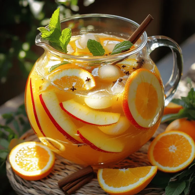 To make this spiced apple cider punch, gather these simple ingredients: - 4 cups apple cider - 1 cup orange juice - 2 cups sparkling water - 1 tablespoon cinnamon - 1 teaspoon nutmeg - 1 teaspoon allspice - ½ cup brown sugar (adjust to taste) - 1 orange, sliced - 1 apple, sliced - 6-8 whole cloves - Ice cubes - Fresh mint leaves for garnish You can make your punch special with some fun additions: - Add a splash of cranberry juice for a tangy twist. - Try ginger slices for a spicy kick. - Mix in pomegranate seeds for a pop of color. - Use different herbs like rosemary for a unique taste. Quality matters when making this drink. Here’s what to keep in mind: - Use fresh apple cider for the best flavor. - Freshly squeezed orange juice adds a bright note. - Choose sparkling water with no added sugars to keep it light. - Use whole spices for a richer taste; ground spices lose flavor quickly. - Always pick ripe fruits for slicing; they enhance the drink's sweetness. Making Spiced Apple Cider Punch is simple and quick. You’ll need about 25 minutes. Gather all your ingredients before you start. This way, you can move smoothly from one step to the next. You will create a warm, spiced drink that is perfect for any gathering. 1. Start by taking a large pot. Add 4 cups of apple cider, 1 cup of orange juice, 1 tablespoon of cinnamon, 1 teaspoon of nutmeg, and 1 teaspoon of allspice. Mix these well. 2. Now, add ½ cup of brown sugar. This will bring a nice sweetness to the punch. Stir the mix over medium heat until it gets hot, but don’t let it boil. Keep stirring to help the sugar dissolve. 3. After it heats, it's time to add flavor. Toss in 6 to 8 whole cloves and the sliced orange and apple. Leave the pot off the heat and let it steep for about 15 minutes. This step helps the spices and fruit flavors blend well. 4. Once steeped, use a slotted spoon to remove the cloves, orange, and apple slices. This keeps your punch smooth and easy to drink. 5. Right before serving, stir in 2 cups of sparkling water. This adds a refreshing fizz. Then, add ice cubes to chill the punch. 6. Taste it! If you want it sweeter, add a little more brown sugar. Just stir it in until it dissolves. 7. Serve the punch in glasses. You can garnish each glass with fresh mint leaves and more fruit slices for a nice touch. Watch the heat closely. Medium heat is key. If it gets too hot, the mix can boil. Boiling can change the flavors, making it less tasty. Stir often to ensure even heating. When you see steam, you’re at the right temperature. Keep it warm but not boiling for the best flavor. To make the best Spiced Apple Cider Punch, focus on balance. Start with fresh apple cider. The sweetness of the cider should blend well with the tartness of the orange juice. Use just the right amount of spices. Too much cinnamon can overpower the drink. I like to keep it simple. Stick to one tablespoon of cinnamon, one teaspoon of nutmeg, and one teaspoon of allspice for a warm, cozy flavor. Adjust the brown sugar to meet your taste. You want it sweet but not too sweet. When serving this punch, presentation matters. Use clear glasses to show off the vibrant colors. Add ice cubes just before serving. This keeps the drink cold without diluting the flavors too quickly. Garnish each glass with mint leaves and extra fruit slices. It adds a fresh look and aroma. For larger gatherings, serve the punch in a big bowl. Guests can help themselves, making it fun and easy. To make your punch even more festive, consider adding some extra touches. You can add whole cloves and orange slices for a beautiful look. For a fun twist, try adding a splash of cranberry juice. This will give a nice color and flavor. If you want to make it a warm drink, serve it right from the pot. Just keep it on low heat. This way, guests can enjoy it hot, which is perfect for chilly days. {{image_2}} You can switch up the flavors in your Spiced Apple Cider Punch. For a fun twist, add cranberry juice. It brings a tartness that pairs well with the spices. You can also try pear juice for a smooth and sweet flavor. Mixing in some pomegranate juice adds a rich color and taste. Fresh fruits like berries or even pineapple can give the punch a tropical feel. Each juice adds its own flair, so feel free to get creative! This punch works for everyone. For a non-alcoholic version, stick with the original recipe. The warm spices and sweet flavors are perfect for all ages. If you want an adult drink, add some rum or bourbon. Start with a cup of alcohol and adjust to your taste. It adds warmth and depth to the drink. Just remember to serve responsibly and enjoy the cheers! You can change the punch with seasonal spices. In fall, add a dash of ginger for a zesty kick. During winter, try using star anise or cardamom for warmth. In spring, fresh herbs like basil or rosemary can make it bright. You can also swap in seasonal fruits like berries in summer. Each season brings its own flavors, making this punch a year-round delight! I recommend storing leftover spiced apple cider punch in an airtight container. Use a large jar or pitcher with a lid. Make sure to chill it in the fridge. This helps keep it fresh and tasty. Just remember, it’s best to store the punch without the sparkling water. This way, it won’t lose its fizz. If you want to enjoy warm punch later, heat it gently. Pour the leftover punch into a pot. Use low heat to warm it up. Stir occasionally to mix the flavors. Avoid boiling, as this can change the taste. If you want it colder, add ice cubes right before serving. To keep your punch fresh, follow these tips: - Use fresh ingredients like apples and oranges. - Store the punch in the fridge and use it within three days. - When serving, add sparkling water just before pouring. This keeps the fizz. - Always taste before serving, as flavors can change in the fridge. Spiced Apple Cider Punch lasts about 3 to 5 days in the fridge. To keep it fresh, store it in a sealed container. The flavors may change over time, so drink it soon for the best taste. Yes, you can make this punch ahead of time. I suggest making the base without the sparkling water. Store it in the fridge. Just before serving, add the sparkling water and ice. This keeps the fizz fresh and fun. Yes, you can adjust the sweetness easily. To make it sweeter, add more brown sugar. Start with a tablespoon and taste. For less sweetness, reduce the amount of sugar or use less sweet juice. Adjust until it tastes just right for you. This blog covered how to create a delightful Spiced Apple Cider Punch. We went over the key ingredients, cooking steps, and tips for perfect flavor. You now have serving ideas and variations for any occasion. Storing and reheating methods ensure this punch stays fresh. Enjoy crafting your punch with confidence. Experiment with flavors, and make it your own!