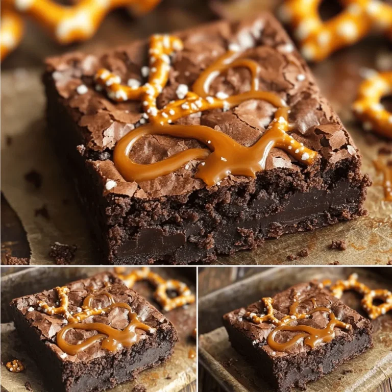 To make these salted caramel pretzel brownies, you will need: - 1 cup unsalted butter (2 sticks) - 2 cups granulated sugar - 4 large eggs - 1 teaspoon vanilla extract - 1 cup all-purpose flour - 1 cup unsweetened cocoa powder - 1 teaspoon baking powder - 1/2 teaspoon salt - 1 cup chocolate chips - 1 cup crushed pretzels - 1 cup salted caramel sauce If you have allergies or dietary needs, here are some easy swaps: - Butter: Use coconut oil or vegan butter for dairy-free brownies. - Eggs: Replace with 1/4 cup unsweetened applesauce per egg for a vegan option. - All-purpose flour: Try almond flour for a gluten-free choice. - Chocolate chips: Use dairy-free chocolate chips to avoid milk. - Salted caramel sauce: Make your own with coconut cream for a dairy-free version. Choosing high-quality brands can make a big difference in flavor: - Unsalted butter: I recommend Kerrygold for its rich taste. - Granulated sugar: C&H Sugar is a reliable choice. - Cocoa powder: Look for Ghirardelli for deep chocolate flavor. - Chocolate chips: Guittard or Enjoy Life are great options. - Pretzels: Snyder's of Hanover offers a tasty, crunchy pretzel. - Salted caramel sauce: Stonewall Kitchen makes a delicious, ready-to-use sauce. Start by preheating your oven to 350°F (175°C). While it warms up, grab a 9x13-inch baking pan. Grease it well or line it with parchment paper. The parchment helps with easy removal later. This step is key for a smooth baking process. In a medium saucepan, melt 1 cup of unsalted butter over low heat. Stir it often to keep it from browning. Once melted, take it off the heat. In a large mixing bowl, combine the butter with 2 cups of granulated sugar. Mix until it looks smooth. Now, add 4 large eggs one at a time. Make sure each egg is well mixed in before adding the next. Stir in 1 teaspoon of vanilla extract. In another bowl, sift together 1 cup of all-purpose flour, 1 cup of unsweetened cocoa powder, 1 teaspoon of baking powder, and 1/2 teaspoon of salt. Gradually fold these dry ingredients into the wet mixture. Be gentle! You want to mix just until everything is combined. Overmixing can make your brownies tough. Next, stir in 1 cup of chocolate chips and 1 cup of crushed pretzels. Save a handful of pretzels for later. This adds a nice crunch to the top! Pour half of the brownie batter into your prepared pan. Spread it evenly across the bottom. Drizzle half of the salted caramel sauce on top. Use a knife to swirl it gently into the batter. Now, add the rest of the brownie batter on top. Spread it out evenly again. Drizzle the remaining caramel sauce on top and sprinkle the saved pretzel pieces. Bake your brownies in the preheated oven for 25 to 30 minutes. Check them with a toothpick. It should come out with moist crumbs, not wet batter. Once baked, let them cool in the pan for at least 15 minutes. After that, transfer them to a wire rack to cool completely before cutting them into squares. For an extra touch, sprinkle a little sea salt on top! To get soft, fudgy brownies, start with melted butter. Melt it slowly to avoid browning. Mix it well with sugar until smooth. Add eggs one at a time. This helps the batter blend well. After mixing in the dry ingredients, stop as soon as they come together. Overmixing can lead to tough brownies. Salted caramel adds a nice twist. It brings out the sweetness of the brownies. To balance flavors, add just enough salt. A sprinkle of sea salt on top enhances the taste. The salty pretzels also help balance the sweet caramel. Taste your batter before baking to adjust flavors if needed. Let the brownies cool before cutting. Cooling helps them set. Use a sharp knife for clean cuts. Wipe the knife with a damp cloth after each cut. This keeps edges neat. For a fun touch, top each piece with a tiny bit of extra caramel sauce. This makes each bite special! {{image_2}} You can make these brownies gluten-free! Replace the all-purpose flour with a gluten-free blend. Many stores sell easy-to-use mixes that work well. Just check that your baking powder is also gluten-free. Your brownies will still taste rich and delicious! Feel free to mix things up! Try using chopped nuts like walnuts or pecans. You can also add a layer of peanut butter or cream cheese for a tasty twist. Instead of pretzels, use crushed cookies for a fun crunch. Experiment with different flavors to find your favorite combo! If you're short on time, I have a fast method for you. Use a box brownie mix instead of making batter from scratch. Just add the crushed pretzels and salted caramel sauce as directed. This will save you time while still giving you that delightful sweet and salty taste! To keep your salted caramel pretzel brownies fresh, store them in an airtight container. Place parchment paper between layers to prevent sticking. They will stay good at room temperature for up to four days. If you want them to last longer, refrigerate them. Just remember that chilling might change the texture a bit. Freezing brownies is easy and a great way to save some for later. Cut the brownies into squares before freezing. Wrap each piece in plastic wrap and then place them in a freezer bag. They can last for up to three months in the freezer. When you’re ready to enjoy, simply thaw them in the fridge overnight or at room temperature for a few hours. To warm up your brownies, preheat your oven to 350°F (175°C). Place the brownies on a baking sheet and cover them with foil. Heat for about 10 minutes. This will help them regain their soft texture. You can also use the microwave. Heat a single brownie on medium power for about 15-20 seconds. Enjoy the gooey goodness! To make brownies fudgier, add extra fat. You can use more butter or some oil. Try adding an extra egg too. Another tip is to bake them for less time. Check them early, around 20 minutes. They should look set but soft in the middle. Yes, you can use many types of chocolate chips! Dark chocolate chips add a rich taste. Milk chocolate chips make them sweeter. You can even mix them. Try white chocolate chips for a fun twist. Just keep the amount the same, about one cup. If your brownies are too dry, check your baking time. They may have baked too long. You can also add a little water or milk. Another option is to serve them with ice cream or whipped cream. This adds moisture and makes them taste great! This blog post covered all you need to know for baking brownies. We listed key ingredients, offered allergen swaps, and shared brand suggestions. I outlined step-by-step instructions for perfect preparation. You learned tips for texture, flavor balance, and cutting techniques. We also explored gluten-free options and quick versions for busy days. Finally, you got storage tips to keep brownies fresh. With this knowledge, you can create delicious brownies every time. Enjoy the process and share your tasty treats!