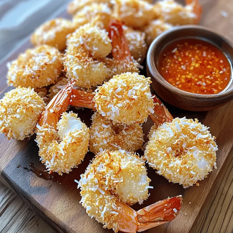 - 1 lb large shrimp, peeled and deveined - 1 cup shredded coconut (sweetened or unsweetened, as preferred) - 1 cup panko breadcrumbs - 1 teaspoon garlic powder - 1 teaspoon paprika - 1/2 teaspoon salt - 1/2 teaspoon black pepper - 1/4 teaspoon cayenne pepper (optional, for heat) - 1/2 cup all-purpose flour - 2 large eggs - Optional heat element (cayenne pepper) You need fresh, large shrimp for this recipe. They should be peeled and deveined for the best taste and texture. The shrimp will provide a great base for flavor. Shredded coconut adds a nice crunch and sweetness. You can choose sweetened or unsweetened coconut based on your taste. Panko breadcrumbs are key for that crispy texture. They help the shrimp bite stay light and airy. Next, we have the seasonings. Garlic powder and paprika give depth to the flavor. The salt and black pepper enhance the shrimp taste. If you want a kick, add cayenne pepper. It brings that extra heat, but it’s not a must. For coating, all-purpose flour helps the shrimp stick to the egg and then to the breading. The eggs create a wet layer. It’s important for binding everything together. Remember, this is all about layers for that perfect crunch! Preheating your air fryer is key. It helps the shrimp cook evenly. Set it to 400°F (200°C) for about 5 minutes. This ensures a crispy finish. You need three shallow bowls for the breading. - In the first bowl, mix: - 1/2 cup all-purpose flour - 1 teaspoon garlic powder - 1 teaspoon paprika - 1/2 teaspoon salt - 1/2 teaspoon black pepper - 1/4 teaspoon cayenne pepper (optional) - In the second bowl, beat 2 large eggs. - In the third bowl, combine: - 1 cup shredded coconut - 1 cup panko breadcrumbs Mix these well so they are ready for the shrimp. Coating shrimp is simple. 1. Take a shrimp and dip it in the flour mixture. 2. Shake off any extra flour. 3. Next, dip it into the beaten eggs. 4. Finally, coat it in the coconut-panko mix. Press lightly so it sticks. Repeat this for all the shrimp. Make sure each one is fully covered for the best crunch. Now, it’s time to cook! - First, spray the air fryer basket with cooking spray to keep the shrimp from sticking. - Arrange the breaded shrimp in a single layer. Don’t overcrowd them; this helps them cook evenly. You may need to do this in batches. Air fry the shrimp at 400°F (200°C) for 8-10 minutes. Flip them halfway through for even cooking. They should be golden brown and crispy when done. Serving these shrimp bites is fun! - Pair them with dipping sauces like sweet chili or tangy lime aioli. - For a nice touch, serve on a plate with fresh herbs or lime wedges around them. This adds color and flavor. Enjoy! To get that perfect crunchy bite, use spray oil. A light coat helps the coating crisp up. The air fryer needs to be set at 400°F (200°C). This temperature cooks the shrimp evenly and makes them golden brown. Cook for about 8-10 minutes. Flip halfway for a nice, even crust. Do not overcrowd the air fryer basket. Giving each shrimp space allows hot air to flow around them. This helps to cook them evenly. Flip the shrimp halfway through cooking. This ensures both sides get that beautiful golden color. Feel free to adjust the seasonings. Add more garlic powder or cayenne for a kick. You can also swap shrimp for chicken or tofu. This gives you more options and flavors. Experiment with different proteins for your own twist. {{image_2}} You can switch up the breading for your shrimp. Regular breadcrumbs work well if you want a classic crunch. Just swap the panko for standard breadcrumbs. They may not be as light, but they still taste great. If you need a gluten-free option, try using gluten-free breadcrumbs. Many brands offer these, and they work just as well. You won't lose that crispy texture! Adding herbs or spices can elevate your shrimp bites. Try mixing in some dried parsley or cilantro for a fresh kick. You can also add spices like cumin or chili powder for a bolder taste. If you want something sweet, consider using a hint of cinnamon or a drizzle of honey. This can balance the coconut's flavor nicely. Just make sure you keep your flavors in harmony. Air frying is a fantastic way to cook these shrimp bites. It gives them a crispy finish without deep frying. But you can also bake them in the oven. Set your oven to 400°F (200°C) and bake for about 12-15 minutes, flipping halfway through. If you don't have an air fryer or oven, you can use a stovetop skillet. Just add some oil and cook on medium heat until they are golden brown. Each method has its charm, so feel free to experiment! To keep your crispy coconut shrimp bites fresh, place them in the fridge. Use airtight containers for best results. Make sure the shrimp cool completely before sealing. This helps avoid moisture buildup which can make them soggy. Reheating is easy and can keep your shrimp crispy. The best method is using the air fryer. Preheat the air fryer to 350°F (175°C). Place the shrimp inside for about 5-7 minutes. Check them often to ensure they don’t overcook. This method keeps them crunchy and delicious. If you want to save some shrimp for later, freezing is a great choice. First, let the shrimp cool fully. Then, place them in a freezer-safe bag. Remove as much air as possible before sealing. To reheat, thaw the shrimp in the fridge overnight. Once thawed, follow the reheating instructions above to enjoy them again. Yes, you can use frozen shrimp. Just remember to thaw them first. Thawing shrimp takes about 12 to 24 hours in the fridge. If you need them fast, place them in a bowl of cold water for about 15-20 minutes. Once thawed, pat them dry with paper towels. This step helps the coating stick better. To add some heat, try these tips: - Mix in extra cayenne pepper with the flour. - Add hot sauce to the beaten eggs. - Serve with a spicy dipping sauce. These choices will bring a nice kick to your shrimp bites. These shrimp bites pair well with many sides: - Sweet chili sauce for dipping. - A fresh salad with lime dressing. - Steamed rice or quinoa for a filling meal. - Tropical fruit salsa for a fruity touch. These options complement the flavors of the shrimp nicely. Leftovers will stay good for about 2-3 days in the fridge. Store them in an airtight container to keep them fresh. Reheat them in the air fryer for about 4-5 minutes at 350°F (175°C). This method helps them stay crispy. Always check for any off smells before eating leftovers. In this post, we explored how to make crispy air fryer coconut shrimp. We covered key ingredients and step-by-step instructions. I shared tips for perfecting texture and even cooking. You can customize your shrimp easily and keep leftovers fresh. Remember to try different seasonings and cooking methods. Experimenting can bring you new flavors. Enjoy your delicious shrimp bites, and don’t hesitate to share your results with friends!