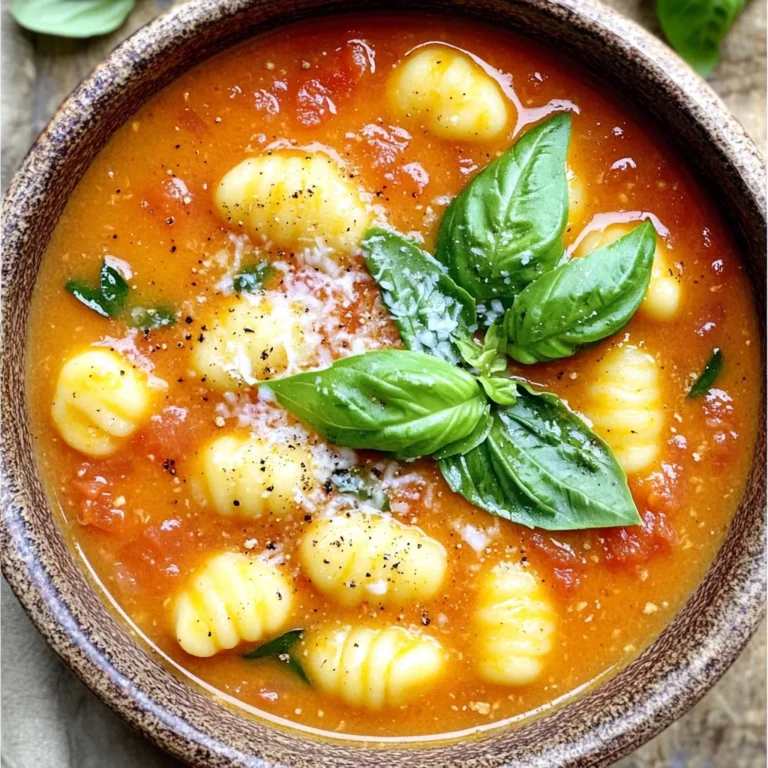 - 1 tablespoon olive oil - 1 medium onion, diced - 2 cloves garlic, minced - 1 can (14 oz) crushed tomatoes - 4 cups vegetable broth - 1 package (16 oz) gnocchi - 1 cup fresh basil leaves, torn - 1 teaspoon dried oregano - 1 cup heavy cream or coconut cream - Grated Parmesan cheese (optional) - Salt and pepper I love using fresh and simple ingredients for this Tomato Basil Gnocchi Soup. Each ingredient plays a key role in building flavor. First, olive oil adds richness and helps cook the onion and garlic. The onion brings sweetness, while garlic adds a fragrant touch. Crushed tomatoes give the soup its base and vibrant color. Vegetable broth adds depth and warmth. Gnocchi, which is soft and pillowy, makes this soup hearty. Fresh basil is a must for a bright and aromatic finish. It pairs perfectly with the dried oregano. Heavy cream or coconut cream makes the soup creamy and smooth. If you like cheese, add grated Parmesan for extra flavor. Salt and pepper highlight all the tastes. Gather these ingredients for a comforting meal that warms the soul. - Sautéing onions and garlic Start by heating the olive oil in a large pot over medium heat. Add the diced onion. Cook for about 5 minutes until it softens. Next, stir in the minced garlic and cook for 1 more minute. You want the garlic to smell great, but don’t let it burn. - Combining ingredients Now, pour in the crushed tomatoes and vegetable broth. Stir until everything mixes well. Add the gnocchi, dried oregano, salt, and pepper. Bring the soup to a gentle simmer. Let it cook for 5-7 minutes, or until the gnocchi are tender. - Cooking gnocchi Keep an eye on the gnocchi. They will float when done. This means they are ready to eat! - Adding cream and basil Lower the heat and stir in the heavy cream or coconut cream. Then, add the torn basil leaves. Let the soup heat through for about 2-3 minutes. This gives it a rich taste and amazing aroma. - Adjusting seasoning Taste your soup and adjust the seasoning if needed. Add more salt or pepper based on your liking. This step makes sure every bite is perfect. - Serving suggestions Serve the soup hot. Top it with grated Parmesan cheese if you like. Add fresh basil leaves on top for a pop of color. Enjoy your comforting bowl of Tomato Basil Gnocchi Soup! How to know when gnocchi are done Gnocchi cook quickly, usually in about 5 to 7 minutes. They float to the top when done. If they sink, give them a little more time. The texture should be soft but not mushy. Taste one to check. You want that perfect chewy bite. Best practices for sautéing Start with medium heat. This lets the onions soften without burning. Stir occasionally for even cooking. When you add garlic, keep a close eye. It cooks fast and can burn easily. You want it fragrant, not brown. Dairy-free alternatives If you want a dairy-free version, use coconut cream. It adds creaminess without dairy. Almond milk or oat milk can also work, but they might change the flavor a bit. Adjust the seasoning to keep it tasty. Fresh vs. dried herbs Fresh basil gives a bright taste. Use about three times more fresh than dried. If you only have dried oregano, that’s fine too. It still adds great flavor. Just remember, dried herbs are stronger, so use them wisely. {{image_2}} You can make this soup even more delightful. One easy way is to add protein. Chicken or sausage works great. Cook the meat first, then add it to the pot. This adds flavor and makes the meal heartier. If you like heat, try adding chili flakes. Just a pinch can spice things up. You can adjust the amount based on your taste. This small change can transform your soup into a warm hug on a chilly day. For those who need gluten-free options, there are choices. Many stores sell gluten-free gnocchi. You can easily swap regular gnocchi for this option. It keeps the soup tasty and safe for everyone. If you want a vegan version, it's simple. Use coconut cream instead of heavy cream. This keeps the soup creamy without dairy. You can also skip the cheese for a fully plant-based meal. These changes ensure that everyone can enjoy this comforting soup. To store your leftover soup, let it cool first. Use an airtight container to keep it fresh. This soup lasts about 3 to 4 days in the fridge. When you want to eat it again, reheat it on the stove. Stir it often to warm it evenly. You can also use a microwave, but the stove gives better taste. To freeze gnocchi soup, allow it to cool completely. Pour it into freezer-safe bags or containers. Leave some space at the top for expansion. This soup can be frozen for up to 3 months. When you’re ready to eat, thaw it in the fridge overnight. Reheat it on the stove, adding a bit of broth if needed. Stir well to get the right texture again. Can I make this soup in advance? Yes, you can make the soup ahead of time. Just follow the recipe and cool it down. Store it in a sealed container. When you are ready to eat, warm it up on the stove. This soup tastes even better after a day in the fridge! How long does it last in the fridge? The soup lasts for about 3 to 4 days in the fridge. Keep it in an airtight container. Always check for any signs of spoilage before eating. What can I pair with Tomato Basil Gnocchi Soup? This soup pairs well with crusty bread or a fresh salad. Garlic bread is also a great choice to soak up the delicious broth. You can even serve it with a sprinkle of extra cheese on top. Is this recipe suitable for meal prepping? Yes, this recipe is great for meal prepping. You can make a big batch and portion it out. Just store each portion in a container. Reheat it when you are ready to enjoy a warm meal. This blog shared a simple recipe for Tomato Basil Gnocchi Soup. I covered the ingredients, cooking steps, and tips for a tasty dish. You learned how to sauté and combine flavors, plus variations and storage tips. Remember, you can adapt this recipe to fit your needs. Get creative with ingredients and try new flavors. Enjoy making this comforting soup for yourself or your family. Happy cooking!