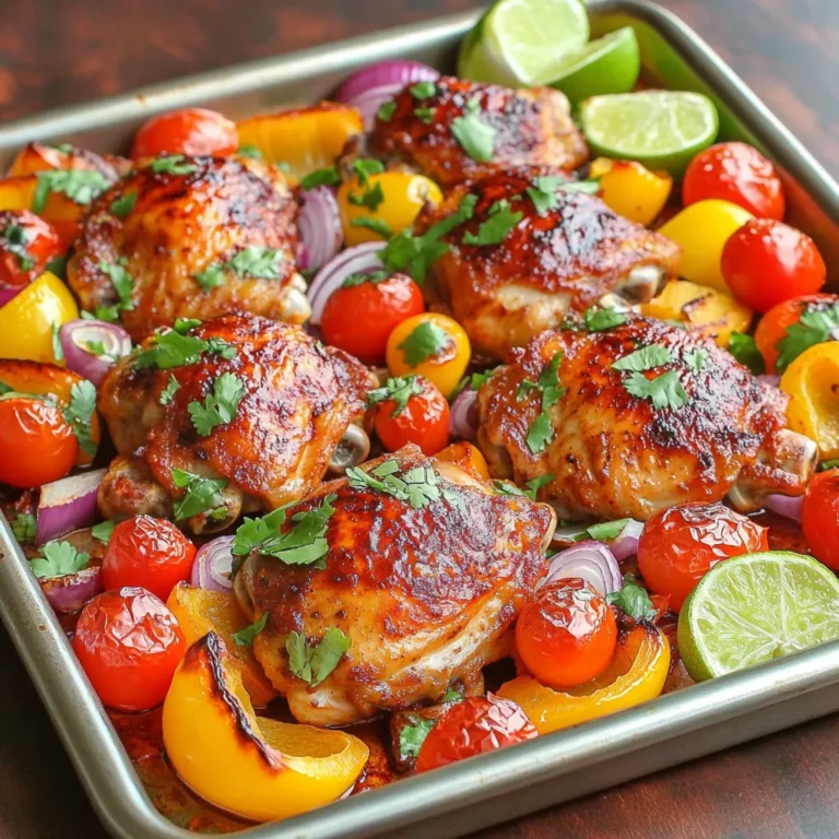 - 4 boneless, skinless chicken thighs - 2 tablespoons chipotle adobo sauce - 1 tablespoon smoked paprika - 1 teaspoon garlic powder - 1 teaspoon onion powder - 1 tablespoon olive oil - Salt and pepper to taste - 1 red bell pepper, sliced - 1 yellow bell pepper, sliced - 1 red onion, cut into wedges - 1 cup cherry tomatoes, halved - Fresh cilantro, for garnish - Lime wedges, for serving The star of this dish is the chicken thighs. They stay juicy and tender while roasting. The chipotle adobo sauce gives the chicken a smoky, spicy kick. You can find this sauce in most grocery stores. Next, the smoked paprika adds depth. It enhances the flavor and gives a nice color. Garlic and onion powders bring in that savory touch. They make everything taste better! Then, we have fresh vegetables. Red and yellow bell peppers add sweetness and crunch. The red onion gives a mild bite. Cherry tomatoes burst with juice and flavor. Together, they roast beautifully and soak up the chicken's tasty juices. For garnishing, fresh cilantro adds a bright flavor. It pairs well with the smokiness. Lime wedges on the side are perfect for squeezing over your meal. They balance the dish with a zesty kick. Gather these ingredients, and you're ready to create a smoky chipotle chicken sheet pan meal that everyone will love! To start, you need to marinate the chicken thighs. In a large bowl, mix chipotle adobo sauce, smoked paprika, garlic powder, onion powder, olive oil, salt, and pepper. This mix gives the chicken a rich flavor. Once you have the marinade ready, add the chicken thighs. Make sure each thigh gets a nice coat of the sauce. Let the chicken sit for at least 15 minutes. If you have time, marinate it overnight. This step makes the flavors even better. Next, it’s time to prepare the vegetables. Choose fresh red and yellow bell peppers, a red onion, and some cherry tomatoes. Slice the peppers and cut the onion into wedges. Place them on a large sheet pan. Drizzle some olive oil over the veggies and sprinkle with salt and pepper. Toss everything to ensure they are well coated. This simple step makes the vegetables tasty and bright. Now, let’s roast everything together! Preheat your oven to 425°F (220°C). Make space on the sheet pan for the marinated chicken thighs. Place them among the seasoned veggies. Drizzle any leftover marinade from the bowl over the vegetables. This adds even more flavor. Roast the pan in the oven for 25-30 minutes. The chicken should be cooked through, reaching an internal temperature of 165°F (74°C). The veggies should become tender and slightly charred. To check for doneness, use a meat thermometer for the chicken. Once it’s done, take the pan out and let it sit for a few minutes. This allows the juices to settle, making every bite juicy and delicious. For the best flavor, marinate the chicken for at least 15 minutes. If you can, let it sit overnight. This gives the spices time to soak into the meat. When you add the chicken to the marinade, make sure each piece is well coated. This ensures every bite is packed with flavor. To get great roasted veggies, cut them into even pieces. This helps them cook evenly. Toss them with olive oil, salt, and pepper before roasting. This adds flavor and helps them brown nicely. To keep chicken juicy, don’t overcook it. Use a meat thermometer to check the internal temperature. It should reach 165°F (74°C). Fresh herbs really brighten up the dish. I love using cilantro for its fresh taste. Just sprinkle it on right before serving. Lime wedges are also a must. They add a nice zing when squeezed over the chicken and veggies. This touch enhances the smoky flavor and makes it more vibrant. {{image_2}} You can switch out chicken thighs for other cuts of meat. Chicken breasts work well, but they can dry out faster. For a more juicy option, try chicken drumsticks. If you want a vegan or vegetarian meal, use firm tofu or tempeh. Marinate the tofu just like the chicken. You can also use hearty veggies like portobello mushrooms or eggplant. To make the dish even better, add spices like cumin or cayenne pepper. These spices can boost the heat and flavor. If you enjoy a smoky taste, consider adding more smoked paprika. Mix in different vegetables for variety. Zucchini, carrots, or even sweet potatoes can change the dish. Each veggie adds its own twist, making it unique. You can grill the chicken for a smoky flavor. Just marinate as usual and place it on the grill. Cook until the chicken reaches 165°F. If you prefer baking, the sheet pan method works great. It allows the veggies to roast nicely, mixing their flavors with the chicken. For a slow cooker version, marinate the chicken and veggies. Place them in the slow cooker on low for about 6 hours. This method keeps everything juicy and tender. To store leftovers, let the dish cool first. Place the chicken and veggies in an airtight container. This helps keep the flavors fresh. Your leftovers will last about 3 to 4 days in the fridge. For reheating, I recommend using the oven. Preheat it to 350°F (175°C). Place the chicken and veggies on a baking sheet. Heat for about 15-20 minutes. This method helps keep the chicken juicy. If using a microwave, cover the dish to keep moisture in. Add a splash of water to prevent dryness. To freeze the dish, let it cool completely. Place chicken and veggies in freezer-safe bags. Squeeze out as much air as possible. You can freeze it for up to 3 months. When ready to eat, thaw it in the fridge overnight. For quick thawing, you can use the microwave’s defrost setting. To make the chicken spicier, add more chipotle adobo sauce. You can also mix in some cayenne pepper. Another great option is to add fresh jalapeños. Adjust the heat to your taste. Remember, start small and taste as you go. Yes, you can use boneless, skinless chicken breasts. However, they cook faster than thighs. Check them after 20 minutes. The flavor will be milder too, so consider adding more spice. Keep an eye on the internal temperature to avoid dryness. Pair this chicken with rice or quinoa for a filling meal. Grilled corn or a fresh salad works well too. Roasted potatoes can complement the smoky flavor nicely. You can also serve with warm tortillas for a fun twist. To know if the chicken is done, check the internal temperature. It should reach 165°F (74°C). Use a meat thermometer for best results. Cut into the thickest part of the chicken; the juices should run clear, not pink. You've learned how to make smoky chipotle chicken with fresh veggies. We explored key ingredients, marination techniques, and cooking tips. Remember to store your leftovers properly and reheat them with care. Feel free to try different vegetables or cooking methods for variety. Whether you stick with chicken thighs or switch to a plant-based option, this dish remains versatile. Enjoy your delicious meals and share them with others!
