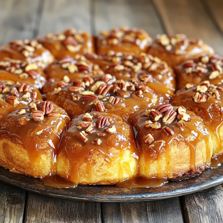 To make the dough for these sticky buns, you need: - 4 cups all-purpose flour - 1/4 cup granulated sugar - 1 packet (2 1/4 teaspoons) active dry yeast - 1 teaspoon salt - 1/2 cup milk, warmed - 1/2 cup water, warmed - 1/2 cup unsalted butter, melted - 2 large eggs - 1 teaspoon vanilla extract The warm milk and water help activate the yeast. The flour provides the main structure. The sugar adds sweetness, and the eggs make the dough rich and fluffy. For the caramel, gather these ingredients: - 1 cup brown sugar - 1/2 cup unsalted butter (for caramel) - 1/3 cup maple syrup - 1 teaspoon cinnamon - Pinch of salt This caramel brings a rich flavor and sticky texture. The maple syrup adds a nice depth to the sweetness. Feel free to get creative with these extras: - 1 cup pecans, chopped Pecans add crunch and a nutty flavor. You can also try different nuts or even chocolate chips for a fun twist. To start, mix the warm milk, warm water, and active dry yeast in a large bowl. Let it rest for five minutes until it gets frothy. This shows the yeast is active. In another bowl, combine the all-purpose flour, granulated sugar, and salt. Gradually mix in the melted butter, eggs, and vanilla extract with the yeast mixture. Then, stir in the dry ingredients until a dough forms. Knead the dough on a floured surface for five to seven minutes until it feels smooth. Place it in a greased bowl, cover it with a cloth, and let it rise in a warm spot for about one hour, or until it doubles in size. While your dough rises, it’s time for the caramel. In a small saucepan, melt the unsalted butter for the caramel. After it melts, add the brown sugar, maple syrup, and a pinch of salt. Cook this mixture over medium heat. Stir it well until it thickens slightly, then take it off the heat. Pour the caramel into a greased 9x13-inch baking dish. Evenly sprinkle the chopped pecans over the caramel. Once your dough has risen, roll it out on a lightly floured surface into a rectangle, about 12x18 inches. Brush the remaining melted butter over the dough. In a small bowl, mix the brown sugar and cinnamon together. Sprinkle this mixture evenly over the buttered dough. Roll the dough tightly from the long edge into a log shape. Cut the log into 12 equal pieces. Place these cut rolls in the baking dish on top of the caramel, leaving a little space between each roll. Cover them and let them rise for another 30 minutes. Preheat your oven to 350°F (175°C). Bake the sticky buns for 25 to 30 minutes. They should turn golden brown. If they brown too quickly, cover them with foil. When done, remove them from the oven. Invert the baking dish onto a large serving platter so the caramel is on top. Enjoy every delicious bite! To make great dough, start with warm liquids. This helps activate the yeast. I recommend using a thermometer to ensure the milk and water are around 110°F (43°C). Next, knead the dough well. A good knead makes the dough smooth and elastic. Let it rise in a warm spot. A cozy, draft-free area helps it grow. Cover it with a cloth to keep it warm. The caramel should be thick but pourable. Cook it over medium heat. Stir constantly to prevent burning. If you want a deeper flavor, add a splash of vanilla or a hint of bourbon. The maple syrup adds a nice touch, but feel free to use honey for a different taste. A pinch of salt brings out the sweetness. Preheat your oven to 350°F (175°C) before placing the buns inside. This ensures even baking. Bake for 25-30 minutes until they are golden brown. If they brown too fast, cover them with foil. Let them cool for a few minutes before flipping them over. This helps the caramel set nicely on top. {{image_2}} If you want to make nut-free sticky buns, skip the pecans. You can use seeds instead. Sunflower seeds or pumpkin seeds add great crunch. Just sprinkle them on top of the caramel. This swap keeps the taste rich and delicious. Mix up the flavors to suit your taste! You can add different spices. Try nutmeg or allspice for a warm twist. You can also change the vanilla extract. Almond extract gives a lovely hint of flavor. Just use a teaspoon, as it’s stronger than vanilla. Want to prep ahead? Make the sticky buns the night before! After cutting the rolls, place them in the baking dish. Cover and chill them in the fridge overnight. In the morning, let them rise for about an hour. Then bake as usual. It’s an easy way to enjoy fresh buns with less morning stress. To keep your leftover caramel pecan sticky buns fresh, place them in an airtight container. You can also wrap them tightly in plastic wrap. This helps prevent them from drying out. Store the buns at room temperature for up to two days. If you want to keep them longer, refrigeration is an option, but it may change the texture slightly. Freezing is a great way to save your sticky buns for later. Allow the buns to cool completely first. Then, wrap each bun in plastic wrap. Place them in a freezer-safe bag or container. They will stay fresh for up to three months in the freezer. Label the bag with the date to keep track of freshness. To reheat your sticky buns, take them out of the fridge or freezer. If frozen, let them thaw in the fridge overnight. Preheat your oven to 350°F (175°C). Place the buns on a baking sheet, covering them with foil. Heat for about 10-15 minutes until warmed through. You can also microwave them for 15-20 seconds if you prefer a quicker method. Enjoy them warm for the best taste! Yes, you can use instant yeast. It works well too. Instant yeast does not need to be dissolved in liquid first. You can mix it directly into your dry ingredients. Use the same amount as active dry yeast. This can save time in your prep. To reduce sweetness, cut back on brown sugar. You can use less in the filling. Also, try adding more cinnamon for flavor. This will balance the sweet taste. Consider using dark chocolate chips instead of sweet toppings. They will give a richer flavor and less sweetness. If you need a substitute for pecans, try walnuts or almonds. Both will add a nice crunch. You can also use sunflower seeds for a nut-free option. Each alternative will change the flavor slightly but still taste great. Yes, you can make these buns dairy-free. Use plant-based milk like almond or oat milk. Replace unsalted butter with dairy-free margarine or coconut oil. Many dairy-free options work well in this recipe. You won’t lose any of the delicious flavors. Making sticky buns involves a few key steps and some yummy ingredients. You mix the dough, create a rich caramel, and put it all together for a delightful treat. Remember the tips to perfect your buns, like baking times and ingredient swaps. You can store leftovers or freeze them for later. Experiment with flavors and variations, like nut-free options or different spices. Enjoy the fun of baking these sticky buns! Happy baking!