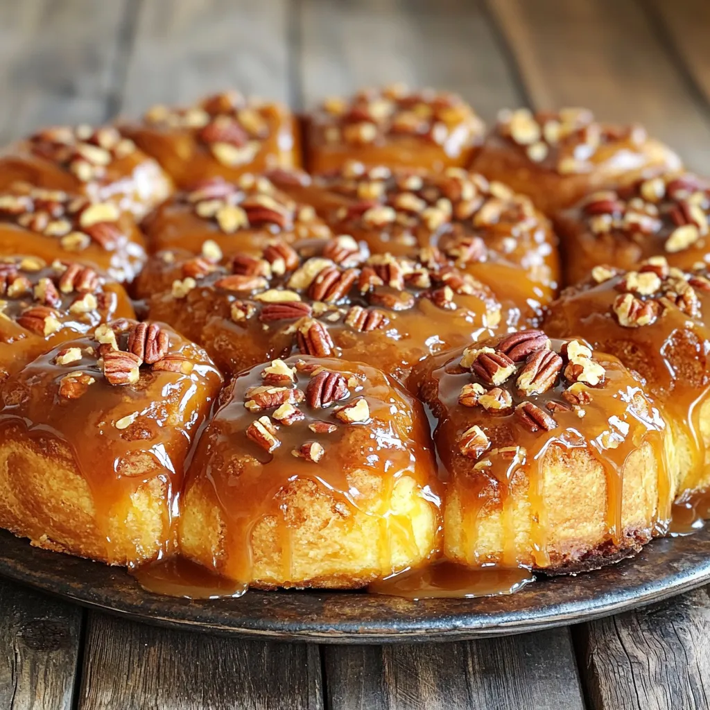 To make the dough for these sticky buns, you need: - 4 cups all-purpose flour - 1/4 cup granulated sugar - 1 packet (2 1/4 teaspoons) active dry yeast - 1 teaspoon salt - 1/2 cup milk, warmed - 1/2 cup water, warmed - 1/2 cup unsalted butter, melted - 2 large eggs - 1 teaspoon vanilla extract The warm milk and water help activate the yeast. The flour provides the main structure. The sugar adds sweetness, and the eggs make the dough rich and fluffy. For the caramel, gather these ingredients: - 1 cup brown sugar - 1/2 cup unsalted butter (for caramel) - 1/3 cup maple syrup - 1 teaspoon cinnamon - Pinch of salt This caramel brings a rich flavor and sticky texture. The maple syrup adds a nice depth to the sweetness. Feel free to get creative with these extras: - 1 cup pecans, chopped Pecans add crunch and a nutty flavor. You can also try different nuts or even chocolate chips for a fun twist. To start, mix the warm milk, warm water, and active dry yeast in a large bowl. Let it rest for five minutes until it gets frothy. This shows the yeast is active. In another bowl, combine the all-purpose flour, granulated sugar, and salt. Gradually mix in the melted butter, eggs, and vanilla extract with the yeast mixture. Then, stir in the dry ingredients until a dough forms. Knead the dough on a floured surface for five to seven minutes until it feels smooth. Place it in a greased bowl, cover it with a cloth, and let it rise in a warm spot for about one hour, or until it doubles in size. While your dough rises, it’s time for the caramel. In a small saucepan, melt the unsalted butter for the caramel. After it melts, add the brown sugar, maple syrup, and a pinch of salt. Cook this mixture over medium heat. Stir it well until it thickens slightly, then take it off the heat. Pour the caramel into a greased 9x13-inch baking dish. Evenly sprinkle the chopped pecans over the caramel. Once your dough has risen, roll it out on a lightly floured surface into a rectangle, about 12x18 inches. Brush the remaining melted butter over the dough. In a small bowl, mix the brown sugar and cinnamon together. Sprinkle this mixture evenly over the buttered dough. Roll the dough tightly from the long edge into a log shape. Cut the log into 12 equal pieces. Place these cut rolls in the baking dish on top of the caramel, leaving a little space between each roll. Cover them and let them rise for another 30 minutes. Preheat your oven to 350°F (175°C). Bake the sticky buns for 25 to 30 minutes. They should turn golden brown. If they brown too quickly, cover them with foil. When done, remove them from the oven. Invert the baking dish onto a large serving platter so the caramel is on top. Enjoy every delicious bite! To make great dough, start with warm liquids. This helps activate the yeast. I recommend using a thermometer to ensure the milk and water are around 110°F (43°C). Next, knead the dough well. A good knead makes the dough smooth and elastic. Let it rise in a warm spot. A cozy, draft-free area helps it grow. Cover it with a cloth to keep it warm. The caramel should be thick but pourable. Cook it over medium heat. Stir constantly to prevent burning. If you want a deeper flavor, add a splash of vanilla or a hint of bourbon. The maple syrup adds a nice touch, but feel free to use honey for a different taste. A pinch of salt brings out the sweetness. Preheat your oven to 350°F (175°C) before placing the buns inside. This ensures even baking. Bake for 25-30 minutes until they are golden brown. If they brown too fast, cover them with foil. Let them cool for a few minutes before flipping them over. This helps the caramel set nicely on top. {{image_2}} If you want to make nut-free sticky buns, skip the pecans. You can use seeds instead. Sunflower seeds or pumpkin seeds add great crunch. Just sprinkle them on top of the caramel. This swap keeps the taste rich and delicious. Mix up the flavors to suit your taste! You can add different spices. Try nutmeg or allspice for a warm twist. You can also change the vanilla extract. Almond extract gives a lovely hint of flavor. Just use a teaspoon, as it’s stronger than vanilla. Want to prep ahead? Make the sticky buns the night before! After cutting the rolls, place them in the baking dish. Cover and chill them in the fridge overnight. In the morning, let them rise for about an hour. Then bake as usual. It’s an easy way to enjoy fresh buns with less morning stress. To keep your leftover caramel pecan sticky buns fresh, place them in an airtight container. You can also wrap them tightly in plastic wrap. This helps prevent them from drying out. Store the buns at room temperature for up to two days. If you want to keep them longer, refrigeration is an option, but it may change the texture slightly. Freezing is a great way to save your sticky buns for later. Allow the buns to cool completely first. Then, wrap each bun in plastic wrap. Place them in a freezer-safe bag or container. They will stay fresh for up to three months in the freezer. Label the bag with the date to keep track of freshness. To reheat your sticky buns, take them out of the fridge or freezer. If frozen, let them thaw in the fridge overnight. Preheat your oven to 350°F (175°C). Place the buns on a baking sheet, covering them with foil. Heat for about 10-15 minutes until warmed through. You can also microwave them for 15-20 seconds if you prefer a quicker method. Enjoy them warm for the best taste! Yes, you can use instant yeast. It works well too. Instant yeast does not need to be dissolved in liquid first. You can mix it directly into your dry ingredients. Use the same amount as active dry yeast. This can save time in your prep. To reduce sweetness, cut back on brown sugar. You can use less in the filling. Also, try adding more cinnamon for flavor. This will balance the sweet taste. Consider using dark chocolate chips instead of sweet toppings. They will give a richer flavor and less sweetness. If you need a substitute for pecans, try walnuts or almonds. Both will add a nice crunch. You can also use sunflower seeds for a nut-free option. Each alternative will change the flavor slightly but still taste great. Yes, you can make these buns dairy-free. Use plant-based milk like almond or oat milk. Replace unsalted butter with dairy-free margarine or coconut oil. Many dairy-free options work well in this recipe. You won’t lose any of the delicious flavors. Making sticky buns involves a few key steps and some yummy ingredients. You mix the dough, create a rich caramel, and put it all together for a delightful treat. Remember the tips to perfect your buns, like baking times and ingredient swaps. You can store leftovers or freeze them for later. Experiment with flavors and variations, like nut-free options or different spices. Enjoy the fun of baking these sticky buns! Happy baking!