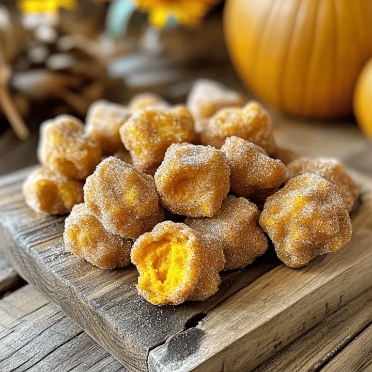 - 1 cup all-purpose flour - 1 tablespoon pumpkin spice blend - 1/2 teaspoon baking powder - 1/2 teaspoon salt - 1/2 cup water - 1/4 cup unsalted butter, cubed - 1/2 cup granulated sugar - 1 tablespoon cinnamon - 1/2 cup pumpkin puree - 2 large eggs - Vegetable oil for frying To make these tasty Pumpkin Spice Churro Bites, you need simple ingredients. Each one plays a key role. First, we use all-purpose flour to form the dough. The pumpkin spice blend gives that warm, cozy flavor we love in fall treats. Baking powder helps the churro bites rise while frying. Don’t forget the salt; it balances the sweetness. Next, we need water and butter. When heated together, they create a rich base for our dough. Then comes the granulated sugar and cinnamon. These two make the churros sweet and help them shine after frying. We also add pumpkin puree for a moist texture and extra flavor. Finally, eggs bind everything together, making the dough smooth. Lastly, we’ll need vegetable oil for frying. It creates that crispy outer layer we all crave. With these ingredients ready, you're set for a fun cooking adventure! - Combine 1/2 cup water and 1/4 cup cubed butter in a saucepan. - Bring to a boil over medium heat. - Once boiling, remove from heat. Add 1 cup flour, 1 tablespoon pumpkin spice blend, 1/2 teaspoon baking powder, and 1/2 teaspoon salt. - Stir vigorously until the dough forms. Return to low heat and cook for 1-2 minutes. - Remove the dough from heat. Let it cool for about 5 minutes. - Stir in 1/2 cup pumpkin puree until fully mixed. - Beat in 2 large eggs one at a time. Mix well after each addition. The dough should look smooth and shiny. - In a large pot, heat about 2 inches of vegetable oil to 350°F (175°C). - Using a piping bag with a large star tip, pipe small pieces of dough (about 2 inches) into the hot oil. - Fry until golden brown, about 2-3 minutes on each side. - Remove the churro bites with a slotted spoon and drain them on paper towels. - In a small bowl, mix 1/2 cup granulated sugar with 1 tablespoon cinnamon. - While the churro bites are still warm, roll them in the cinnamon-sugar mixture. - Serve warm and enjoy every bite of your Pumpkin Spice Churro Bites! To make good churro bites, the dough must be just right. It should be smooth but not too sticky. If your dough is too wet, add a bit more flour until it feels soft and holds shape. If it's too dry, a little water works wonders. Temperature is key when frying. Heat your oil to 350°F (175°C). If it's too cool, the churros soak up oil and become soggy. If it's too hot, they cook too fast and burn. Use a thermometer for the best results. Churro bites taste great on their own, but dips make them even better. Try chocolate sauce for a rich treat. A sweet cream cheese dip also works well. For a fall twist, a maple syrup dip adds a nice touch. Toppings can elevate your churro bites. Roll them in cinnamon sugar right after frying. For extra flavor, drizzle caramel sauce on top. A sprinkle of crushed nuts adds nice crunch too. {{image_2}} You can switch up the flavor of your churro bites with ease. If you want to try something new, consider using other spice blends. For example, swap pumpkin spice for cinnamon or nutmeg. This can give your churros a different twist while still being tasty. Another fun idea is to add a drizzle of chocolate or caramel. Melt some chocolate or warm up caramel sauce and drizzle it over the churro bites before serving. This adds sweetness and richness to each bite, making them even more enjoyable. If you're looking for a healthier option, try baking instead of frying. You can make a baked version by placing the dough on a baking sheet lined with parchment paper. Bake at 375°F for about 15-20 minutes. This method cuts down on oil and can make the churro bites lighter. You can also use alternative sweeteners. Instead of granulated sugar, consider using honey or a sugar substitute. These options can reduce calories and provide different flavors. Just remember to adjust the amounts to get the sweetness you desire. To keep your pumpkin spice churro bites fresh, store them properly. Place any leftovers in an airtight container. This helps keep them from drying out. You can also use a zip-top bag. Just make sure to press out as much air as possible. Store them at room temperature for up to two days. If you want them to last longer, refrigerate them. They can stay fresh in the fridge for up to five days. When it’s time to enjoy your churro bites again, reheating is key. The best way to do this is in the oven. Preheat your oven to 350°F (175°C). Place the churro bites on a baking sheet. Heat them for about 5-7 minutes. This method helps restore their crispiness. Avoid using the microwave, as it can make them soggy. If you must use it, heat on low power for short bursts. Check often to prevent excess moisture. Enjoy your delicious churro bites warm! Yes, you can use pre-made dough for churro bites. However, I recommend making the dough from scratch. Homemade dough gives the best flavor and texture. Plus, you can control the spices better. If you choose pre-made dough, look for one that is suitable for frying. This will help you get a good crisp. To make churro bites crispy, ensure the oil temperature is just right. Heat the vegetable oil to 350°F (175°C) before frying. Too cool oil will make the churros soggy. Fry them in small batches to avoid crowding. This helps them cook evenly. After frying, roll the churro bites in cinnamon-sugar while they are still warm. This adds extra crunch and flavor. Yes, you can freeze pumpkin spice churro bites. To freeze them, let them cool completely first. Place them in an airtight container or a freezer bag. Make sure to remove as much air as possible. When you’re ready to eat them, thaw them in the fridge overnight. - How do I ensure they stay fresh when thawing? To keep them fresh after thawing, reheat them in the oven. This will help regain their crispiness. Preheat the oven to 350°F (175°C) and bake for about 5-7 minutes. Avoid using the microwave, as it can make them soggy. Enjoy your churro bites warm for the best taste! In this post, we covered how to make delicious pumpkin spice churro bites. You learned the key ingredients, step-by-step instructions, and helpful tips for perfect texture. We also explored variations for flavor and health, plus storage and reheating tips. Pumpkin spice churro bites are fun and easy to make. With a few simple steps, you can enjoy a tasty treat. I hope you feel inspired to try making this sweet snack at home. Happy cooking!