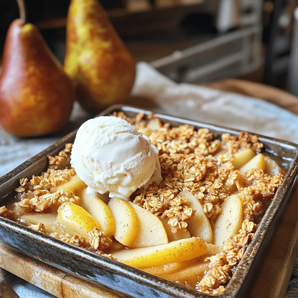 - 4 ripe pears, peeled, cored, and sliced - 1 teaspoon ground cinnamon - 1/2 teaspoon ground nutmeg - 1 tablespoon lemon juice Fresh pears are key for this dish. They should be ripe but firm. The cinnamon and nutmeg add warmth and spice. Lemon juice brightens the flavors and keeps the pears fresh. - 1/4 cup brown sugar - 1 cup rolled oats - 1/2 cup all-purpose flour - 1/3 cup melted coconut oil (or unsalted butter) - 1/4 cup granulated sugar - 1/4 teaspoon salt Brown sugar adds a deep sweetness. Rolled oats give a nice texture. You can use coconut oil or butter for flavor. Flour helps bind the crumble together. Salt balances all the sweetness. - 1/4 cup chopped walnuts Adding walnuts gives a crunchy texture. You can also try pecans or almonds. For a twist, add a pinch of ginger or cardamom to the oat topping. These add more depth to the dish. Start by preheating your oven to 350°F (175°C). This step is key for even baking. Next, take four ripe pears. Peel, core, and slice them into thin pieces. This helps them cook evenly and soak up flavor. Place the sliced pears in a large mixing bowl. Add one teaspoon of ground cinnamon, half a teaspoon of nutmeg, and one tablespoon of lemon juice. The lemon juice brightens the flavor. Sprinkle in a quarter cup of brown sugar. Toss the mixture gently until every slice is coated. Now, transfer this juicy mix to a greased 8-inch square baking dish. In another bowl, combine one cup of rolled oats and half a cup of all-purpose flour. Add one-third cup of melted coconut oil or unsalted butter. This will give your topping a rich flavor and crunch. Mix in a quarter cup of granulated sugar and a quarter teaspoon of salt. Stir until you see a crumbly texture. If you want, fold in a quarter cup of chopped walnuts for extra crunch. This step is optional, but it adds a nice texture. Now, it’s time to bake! Evenly spread the oat topping over the pear mixture in the baking dish. Make sure every pear piece is covered. Place the dish in your preheated oven. Bake for 30 to 35 minutes. The topping should turn golden brown, and the pears will bubble underneath. When it’s ready, take it out and let it cool slightly. This lets the flavors set. Now you can serve it warm, perhaps with a scoop of vanilla ice cream or whipped cream on top. Enjoy the warmth and spice! To make your crumble shine, pick ripe pears. Look for pears that feel soft but not mushy. They should have a sweet smell. I love using Bartlett or Bosc pears. These types add great taste and texture. Avoid pears that are too hard. They won’t cook well in your crumble. For a crunchy topping, mix oats, flour, and sugar well. Use melted coconut oil or butter for richness. The secret is to blend until it looks crumbly. If you want extra crunch, add chopped walnuts. They give a nice bite to the topping. Don’t press it down too hard in the dish; let it stay airy. Serve your warm crumble fresh from the oven. A scoop of vanilla ice cream on top is heavenly. Whipped cream also works well if you like it lighter. For added flair, sprinkle extra cinnamon before serving. This not only looks nice but enhances the flavor too. Enjoy the warm, sweet aroma as you dig in! {{image_2}} You can swap pears for other fruits. Apples, peaches, or berries work well. Each fruit adds a new twist. For apples, use tart varieties like Granny Smith. This will balance the sweetness. For peaches, slice them fresh and juicy. Berries bring a pop of color and flavor. Just remember to adjust sugar based on the fruit's sweetness. You can easily adapt this recipe. For a gluten-free option, use gluten-free oats and flour. This keeps the texture without gluten. If you want to cut sugar, use a sugar substitute. Choose one that measures like sugar. For dairy-free, stick with coconut oil and skip cream. This makes the dish friendly for more diets. Flavor your oat topping to make it special. Add a pinch of ginger or allspice for warmth. You can also mix in vanilla extract. This adds a lovely aroma and taste. Consider using nuts like almonds or pecans for crunch. They enhance both flavor and texture. A sprinkle of coconut flakes can bring a tropical vibe. With these ideas, you can adjust the recipe to fit your taste! After you enjoy your warm spiced pear crumble, store the leftovers. Allow it to cool first. Then cover the dish with plastic wrap or foil. You can also transfer it to an airtight container. This keeps it fresh in the fridge for up to three days. To reheat, place the crumble in the oven. Preheat it to 350°F (175°C). Bake for about 15-20 minutes. This warms it through and keeps the topping crisp. If you're in a hurry, you can use the microwave. Heat in 30-second bursts until warm. Want to save some for later? You can freeze the crumble! First, let it cool completely. Then wrap it tightly in plastic wrap. Place it in a freezer-safe bag or container. It will keep well for up to three months. When you're ready to enjoy, thaw it in the fridge overnight and reheat as mentioned. Enjoy those warm, spiced flavors anytime! Yes, you can use other fruits. Apples, peaches, and berries work well. Each fruit adds its own flavor. Apples give a nice crunch, while berries add juiciness. Just make sure to adjust sugar based on fruit sweetness. To make this dish gluten-free, swap the all-purpose flour. Use almond flour or gluten-free flour mix instead. Check oats for a gluten-free label. This keeps the texture while making it safe for gluten-free diets. Serve it warm with vanilla ice cream or whipped cream. A scoop of ice cream melts over the warm crumble. This adds creaminess that pairs well with the spice. You can also sprinkle extra cinnamon for a nice touch. This blog post covered how to make a delicious warm spiced pear crumble. You learned about fresh ingredients, pantry staples, and optional add-ins to enhance flavor. We walked through prepping pears, making oat topping, and baking it all perfectly. Remember to choose good pears and get that oat topping texture just right. Feel free to try different fruits or adjust for dietary needs. Store leftovers properly, and enjoy them later. With these tips, you can create a crumble that everyone will love. Enjoy your baking!