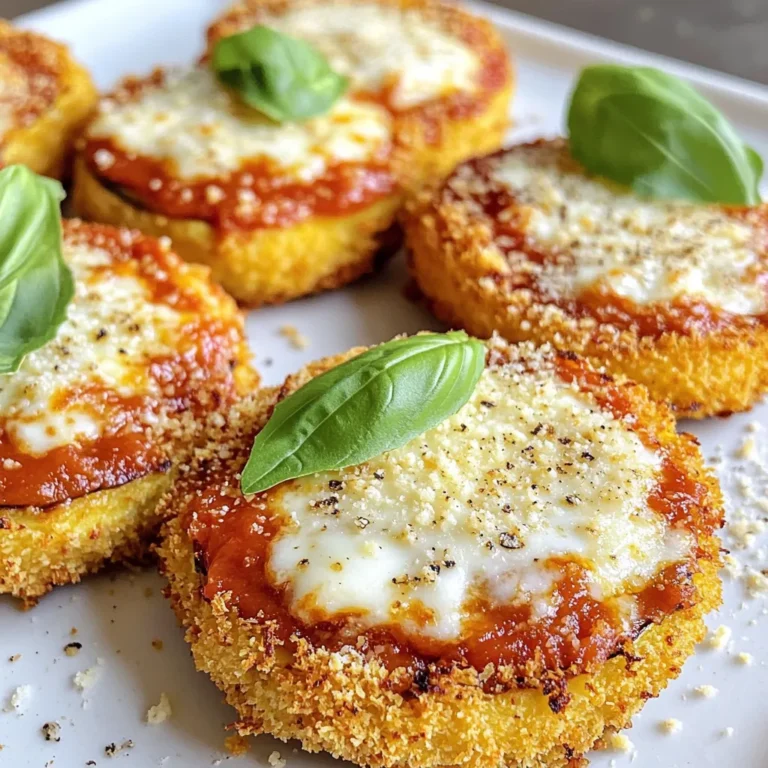 To make Air Fryer Eggplant Parmesan, you will need the following ingredients: - 2 medium eggplants, sliced into 1/2-inch rounds - 1 cup all-purpose flour - 2 large eggs, beaten - 1 cup breadcrumbs (panko for extra crunch) - 1 cup grated Parmesan cheese - 2 cups marinara sauce - 1 teaspoon Italian seasoning - 1 teaspoon garlic powder - 1 teaspoon onion powder - 1/2 teaspoon salt - 1/4 teaspoon black pepper - 1 cup shredded mozzarella cheese - Fresh basil leaves for garnish These ingredients come together to create a tasty and crispy dish. The eggplants provide a nice texture, while the cheese and sauce add rich flavor. You can find all these items at your local grocery store. Selecting good eggplants is key. Look for firm ones with shiny skin. They should feel heavy for their size. Fresh basil adds a lovely touch at the end. Preheating the Air Fryer First, turn on your air fryer. Set it to 375°F (190°C) and let it run for about 5 minutes. This step makes sure your eggplant cooks evenly and gets nice and crispy. Setting Up the Breading Station You need three shallow dishes for breading. In one dish, add 1 cup of flour. In the second, beat 2 large eggs. In the third dish, mix 1 cup of breadcrumbs, 1 cup of grated Parmesan cheese, 1 teaspoon of Italian seasoning, 1 teaspoon of garlic powder, 1 teaspoon of onion powder, 1/2 teaspoon of salt, and 1/4 teaspoon of black pepper. This mix gives your eggplant great flavor. Dipping Process Take a slice of eggplant and dip it first into the flour. Make sure it’s fully coated. Next, dip it into the beaten eggs. Lastly, coat it well in the breadcrumb mix. Repeat this for all eggplant slices. Air Frying the Eggplant Place the coated slices in a single layer in the air fryer basket. Depending on your air fryer’s size, you might need to do this in batches. Lightly spray the eggplant with cooking spray. This helps them crisp up. Cook for 10-12 minutes, flipping halfway through, until they are golden and crispy. Layering with Marinara and Cheese While the eggplant cooks, heat 2 cups of marinara sauce in a saucepan over medium heat. Once all your eggplant is cooked, grab a baking dish. Spread a layer of marinara sauce on the bottom. Add a layer of crispy eggplant. Then sprinkle a layer of shredded mozzarella cheese. Repeat these layers until you use all your ingredients. Finish with sauce and mozzarella on top. Final Cooking Steps in Air Fryer Now, place the assembled dish back into the air fryer at 375°F (190°C) for another 5-7 minutes. Cook until the cheese is melted and bubbly. After that, take it out and let it sit for a few minutes before serving. Don’t forget to garnish with fresh basil leaves for that perfect finish! To get that perfect crunch, use panko breadcrumbs. They make the eggplant extra crispy. After breading, spray the eggplant lightly with cooking spray. This helps it crisp up in the air fryer. Make sure not to crowd the basket. Give each slice space to cook evenly. To avoid soggy eggplant, salt the slices first. Lay them on a towel and sprinkle salt on both sides. Let them sit for about 30 minutes. This draws out moisture. After 30 minutes, pat them dry with a paper towel. This step is key for crispy results. Cooking times can vary by air fryer brand. Most models cook eggplant at 375°F for 10-12 minutes. Check for golden color. If your air fryer is smaller, cook in batches. Always flip the slices halfway through for even cooking. Feel free to tweak the seasoning mix. You can add more garlic powder or Italian seasoning. Taste the marinara sauce too. If you want it spicier, add some red pepper flakes. Adjust seasonings until it’s just right for you. Cooking should be fun and personal! {{image_2}} You can easily adjust this recipe to suit your needs. If you want a vegan option, simply replace the cheese and eggs. Use a plant-based egg substitute like flaxseed meal mixed with water. For cheese, try cashew cheese or nutritional yeast. Both options keep the dish tasty and satisfying. If you need a gluten-free version, swap out the all-purpose flour and breadcrumbs for gluten-free alternatives. Almond flour works well for breading, and gluten-free breadcrumbs can give you that crunch you crave. Just ensure all other ingredients are gluten-free. To enhance your Air Fryer Eggplant Parmesan, think about different sauces. Marinara is classic, but a pesto or a spicy arrabbiata can add a nice twist. You could even drizzle some balsamic glaze on top for a sweet touch. For a full meal, consider pairing this dish with a fresh salad or garlic bread. A simple green salad with homemade vinaigrette complements the richness of the eggplant. Garlic bread adds a crunchy, buttery side that everyone loves. These sides round out your dining experience and make it more satisfying. To store leftovers, let the dish cool first. Place the eggplant parmesan in an airtight container. It will stay fresh in the fridge for about 3 to 4 days. Make sure to separate layers with parchment paper to keep it from getting soggy. If you have extra marinara sauce, store it in a separate container. This keeps everything nice and fresh. The best way to reheat eggplant parmesan is in the air fryer. Set it to 350°F (175°C). Air fry for about 5 to 7 minutes. This method keeps the eggplant crispy. You can also use an oven. Preheat it to 350°F (175°C) and bake for about 10 to 15 minutes. Cover it with foil to avoid burning the cheese. Avoid using a microwave, as it will make the dish soggy. Enjoy your crispy, flavorful leftovers! Cooking eggplant in an air fryer takes about 10 to 12 minutes. Preheat your air fryer to 375°F (190°C) first. Once preheated, arrange your breaded eggplant slices in a single layer. Flip them halfway through to ensure even cooking. You want them golden and crispy. Yes, you can prepare the eggplant ahead of time. Bread the eggplant slices and store them in the fridge for up to 24 hours. When you're ready to cook, just air fry them as instructed. You can also assemble the dish and keep it in the fridge. Just remember to heat it well before serving. Air fryer eggplant parmesan pairs well with many dishes. You can serve it with a side salad for freshness. Garlic bread or a crusty Italian loaf also complements it nicely. If you want some greens, sautéed spinach or steamed broccoli works great too. The eggplant is done when it turns golden brown and crispy. You can check by looking at the color and texture. If you want to be sure, use a fork to pierce a slice. It should be tender inside but still hold its shape. In this blog post, we explored the key ingredients for air fryer eggplant Parmesan, from eggplants to tasty toppings. I shared a step-by-step guide for preparation, cooking, and assembly. You discovered tips for perfecting the dish and learned about variations, storage, and reheating. Air frying is a fun way to enjoy this meal with less oil. Experiment with flavors and make it your own. Enjoy a delicious and crispy dish that impresses every time!