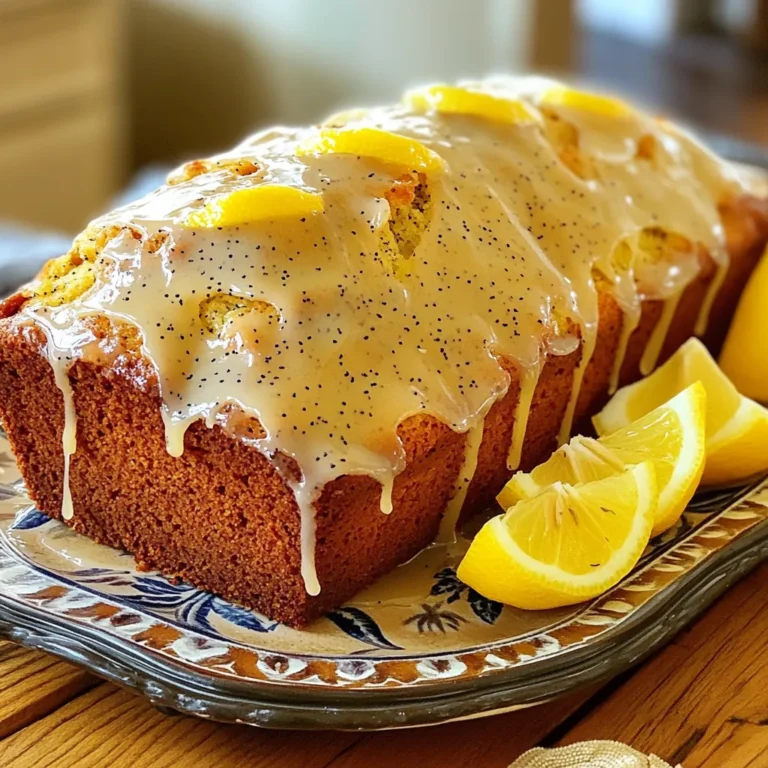 To make lemon poppy seed loaf, gather these items: - 1 ½ cups all-purpose flour - ½ cup granulated sugar - 2 tablespoons poppy seeds - 1 teaspoon baking powder - ½ teaspoon baking soda - ¼ teaspoon salt - ½ cup unsalted butter, softened - 2 large eggs - ½ cup plain Greek yogurt - 2 tablespoons lemon zest (from about 2 lemons) - ¼ cup fresh lemon juice - 1 teaspoon vanilla extract Each ingredient adds a special touch. The flour gives structure and the sugar adds sweetness. Poppy seeds provide a nice crunch, while baking powder and baking soda help it rise. Butter makes the loaf rich and moist. Eggs bind the mix, and Greek yogurt adds creaminess. Zest and juice bring vibrant lemon flavor. You can swap ingredients for different flavors. Instead of all-purpose flour, try almond or coconut flour for a gluten-free option. You can use honey or maple syrup in place of sugar for a natural sweetener. Greek yogurt can be replaced with sour cream or a dairy-free yogurt. If you want a dairy-free option, use coconut oil instead of butter. For a twist, swap lemon zest with orange or lime zest. To bake this loaf, you need a few tools: - 9x5-inch loaf pan - Mixing bowls (one large and one medium) - Hand mixer or stand mixer - Whisk - Measuring cups and spoons - Spatula - Toothpick for testing doneness These tools help you mix, bake, and check if your loaf is ready. With the right tools, you can make this loaf with ease. 1. Start by preheating your oven to 350°F (175°C). 2. Grease a 9x5-inch loaf pan or line it with parchment paper. This helps with easy removal. 3. In a mixing bowl, whisk together these dry ingredients: - 1 ½ cups all-purpose flour - ½ cup granulated sugar - 2 tablespoons poppy seeds - 1 teaspoon baking powder - ½ teaspoon baking soda - ¼ teaspoon salt 4. In another large bowl, cream together ½ cup unsalted butter until it's light and fluffy. This takes about 2-3 minutes. 5. Add 2 large eggs, one at a time, to the creamed butter. Mix well after each egg. 6. Then mix in ½ cup plain Greek yogurt, 2 tablespoons lemon zest, ¼ cup fresh lemon juice, and 1 teaspoon vanilla extract until everything is smooth. 7. Gradually add the dry mixture to the wet mixture. Mix until just combined. Do not overmix. 1. Pour the batter into your prepared loaf pan. Smooth the top with a spatula. 2. Bake in your preheated oven for 45-55 minutes. Check if it's done by inserting a toothpick in the center. It should come out clean. 1. Once baked, let the loaf cool in the pan for 10 minutes. 2. Carefully transfer the loaf to a wire rack to cool completely. 3. For a little extra sweetness, drizzle a simple lemon glaze over the top. Use powdered sugar mixed with lemon juice. 4. Slice and serve on a nice platter. Add fresh lemon wedges for a pop of color. To get a fluffy lemon poppy seed loaf, cream the butter well. This means mixing it until it is light and airy. Adding eggs one by one helps, too. Make sure to mix after each egg to keep the texture light. When you add the dry mix, stir gently. Overmixing can make the loaf dense. One big mistake is not measuring the flour correctly. Too much flour can lead to a dry loaf. Also, don’t forget to preheat your oven! Baking in a cold oven can ruin the rise. Another tip is to check the loaf with a toothpick. If it comes out wet, it needs more time. Patience is key here. Lemon zest and fresh juice are the stars of this recipe. Zest adds a bright, fresh flavor. Use a microplane to get fine zest. Fresh lemon juice brings acidity and balance. The combination lifts the loaf and makes it pop. You can even add more zest for a stronger lemon flavor if you like. {{image_2}} You can easily make this loaf gluten-free. Just swap all-purpose flour with a gluten-free blend. Make sure your blend has xanthan gum. This will help the loaf rise well. The flavor stays bright and zesty. I recommend using a 1:1 gluten-free flour mix for best results. Want to change it up? Try adding fruits or nuts to your loaf. Blueberries, raspberries, or chopped apples can add a fresh twist. You can also use nuts. Walnuts or almonds work great. Just fold them into the batter gently. This adds texture and flavor, making every bite special. If you prefer muffins, use this recipe to make them. Just pour the batter into a muffin tin instead of a loaf pan. Fill each cup about two-thirds full. Bake for about 18-22 minutes. Check with a toothpick to see if they’re done. Muffins are fun and easy to share! To keep your lemon poppy seed loaf fresh, wrap it in plastic wrap. Place it in an airtight container or a zip-top bag. Store it at room temperature for up to three days. If you need to keep it longer, consider freezing it. You can freeze the loaf for up to three months. First, let it cool completely. Wrap it tightly in plastic wrap and then in aluminum foil. This double wrap prevents freezer burn. When you want to enjoy it, simply remove it from the freezer and let it thaw in the fridge or at room temperature. To reheat the loaf, slice it into pieces first. Place the slices in a microwave for about 10-15 seconds. If you prefer, you can also warm it in an oven. Preheat the oven to 350°F (175°C) and heat for about 10 minutes. This keeps the loaf moist and brings back its fresh-baked flavor. Yes, you can use other types of yogurt. Greek yogurt adds creaminess and tang. If you want, you can try regular yogurt or even non-dairy yogurt. Just make sure it has a similar texture. This keeps the loaf moist and tasty. The lemon poppy seed loaf stays fresh for about 3 to 4 days. Keep it in an airtight container at room temperature. You can also store it in the fridge for up to a week. If you want it to last longer, consider freezing it. To add moisture, try using more yogurt or a bit of sour cream. Applesauce also works well. You can add a few tablespoons of milk if the batter seems thick. This keeps your loaf tender and soft. Yes, you can skip the poppy seeds if you prefer. The loaf will still taste great with just the lemon flavor. You can also add nuts or dried fruits instead. This gives your loaf a new twist while keeping it delicious. This post showed you how to make a tasty lemon poppy seed loaf. We covered the best ingredients and tools, step-by-step baking, and useful tips. You learned about cool variations and how to store the loaf right. Remember, baking can be fun and easy with the right approach. Use these tips to create your own delicious treat. Enjoy sharing it with friends and family!