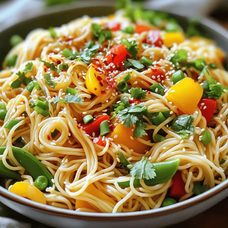 - 200g egg noodles - 4 cloves minced garlic - 2 red chilies, finely chopped - 3 tablespoons soy sauce - 2 tablespoons sesame oil - 1 tablespoon chili oil - 1 cup mixed vegetables (bell peppers, carrots, and snow peas) - 2 green onions, chopped - 1 tablespoon fresh cilantro, chopped - Salt to taste - Sesame seeds for garnish - Extra chili oil for spice When I cook Garlic Chili Noodles, I start with simple, fresh ingredients. The egg noodles are the base, offering a soft, chewy texture. I use four cloves of minced garlic to add a strong, rich flavor. The two red chilies bring heat, making each bite exciting. For the sauce, I mix three tablespoons of soy sauce with two tablespoons of sesame oil. This blend adds depth and a nutty taste. I also add one tablespoon of chili oil for an extra kick. The mixed vegetables are key to this dish. I prefer bell peppers, carrots, and snow peas. They add color and crunch. Chopped green onions and fresh cilantro finish the dish with brightness. If you want to elevate your Garlic Chili Noodles, consider sesame seeds for garnish. They add a nice crunch. Extra chili oil can boost the spice level if you love heat. First, boil water in a pot. Add 200g of egg noodles. Cook until al dente, about 3-4 minutes. Drain the noodles and set them aside. Next, heat 2 tablespoons of sesame oil in a large pan over medium heat. Add 4 cloves of minced garlic and 2 finely chopped red chilies. Sauté for 1-2 minutes until you smell the garlic. Now, toss in 1 cup of mixed vegetables, like bell peppers, carrots, and snow peas. Sauté for 3-4 minutes until they are tender but still crunchy. Pour in 3 tablespoons of soy sauce and 1 tablespoon of chili oil. Mix well with the vegetables. Add the cooked noodles to the pan. Toss everything together to coat the noodles in the sauce. Cook for an additional 2-3 minutes, allowing the noodles to absorb the flavors. Season with salt to taste. Stir in 2 chopped green onions and 1 tablespoon of fresh chopped cilantro just before serving. Enjoy your tasty garlic chili noodles! To make the best garlic chili noodles, balance is key. Use fresh ingredients for rich flavors. The garlic and chilies should shine, not overpower. Use equal parts garlic and chili to enhance the dish without drowning it. Cook your egg noodles al dente. This means they should be firm to the bite. Overcooked noodles become mushy and lose their texture. Follow the package instructions closely. Drain them quickly and toss them with a little sesame oil to prevent sticking. To store leftovers, place them in an airtight container. This keeps them fresh and prevents them from drying out. Garlic chili noodles last about three days in the fridge. When reheating, use a pan over medium heat. This method helps maintain the noodles' texture. Add a splash of water or extra oil to keep them moist. Stir frequently to ensure even heating. For a great look, serve your noodles in a shallow bowl. This style shows off the vibrant colors of the vegetables. Garnish with green onions and a sprinkle of sesame seeds. This adds crunch and visual appeal. You can also serve the dish on a plate. This works well for larger portions. Either way, keep it simple and let the noodles shine. {{image_2}} You can easily change the mixed vegetables to fit your taste. Try using: - Broccoli - Zucchini - Mushrooms These options keep your meal fresh and exciting. If you want gluten-free noodles, swap egg noodles for rice noodles or quinoa pasta. They work well in this recipe. If you prefer milder flavors, reduce the red chilies. You can use one chili instead of two. For extra heat, add more chili oil or use a spicy sauce. Want some protein? Add shrimp or chicken. Cook them first in the pan, then add the garlic and chilies. This way, the protein absorbs all the tasty flavors. Soy sauce is a classic choice, but you can explore other options. Try tamari for a gluten-free version. If you want to get creative, use homemade sauces like garlic soy or spicy chili sauce. These can add unique flavors to your dish. Mixing different oils can also change the taste. Consider using peanut oil or olive oil for a twist. Store your garlic chili noodles in an airtight container. Glass or plastic containers work well. Make sure the noodles cool down before sealing. This helps keep them fresh. In the fridge, they last up to three days. To freeze garlic chili noodles, first let them cool completely. Portion them into freezer bags or containers. Remove as much air as you can before sealing. They can stay in the freezer for up to a month. When you want to eat them, take a portion out of the freezer. Thaw it in the fridge overnight. To reheat, warm them in a pan over low heat. You can add a splash of water or oil to help them heat evenly. This keeps them tasty! Making garlic chili noodles takes about 20 minutes. You need 10 minutes for prep and 10 minutes for cooking. This quick meal is perfect for busy days. Yes, you can use different noodles! Try rice noodles or soba noodles for a fun twist. Gluten-free options like zucchini noodles also work well. Just adjust the cooking time based on the noodle type. If you don’t have sesame oil, try using olive oil or peanut oil. Both give a nice flavor. You can also use vegetable oil in a pinch. Just keep in mind it may change the taste a bit. In this article, I detailed a tasty recipe for garlic chili noodles. You learned about the essential ingredients, step-by-step cooking instructions, and helpful tips. I also shared ideas for customizing flavors and storing leftovers. With this recipe, you can enjoy a quick, delicious meal any day. Experiment with your favorite ingredients to make it your own. I hope you enjoy every bite of your garlic chili noodles!