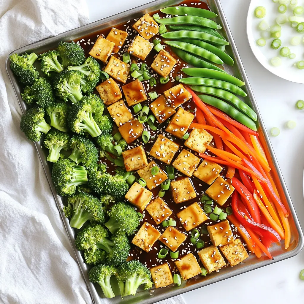 - 14 oz firm tofu, pressed and cubed - 2 cups broccoli florets - 1 red bell pepper, sliced - 1 cup snap peas - 1 carrot, julienned - 3 tablespoons sesame oil - 4 tablespoons low-sodium soy sauce - 3 tablespoons maple syrup - 2 tablespoons rice vinegar - 2 cloves garlic, minced - 1 teaspoon ginger, grated - 1 tablespoon cornstarch - Sesame seeds for garnish - Green onions, sliced for garnish Let’s take a closer look at these ingredients. Firm tofu acts as the main protein. It absorbs flavors well and gets a nice texture when cooked. I prefer using fresh vegetables like broccoli, red bell pepper, snap peas, and carrot. They bring both color and crunch to the dish. Next, we have the teriyaki sauce components. Sesame oil gives a rich, nutty flavor. Low-sodium soy sauce adds saltiness without being too strong. Maple syrup brings sweetness, while rice vinegar balances it out with tang. Fresh garlic and ginger add depth and warmth to the sauce. Finally, cornstarch helps the sauce thicken, coating your tofu and veggies nicely. For garnishing, sesame seeds and sliced green onions add a pop of color and flavor. These small touches elevate the meal’s overall appeal. This combination of ingredients makes the dish both tasty and healthy. Enjoy the cooking process as you gather these fresh ingredients! 1. Preheating the oven: Start by setting your oven to 400°F (200°C). This step heats your oven so the meal cooks evenly and quickly. 2. Whisking the sauce ingredients: In a medium bowl, mix together three tablespoons of sesame oil, four tablespoons of low-sodium soy sauce, three tablespoons of maple syrup, two tablespoons of rice vinegar, two minced garlic cloves, and one teaspoon of grated ginger. Make sure all the ingredients blend well for a rich flavor. 3. Coating the tofu: Take your 14 oz of firm tofu and press it to remove excess water. Then, cut it into cubes. In a separate bowl, add one tablespoon of cornstarch to the cubed tofu and toss until evenly coated. This helps to create a nice texture when baked. 1. Arranging ingredients on the sheet pan: Line a large baking sheet with parchment paper. Place the coated tofu on one side. On the other, arrange two cups of broccoli florets, one sliced red bell pepper, one cup of snap peas, and one julienned carrot. This colorful mix adds great taste and looks beautiful. 2. Baking time and temperature: Drizzle half of the teriyaki sauce over the tofu and veggies. Bake everything in the preheated oven for 25 to 30 minutes. The tofu should turn golden, and the veggies should be tender yet crispy. 3. Final touches after baking: Once the baking is done, take it out and drizzle the remaining teriyaki sauce over the dish. For a lovely finish, sprinkle sesame seeds and sliced green onions on top. This adds a nice crunch and fresh flavor to your meal. Pressing tofu for best texture Pressing tofu helps remove extra water. Water makes tofu soft. To press it, wrap the tofu block in a clean towel. Place a heavy object on top, like a cast iron pan. Let it sit for 15 to 30 minutes. This gives you a firmer tofu that will soak up flavors. Coating tips for crispiness Coating tofu in cornstarch gives it a nice crunch. After pressing, cut the tofu into cubes. Toss the cubes in a bowl with cornstarch. Make sure each piece is well-coated. This step helps the tofu crisp up in the oven. Choosing the best veggies for this recipe You want colorful and fresh veggies. Broccoli, red bell peppers, snap peas, and carrots work great. They all cook well together. Look for bright colors and firm textures when buying. Fresh veggies add crunch and nutrition. Tips for cutting and preparing vegetables Cut veggies into similar sizes. This helps them cook evenly. For broccoli, use small florets. Slice the bell pepper into thin strips. Cut snap peas in half if they are large. Julienne the carrot into thin matchsticks for quick cooking. Substituting ingredients for different flavors You can switch up the teriyaki sauce. Try using honey instead of maple syrup. For a kick, add a splash of sriracha. You can also mix in some orange juice for a citrus twist. Experiment with flavors to find what you love. How to adjust sweetness and saltiness Taste the sauce before adding it to the dish. If it’s too salty, add more maple syrup. If it’s too sweet, add a splash of soy sauce. Balance is key. Adjust the flavors until you are happy with the sauce. {{image_2}} You can switch tofu for tempeh or seitan in this dish. Tempeh has a nutty taste and adds protein. Seitan is chewy and mimics meat well. Both options give a new twist on this meal. You can also add other plant-based proteins like chickpeas or edamame. These will boost the protein and add great texture. Feel free to adapt the recipe for seasonal veggies. Try zucchini in summer or sweet potatoes in fall. Using fresh produce adds flavor and nutrition. If fresh veggies are not available, frozen ones work well too. They are quick to prepare and still taste great. Make sure to thaw them before use for best results. You can introduce spices for added zest. A pinch of red pepper flakes or smoked paprika can elevate the dish. If you want an international twist, try adding miso paste or hoisin sauce. These ingredients give a unique flavor to the teriyaki sauce. Experiment with different spices to find your favorite mix! To keep your Sheet Pan Teriyaki Tofu Veggies fresh, store them in an airtight container. Place the container in the fridge. These leftovers taste great for up to three days. When you are ready to eat, reheat them in the oven. This helps keep the tofu crispy. If you use a microwave, cover the dish to avoid drying out the food. Reheat in short bursts to check the warmth. You can freeze this dish for later. First, let it cool completely. Then, transfer the tofu and veggies to a freezer-safe bag. Squeeze out as much air as possible before sealing. This prevents freezer burn. The dish can last up to three months in the freezer. When you’re ready to enjoy it, thaw it overnight in the fridge. Reheat in the oven or on the stove. This method helps retain the texture and flavor. Can I use extra firm tofu instead of firm? Yes, you can use extra firm tofu. It will hold its shape well. Just press it the same way to remove extra moisture. This will help it get crispy during baking. How do I make the dish gluten-free? To make this dish gluten-free, use tamari instead of soy sauce. Tamari has a similar taste but is made without wheat. Always check the label to ensure it’s gluten-free. What can I use instead of maple syrup? If you don’t have maple syrup, you can use agave nectar or honey. Both options add sweetness and work well in the sauce. Are there alternatives to soy sauce? Yes, you can use coconut aminos as an alternative to soy sauce. It has a similar flavor and is a bit sweeter. It’s also soy-free. Is this recipe vegan-friendly? Yes, this recipe is vegan-friendly. All the ingredients come from plants, making it great for a vegan diet. How can I make it lower in calories? To lower calories, reduce the amount of sesame oil and maple syrup. You can also use less tofu or add more vegetables for bulk without many calories. This blog post covers a tasty teriyaki tofu dish. You learned about key ingredients like firm tofu and fresh veggies. I outlined easy steps to prepare and bake your meal. You also received useful tips on tofu and sauce variations. Plus, I shared how to store leftovers and make ingredient swaps. In conclusion, enjoy experimenting with flavors and ingredients for your perfect teriyaki dish!