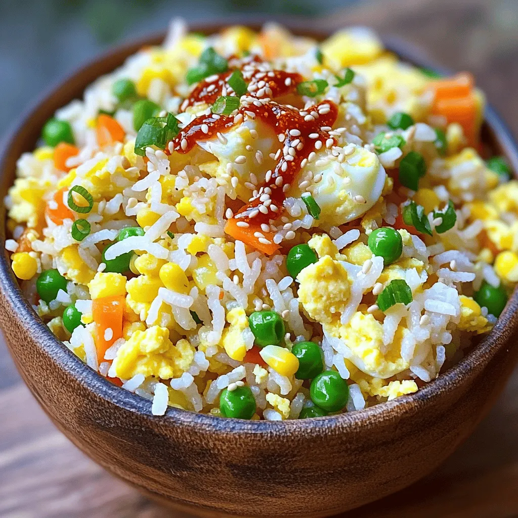- 2 cups cooked jasmine rice - 2 large eggs - 2 tablespoons chili crisp - 1 cup mixed vegetables (peas, carrots, corn) - 2 tablespoons soy sauce - 1 tablespoon sesame oil - 1 tablespoon vegetable oil - Salt and pepper to taste - Sesame seeds - Chopped green onions To make Chili Crisp Egg Fried Rice, you need simple, fresh ingredients. Start with cooked jasmine rice, as day-old rice works best. The eggs add protein and richness. Chili crisp brings a spicy kick. Mixed vegetables add color and nutrition. For flavor, we use soy sauce, sesame oil, and vegetable oil. Salt and pepper balance everything. Optional garnishes like sesame seeds or chopped green onions can elevate your dish. They add a nice touch, making your meal not just tasty but also visually appealing. Enjoy the process of choosing your favorite ingredients, and make this dish your own! To make great fried rice, start with the right rice. If you have freshly cooked rice, spread it on a baking sheet. Let it cool for about 10 minutes. This helps it dry a bit. Drier rice will not turn mushy when you fry it. If you can, use day-old rice. Cold rice works best because it is firmer and easier to fry. Grab two large eggs for this dish. In a bowl, whisk the eggs with a pinch of salt. This adds flavor. Heat a non-stick skillet over medium heat. Add a splash of vegetable oil. Pour in the eggs and scramble them. Cook for 1-2 minutes until just set. Do not overcook them. Remove the eggs from the skillet and set them aside. In the same skillet, add more vegetable oil and heat it up. Toss in your mixed vegetables, like peas, carrots, and corn. Sauté them for 3-4 minutes until they are warm and slightly tender. Next, raise the heat to high. Add the cooled rice to the skillet. Stir-fry it for about 3-5 minutes. Break up any clumps and let the rice soak up the flavors. Now, it’s time to add flavor! Pour in soy sauce and sesame oil. Stir the rice to mix everything well. Add chili crisp to taste, depending on how spicy you want it. Then, mix in the scrambled eggs and chopped green onions. Stir everything together for another minute to combine. Taste your rice and adjust with salt and pepper if you like. You can change the protein in this dish for more variety. Adding shrimp or chicken gives a nice twist. For shrimp, just sauté them until pink. For chicken, use cooked, diced chicken and mix it in when you add the rice. If you prefer vegetarian options, you can use tofu. Just cube it and sauté until golden. This adds great texture and flavor. You can also skip meat altogether. The dish still shines with just vegetables and eggs. Seasonal vegetables can enhance your dish. Try bell peppers, zucchini, or green beans. These add color and crunch. You can also use frozen mixed vegetables for convenience. They work well too! Got leftovers? Don’t toss them! You can add almost any leftover veggies. Just chop and sauté them with the other ingredients. This makes your meal unique and reduces waste. Making chili crisp at home is easy and fun. Here are the ingredients you’ll need: - ½ cup vegetable oil - 2 tablespoons red pepper flakes - 1 tablespoon garlic, minced - 1 tablespoon onion, minced - 1 teaspoon sesame seeds - Salt to taste To make it, heat the oil in a small pan over low heat. Add the garlic and onion, stirring gently. Cook until fragrant but not brown. Then, add the red pepper flakes and sesame seeds. Let it cook for a few minutes. Remove from heat and cool. Store it in a jar. You now have homemade chili crisp! This adds a personal touch to your fried rice. Plus, you can adjust the spice level to your taste. {{image_2}} To store leftover chili crisp egg fried rice, let it cool to room temperature. Then, transfer it to an airtight container. This helps keep it fresh. You can store it in the fridge for up to three days. Use glass or plastic containers that seal well. These containers help prevent spills and keep odors away. When you are ready to eat, you can reheat the fried rice. The best method is to use a skillet. Heat the skillet over medium heat and add a splash of oil. This helps revive the rice's texture. Stir the rice often to heat it evenly. You can also use the microwave. Place the rice in a microwave-safe bowl. Add a few drops of water to create steam. Cover the bowl with a lid or plate. Heat for one minute, then stir and heat for another minute. To avoid sogginess, do not add too much water. The oil from reheating will help keep the rice fluffy. You can use several spicy condiments in place of chili crisp. Here are some good options: - Sriracha - Hot sauce - Red pepper flakes - Sambal oelek Each option provides a spicy kick, but they have different flavors. Adjust the amount to match your taste. Yes, you can use various rice types for this recipe. Some great choices are: - Basmati rice - Brown rice - Sushi rice Each rice type brings a unique taste and texture. Just remember to cook it well and let it cool before frying. To make this dish vegetarian, simply skip the eggs. You can add tofu for protein instead. Here are some tips: - Use firm tofu, cubed and fried. - Add more vegetables for a hearty meal. - Ensure your soy sauce is vegetarian-friendly. These swaps keep the dish tasty while fitting a vegetarian diet. This blog post covered how to make delicious fried rice with simple steps. We discussed key ingredients like cooked jasmine rice, vegetables, and eggs. You learned to sauté veggies and scramble eggs properly. I shared tips to enhance flavor and texture, serving ideas, and how to customize your dish with proteins or veggies. Fried rice is easy to make and fun to personalize. I hope you enjoy trying out these recipes and tips in your kitchen!