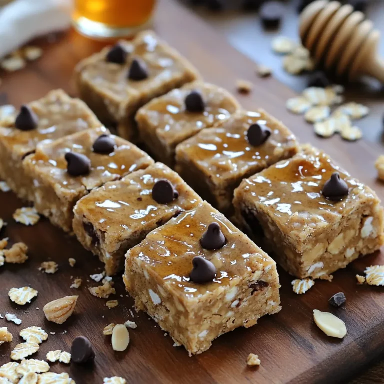 To make these delightful bars, gather these main ingredients: - 1 cup rolled oats - 1/2 cup creamy peanut butter - 1/4 cup honey or maple syrup - 1/2 cup vanilla protein powder - 1/4 teaspoon salt - 1 teaspoon vanilla extract These ingredients create a sturdy base. The oats give texture, while peanut butter adds creaminess. Honey or maple syrup brings sweetness, and protein powder boosts nutrition. You can customize your bars with optional add-ins: - 1/4 cup chopped nuts (e.g., almonds, walnuts) - 1/4 cup mini chocolate chips (dark or dairy-free) Nuts add crunch and healthy fats. Mini chocolate chips introduce a sweet touch. Feel free to mix and match what you enjoy! These bars pack a punch in terms of nutrition. Each bar contains about: - Calories: 150 - Protein: 6 grams - Carbohydrates: 20 grams - Fats: 7 grams This makes them a great snack or post-workout treat. They provide energy and protein without the fuss of baking. Enjoy your homemade creation, knowing you made something good for you! To start, get a large mixing bowl. Add 1 cup of rolled oats, 1/2 cup of vanilla protein powder, and 1/4 teaspoon of salt. Stir them well until they mix evenly. This blend forms the base of your bars. The oats give a nice texture, while the protein powder adds the nutrition you want. Next, take a microwave-safe bowl. Add 1/2 cup of creamy peanut butter and 1/4 cup of honey or maple syrup. Microwave this for about 20-30 seconds. This step warms it up and makes it easier to mix. After heating, stir until it becomes smooth. The warm mixture helps blend the flavors perfectly. Now, pour your smooth peanut butter mixture into the bowl with dry ingredients. Don’t forget to add 1 teaspoon of vanilla extract at this point. Mix everything together until the dry ingredients are well coated. Once it's mixed, fold in 1/4 cup of chopped nuts and 1/4 cup of mini chocolate chips. Make sure these goodies spread evenly throughout the mix. Line an 8x8 inch pan with parchment paper, leaving some paper hanging over the sides. This helps with easy removal later. Transfer your mixture into the lined pan. Press it down firmly with your hands or a spatula. You want it to be packed well. After that, refrigerate it for 1-2 hours. Once firm, lift the bars out using the parchment paper. Cut them into squares or rectangles. Enjoy your nutritious, no-bake bars! To get the best texture, use creamy peanut butter. It mixes well and binds the bars. If you like crunch, try chunky peanut butter. You can adjust the oats too. If you want a chewier bar, add more oats. If you want a softer bar, reduce oats by a little. Press the mixture firmly into the pan. This helps the bars hold their shape when you cut them. If you have allergies or follow a diet, you can swap out ingredients. Use sunflower seed butter for nut allergies. For a vegan option, replace honey with maple syrup. You can also use gluten-free oats to make these bars gluten-free. If you need more protein, add a scoop of your favorite protein powder. This recipe is flexible to fit your needs. These bars are great for snacks or breakfast. Pair them with fruit for a quick meal. You can also serve them with yogurt for a tasty treat. For a fun twist, drizzle some melted dark chocolate on top before chilling. Cut them into fun shapes for kids. Store any extras in an airtight container. This keeps them fresh and tasty for up to a week. {{image_2}} You can change the flavor of your no-bake peanut butter oatmeal protein bars easily. For a chocolate twist, add 1/4 cup of cocoa powder to the dry mix. This will give your bars a rich, indulgent taste. You can also stir in 1/4 cup of shredded coconut for a tropical vibe. Both options blend well with peanut butter. The mini chocolate chips also add sweetness and texture. If you need to skip nuts, that's okay! You can leave out the chopped nuts altogether. Use sunflower seeds instead for crunch. They add a nice texture without the nut risk. You can also try pumpkin seeds. They're tasty and will make your bars special. Want to make these bars gluten-free? Use certified gluten-free rolled oats. This ensures that no gluten sneaks in. You can also swap the protein powder for a gluten-free version. Check the label to be sure. This way, everyone can enjoy these yummy bars! To keep your no-bake peanut butter oatmeal protein bars fresh, store them in an airtight container. This helps prevent them from drying out. You can place parchment paper between layers to avoid sticking. Always keep them in the refrigerator for the best taste and texture. When stored correctly, these bars can last up to a week in the fridge. After a few days, you might notice slight changes in texture. They may get a bit harder, but they will still taste great. If you want to enjoy them longer, consider freezing. To freeze your bars, first cut them into squares or rectangles. Wrap each piece in plastic wrap or foil to keep them fresh. Place the wrapped bars in a freezer-safe bag. They can last up to three months in the freezer. When you're ready to eat, thaw them in the fridge overnight for a tasty snack. Yes, you can swap peanut butter for other nut butters. Almond butter or cashew butter work well. These will change the flavor but keep the texture similar. Try sunflower seed butter for a nut-free option. Each nut butter gives a unique twist to your bars. To make these bars vegan, replace honey with maple syrup. Use a plant-based protein powder. Ensure the chocolate chips are dairy-free. This will keep your bars tasty and vegan-friendly. Enjoy the same great flavors in a plant-based form. To boost protein, add seeds like chia or hemp. You can also include more nuts. Consider adding nut flour for extra protein. Dried fruits like cranberries or apricots can add flavor but don’t boost protein. Stick to protein-rich add-ins for the best results. Yes, you can make these bars without protein powder. Just add more oats to keep the texture. You can also mix in nut flour or ground seeds. This will give your bars a thicker texture while still being delicious. Enjoy your healthy snack without the protein powder. This blog post detailed how to make delicious bars with simple steps. We covered essential ingredients, along with optional add-ins for flavor. I shared tips for perfecting texture and offered serving suggestions. You learned about variations, storage, and common questions. Making these bars is fun and easy. With a few swaps, you can cater to dietary needs. Enjoy creating your own tasty treats!