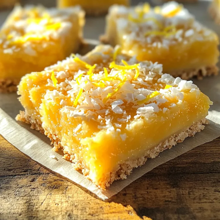 To make these no-bake lemon coconut bars, gather: - 1 ½ cups almond flour - 1 cup shredded unsweetened coconut - 1/3 cup maple syrup - 1/4 cup coconut oil, melted - 2 teaspoons vanilla extract - Zest of 2 lemons - 1/4 cup fresh lemon juice - A pinch of sea salt - Optional: Extra shredded coconut for garnish You can swap almond flour for oat flour or all-purpose flour if needed. Use agave syrup instead of maple syrup for a different taste. Coconut oil can be changed to unsalted butter. If you don’t have fresh lemons, lemon juice from a bottle works too. You can add a dash of lemon extract for extra flavor. Using fresh and high-quality ingredients makes a big difference. Fresh lemons provide a bright taste that enhances the bars. Good maple syrup adds natural sweetness, while pure vanilla extract boosts flavor. Quality coconut adds a rich texture. When you choose better ingredients, your bars will taste amazing and feel satisfying. Making no-bake lemon coconut bars is simple. You need basic tools like mixing bowls and a baking dish. Gather all your ingredients first. This makes the process smoother and more fun. You can prep in about 15 minutes. The bars will set in the fridge, so plan for at least two hours. 1. Mix Dry Ingredients: Start by combining the almond flour and shredded coconut in a medium bowl. Stir well until they blend nicely. 2. Mix Wet Ingredients: In another bowl, whisk together the maple syrup, melted coconut oil, vanilla extract, lemon zest, lemon juice, and a pinch of sea salt. Mix until smooth. 3. Combine Mixtures: Pour the wet mixture into the dry mixture. Stir until it forms a dough-like consistency. It should feel sticky but hold together. 4. Prepare the Baking Dish: Line an 8x8-inch baking dish with parchment paper. Leave some overhang for easy removal later. 5. Press the Mixture: Firmly press the mixture into the bottom of the dish. Make sure it’s even and compact so it sets well. 6. Chill: Refrigerate the bars for at least 2 hours. If you want them firmer, freeze for 30 to 60 minutes. Once set, use the parchment paper to lift the bars out of the dish. Cut them into squares or bars. For a lovely finish, sprinkle extra shredded coconut on top. These bars are perfect for snacks or dessert. Serve them cold for a refreshing treat! When making no-bake lemon coconut bars, I see some common mistakes. First, do not skip the salt. It enhances the flavors. Second, ensure your coconut oil is melted. If it's solid, your bars won't mix well. Lastly, press the mixture firmly into the dish. This helps the bars hold their shape when cut. To get the right texture, focus on your mixing. Combine the almond flour and coconut well. Then, mix the wet ingredients until smooth. When you combine both, stir until you see no dry spots. The mixture should feel like dough. If it’s too crumbly, add a bit more maple syrup. For a firmer bar, chill for longer in the fridge. I love serving these bars chilled. They taste great with a cup of tea or coffee. For a fun twist, add fresh fruit like berries on the side. You can also sprinkle extra coconut on top for a nice look. Another idea is to drizzle a bit of honey for added sweetness. Enjoy these bars as a snack or dessert! {{image_2}} You can make these bars your own by adding nuts or fruits. For a crunchy bite, try mixing in chopped almonds or walnuts. They add texture and flavor. If you prefer something fruity, consider adding dried cranberries or blueberries. They bring a nice sweetness and color to the bars. Just fold them in gently to keep the texture right. Want a low-carb or vegan version? You can swap out the almond flour for coconut flour. This change keeps the bars low in carbs. For a vegan twist, use agave syrup instead of maple syrup. This small shift keeps your snack plant-based. Always check your ingredients to ensure they fit your health goals. If you love holiday treats, you can change these bars for special occasions. For a festive touch, add a dash of cinnamon or nutmeg. This gives a warm, cozy flavor perfect for winter. You can also make them bright for a summer picnic. Add fresh fruit slices on top or a drizzle of dark chocolate. This makes them look special and taste amazing too. To keep your no-bake lemon coconut bars fresh, store them in an airtight container. Make sure to place parchment paper between layers if stacking. This prevents sticking and keeps them neat. You can store them in the fridge or at room temperature. For best taste, I recommend the fridge. When stored properly, these bars last about one week in the fridge. If you keep them at room temp, they will stay fresh for up to three days. Always check for any signs of spoilage before eating. The bars may lose some zest after a few days, but they remain tasty. You can freeze these bars if you want to store them longer. Wrap each bar in plastic wrap or foil. Then place them in a freezer-safe bag or container. They can last up to three months in the freezer. To enjoy, simply thaw them in the fridge overnight before serving. This way, you always have a sweet treat ready! Yes, you can try different flours. Almond flour gives a nutty taste and a soft texture. If you want a gluten-free option, you can use coconut flour. However, coconut flour absorbs more moisture. You may need to adjust the liquid in the recipe. For a more classic approach, you might consider oat flour. Remember, the taste and texture will change with each flour. You will know the bars are set after chilling them for at least two hours. They should feel firm to the touch. If you can press gently and the bars hold their shape, they are ready. For a firmer texture, try freezing them for about 30-60 minutes. This helps them set more quickly and makes cutting easier. Absolutely! These bars are great for meal prep. You can make them up to a week in advance. Just store them in the fridge in an airtight container. If you want to keep them longer, you can freeze them. They can last in the freezer for up to three months. Just remember to thaw them in the fridge before enjoying! In this post, we explored the essential ingredients and their quality. We walked through step-by-step cooking instructions and shared tips to avoid common mistakes. You learned about tasty variations and smart storage practices. Quality ingredients and good techniques make a big difference in your bars. With these insights, you're ready to create delicious treats that suit any occasion. Enjoy experimenting and make it your own!