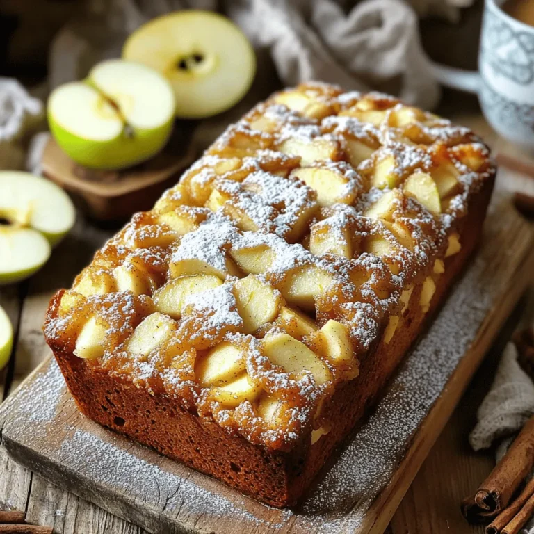 To make a tasty Apple Fritter Loaf, you need these key ingredients: - 2 cups all-purpose flour - 1 cup granulated sugar - 1 tablespoon baking powder - 1 teaspoon ground cinnamon - ½ teaspoon salt - ½ cup unsalted butter, melted - 2 large eggs - 1 cup milk - 2 cups apples, peeled and diced (preferably Granny Smith) - ½ cup powdered sugar (for glaze) - 1 tablespoon milk (for glaze) - Extra cinnamon for sprinkling These ingredients come together to create a loaf that is moist, sweet, and full of apple flavor. The flour and sugar form the base, while the baking powder helps it rise. Cinnamon adds warmth and spice, complementing the apples perfectly. Use Granny Smith apples for a nice tartness that balances the sweetness of the loaf. The melted butter and eggs add richness, while milk keeps the batter moist. Finally, the glaze made from powdered sugar and milk gives it a sweet finish. Don't forget to sprinkle extra cinnamon for a lovely touch! 1. Preheat the Oven: Start by preheating your oven to 350°F (175°C). This step is key. It ensures your apple fritter loaf cooks evenly. 2. Prepare the Loaf Pan: Grease a 9x5-inch loaf pan. You can also line it with parchment paper. This will make it easy to remove the loaf later. 3. Mix Dry Ingredients: In a large bowl, combine the flour, granulated sugar, baking powder, ground cinnamon, and salt. Whisk these dry ingredients together well. This helps distribute the flavors evenly. 4. Combine Wet Ingredients: In another bowl, mix the melted butter, eggs, and milk. Whisk until the mixture is smooth. This creates a nice base for your batter. 5. Fold Ingredients Together: Gradually add the wet mixture to the dry ingredients. Mix gently until just combined. A few lumps are fine; avoid over-mixing. 6. Incorporate the Diced Apples: Gently fold in the diced apples. Make sure they are evenly mixed in the batter. This adds sweetness and texture to your loaf. 7. Transfer to Pan: Pour the batter into the prepared loaf pan. Smooth the top with a spatula for even baking. 8. Bake: Place the pan in the oven and bake for 50-60 minutes. Check doneness by inserting a toothpick into the center. It should come out clean. 9. Cool: After baking, let the loaf cool in the pan for 10 minutes. Then, transfer it to a wire rack to cool completely. This step prevents sogginess. To check if your Apple Fritter Loaf is done, use a toothpick. Insert the toothpick in the center of the loaf. If it comes out clean, your loaf is ready. If it has batter on it, bake longer. To avoid over-mixing, stir just until combined. A few lumps are fine. This keeps your loaf fluffy and light. For a lovely presentation, slice the loaf and place it on a rustic wooden board. Add some slices of fresh apple beside it. Sprinkle a bit of cinnamon around the loaf for a nice touch. Pair this loaf with a warm cup of coffee or your favorite tea. The flavors blend perfectly, making each bite a delight. {{image_2}} You can make your loaf even better by adding some nuts or raisins. Chopped walnuts or pecans add a nice crunch. Raisins bring sweetness and chewiness. Both options give the loaf a delightful texture. You can also change the spices for new flavors. Try nutmeg for warmth or ginger for a little kick. These spices make the loaf unique and fun to eat. If you want a healthier loaf, you can swap some ingredients. Use whole wheat flour instead of all-purpose flour. This adds fiber and nutrients. You can also cut back on sugar. Try using less sugar or a natural sweetener like honey or maple syrup. For gluten-free lovers, you can make a gluten-free loaf. Use a gluten-free flour blend in place of regular flour. Make sure it contains xanthan gum to help with texture. This way, everyone can enjoy this tasty treat! To keep your Apple Fritter Loaf fresh, store it in an airtight container. This helps prevent it from drying out. You can also wrap it tightly in plastic wrap. Place it in a cool, dry spot. This way, it will stay fresh for about three days. For longer storage, freezing is a great option. Wrap the loaf in plastic wrap, then in aluminum foil. This protects it from freezer burn. You can freeze it for up to three months. When you are ready to eat it, just thaw it in the fridge overnight. Reheating the loaf can bring back its fresh taste. You can use an oven or a microwave. If using the oven, preheat it to 350°F (175°C). Place the loaf on a baking sheet and heat for about 10-15 minutes. This keeps the crust nice and crispy. If you choose the microwave, slice the loaf first. Heat each slice for about 10-15 seconds. This method is quick but may not keep the texture as nice. You can drizzle a bit of glaze on top after reheating to refresh its flavor. Enjoy your tasty treat warm! The best apples for this recipe are Granny Smith apples. They are tart and firm. This tartness balances the sweet glaze well. You can also use Honeycrisp apples for a sweeter loaf. Mixing different types can add depth to the flavor. Yes, you can make this recipe ahead of time. I suggest baking the loaf and letting it cool. Wrap it tightly in plastic wrap or foil. Store it in the fridge for up to three days. This keeps it fresh and tasty. The loaf stays fresh for about three days at room temperature. After that, it may start to dry out. If you want it to last longer, store it in the fridge. You can also freeze it for up to three months. Just make sure it's well-wrapped. Yes, you can make this recipe dairy-free. Substitute the unsalted butter with coconut oil or a dairy-free butter. Replace the milk with almond milk or oat milk. This way, you can enjoy the loaf without any dairy products. You learned how to bake a delicious apple loaf from scratch. We covered the key ingredients needed and each step of the process clearly. I shared tips to help you avoid mistakes and make your loaf shine. You can easily customize the recipe to fit your taste, whether you prefer nuts or healthier options. Remember to store your leftovers properly to keep them fresh. Baking can be fun and rewarding, and I hope you enjoy your tasty creation!
