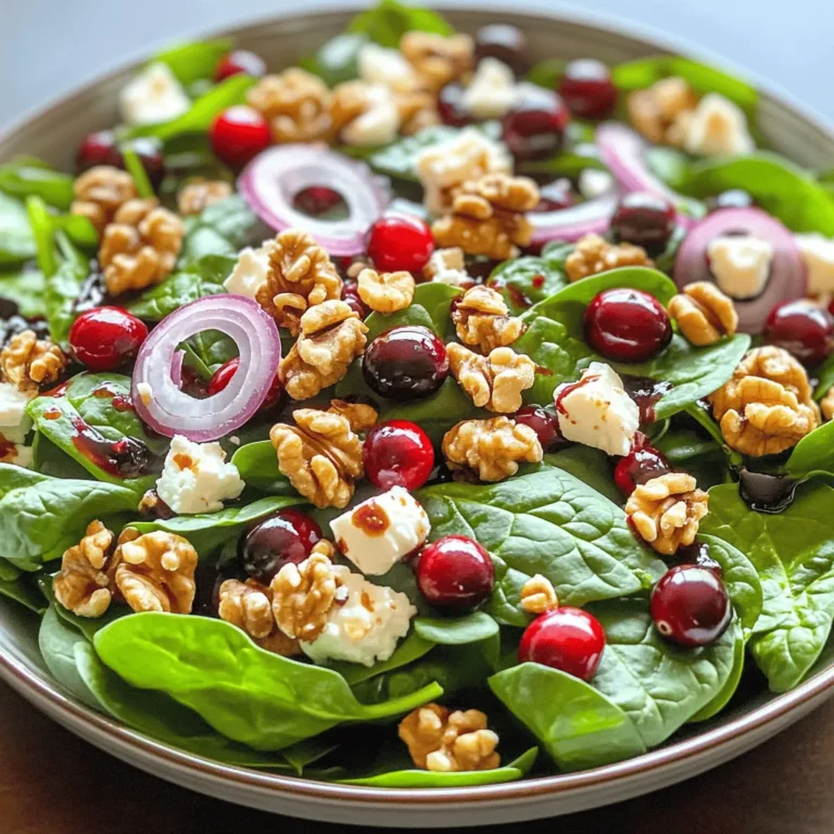 - 6 cups fresh spinach leaves, rinsed and dried - 1 cup dried cranberries - 1/2 cup walnuts, toasted and roughly chopped - 1/2 cup crumbled feta cheese - 1/4 red onion, thinly sliced In this salad, fresh spinach leaves are the star. They provide a crisp base. Next, dried cranberries add a sweet and tangy touch. Make sure they are plump for the best flavor. Walnuts bring a nice crunch and nutty taste. Toast them lightly to enhance their flavor. Feta cheese adds creaminess and a salty bite. Lastly, thin slices of red onion give a sharp contrast to the sweet cranberries. - 1/4 cup balsamic vinegar - 2 tablespoons olive oil - 1 teaspoon Dijon mustard - Salt and pepper to taste For the dressing, balsamic vinegar gives a rich, tangy flavor. Olive oil adds smoothness and helps blend the flavors. Dijon mustard adds a subtle kick. Season with salt and pepper to taste. This dressing ties the salad together, making every bite delicious. Creating the Salad Base Start by washing 6 cups of fresh spinach leaves. This step is key for a crisp, clean taste. Once rinsed, dry the leaves well. In a large salad bowl, add the dried spinach as your base. Adding Toppings Next, sprinkle 1 cup of dried cranberries on top of the spinach. Their sweet flavor adds a nice contrast. Then, add 1/2 cup of toasted and roughly chopped walnuts for a crunchy texture. Crumble 1/2 cup of feta cheese and scatter it over the salad. Finally, thinly slice 1/4 of a red onion and add it for some sharpness. Whisking the Ingredients Together In a small bowl, combine 1/4 cup of balsamic vinegar, 2 tablespoons of olive oil, and 1 teaspoon of Dijon mustard. Use a whisk to mix them well. This creates a tangy dressing that brings all the flavors together. Adjusting Seasoning After mixing, taste the dressing. Add a pinch of salt and pepper to enhance the flavor. Adjust these to your liking for the best taste. Drizzling the Dressing Once your dressing is ready, drizzle it over the salad. Make sure to cover all the ingredients evenly. This step is crucial for a well-flavored dish. Tossing the Ingredients Now, gently toss the salad. Use two large spoons to mix everything. This ensures that every bite is delicious and well-coated in dressing. Taste again and add more salt or pepper if needed. Enjoy your fresh and zesty salad! - How to Store Leftovers Store any leftover salad in the fridge. Use an airtight container to keep it fresh. If possible, keep the dressing separate. This prevents the salad from getting soggy. - Best Containers for Freshness Glass containers work well for storing salads. They don’t absorb odors. You can also use plastic containers with tight lids. Make sure they seal well. - Serving Suggestions Serve the salad in a large, shallow bowl. This shows off the bright colors. You can also use individual plates for a fancy touch. - Garnishing for Visual Appeal Add extra walnuts and cranberries on top. This makes the salad look vibrant. You can sprinkle feta cheese on top for more color. - Ingredient Substitutions You can swap spinach for kale if you like. Try adding sliced apples or pears for sweetness. Instead of walnuts, use pecans or almonds for a new flavor. - Personalizing Dressing Flavors Make the dressing your own by adding honey or maple syrup. You can also try lemon juice for a zesty twist. Adjust the mustard for more or less tanginess. {{image_2}} Benefits of Spinach Spinach is a powerhouse of nutrients. It has vitamins A, C, and K. These vitamins help keep your skin and bones strong. Spinach also has iron, which gives you energy. Plus, it is low in calories, making it great for weight management. Advantages of Walnuts and Cranberries Walnuts are rich in healthy fats. They support heart health and brain function. They also have antioxidants that fight free radicals. Cranberries are full of vitamin C. They help boost your immune system and support urinary health. Together, walnuts and cranberries add taste and nutrition to your salad. Serving Size and Portions This salad serves four people. Each serving has about 250 calories. This makes it a great option for lunch or a light dinner. Macro Nutrients Analysis In each serving, you get around: - 10 grams of protein - 20 grams of carbs - 15 grams of fat This balance of macros helps you feel full and satisfied. Enjoying this salad regularly can support a healthy diet. Spring and Summer Additions In spring and summer, I love to add fresh fruits. Strawberries or blueberries work well here. They bring a sweet burst to each bite. You can also include cucumber for a refreshing crunch. Fresh herbs like mint or basil enhance the flavor too. Fall and Winter Twists In fall and winter, I suggest using roasted squash or apples. These ingredients add warmth and depth. You can also swap walnuts for pecans for a different nutty taste. Dried figs or sliced pears can add a lovely sweetness during the colder months. Creamy vs. Vinaigrette You can choose creamy dressing or vinaigrette for this salad. A creamy dressing gives a rich taste. Try mixing Greek yogurt with herbs for a lighter option. Vinaigrette, made from balsamic vinegar and olive oil, keeps it fresh and zesty. Healthier or Flavored Options For a healthier twist, use yogurt-based dressings. These add creaminess without heavy calories. You can also try flavored vinegars, like raspberry or apple cider. They add a fun kick to your salad. Incorporating Chicken or Tofu If you want a heartier meal, add protein. Grilled chicken or tofu works well. Simply slice cooked chicken or cube tofu and toss it in. This addition makes the salad filling and satisfying. Vegan Protein Suggestions For vegan options, try chickpeas or lentils. They are easy to add and boost nutrition. You can also use quinoa for a protein-packed base. These options fit well with the salad's flavors and keep it healthy. You can prepare this salad ahead of time by keeping the dressing separate. Mix the spinach, cranberries, walnuts, feta, and onions in a bowl. Store them in the fridge. When you are ready to serve, drizzle the dressing over the salad and toss it gently. This method keeps the salad fresh and crunchy. Yes, you can use fresh cranberries. However, fresh cranberries are tart and firm. You may want to cook them with some sugar to soften their taste. Dried cranberries are sweet and add a nice contrast to the spinach. If you prefer tartness, go for fresh! Pecans are a great substitute for walnuts. They have a similar texture and flavor. Almonds also work well if you want a crunch. You can even use cashews for a different taste. Just choose nuts you enjoy, and they can add a unique twist to your salad. In this post, we explored how to create a delicious Cranberry Walnut Spinach Salad. We covered fresh ingredients, steps for preparation, and tips for storage and presentation. You learned about health benefits and variations for every season. A well-made salad can brighten any meal. Remember to customize it to match your taste. Enjoy experimenting with new ingredients and flavors!