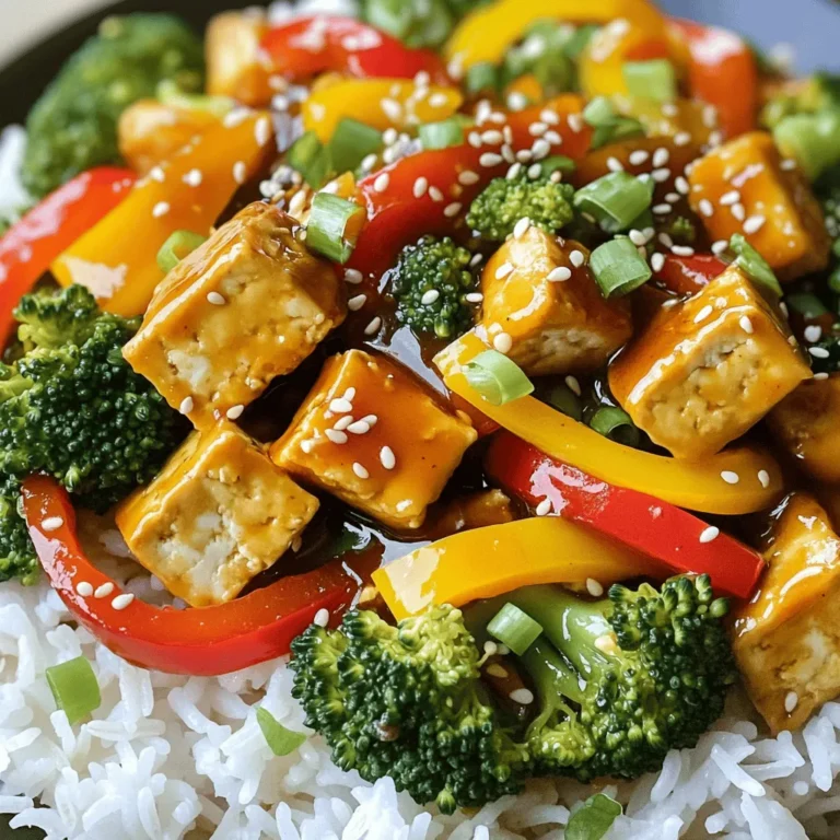 - 1 block (14 oz) firm tofu, drained and pressed - 3 tablespoons cornstarch - 3 tablespoons vegetable oil (for frying) - 1 red bell pepper, sliced - 1 yellow bell pepper, sliced - 2 cups broccoli florets - 4 cloves garlic, minced - 2 tablespoons soy sauce - 1 tablespoon chili paste (adjust to taste) - 1 tablespoon honey or maple syrup - 1 teaspoon sesame oil The main ingredients create a strong base for flavor. Firm tofu gives a great texture. It absorbs the sauce well, making every bite tasty. The vibrant bell peppers add color and crunch. Broccoli brings a nice, fresh taste. Garlic adds depth, while soy sauce and chili paste create a balanced flavor. Honey or maple syrup adds a hint of sweetness. Sesame oil ties everything together with its rich aroma. - Green onions, chopped (for garnish) - Sesame seeds (optional, for garnish) Garnishes like green onions and sesame seeds enhance the dish. They add color and texture. Green onions give a fresh taste. Sesame seeds add a nice crunch. Using these makes your stir fry look even more appealing. Don't skip them if you want to impress! 1. Draining and pressing the tofu: Start with a block of firm tofu. Drain the water from the package. Wrap the tofu in a clean towel. Place a heavy object on top to press out extra water for about 15 minutes. 2. Cutting the tofu into cubes: Once pressed, unwrap the tofu. Cut it into 1-inch cubes. This size helps the tofu cook evenly and absorb flavors. 3. Coating with cornstarch: In a large bowl, toss the tofu cubes with 3 tablespoons of cornstarch. Make sure each piece is fully coated. This helps create a crispy texture when frying. 1. Heating oil in skillet or wok: Heat 2 tablespoons of vegetable oil in a large skillet or wok over medium-high heat. This oil will help fry the tofu and add flavor. 2. Frying tofu until golden brown: Carefully add the tofu cubes to the hot oil. Fry them for about 8-10 minutes, turning occasionally. You want them golden brown on all sides. Remove the tofu and set it aside. 3. Adding vegetables and stir-frying until tender: In the same skillet, add 1 tablespoon of oil. Now, add the sliced red and yellow bell peppers and broccoli florets. Stir-fry for about 5-7 minutes until the veggies are tender-crisp. 1. Adding garlic and sautéing: Toss in 4 cloves of minced garlic with the vegetables. Stir-fry for another 1-2 minutes until you smell the garlic. This adds a nice aroma and flavor to the dish. 2. Mixing sauce ingredients: In a small bowl, combine 2 tablespoons of soy sauce, 1 tablespoon of chili paste, 1 tablespoon of honey or maple syrup, and 1 teaspoon of sesame oil. Mix well. 3. Tossing everything together: Return the golden tofu to the skillet. Pour the sauce over the tofu and veggies. Toss everything gently to coat well. Cook for another 2-3 minutes to heat through. Adjust seasoning if needed. To get crispy tofu, start by pressing it. This step removes water and helps the tofu fry better. You can use a towel and a weight, like a can. After pressing, cut the tofu into 1-inch cubes. Next, coat the cubes in cornstarch. A good coating will help them get golden and crunchy when you fry them. You can adjust the sauce to fit your taste. If you like it sweeter, add more honey or syrup. If you want more heat, add extra chili paste. You can also mix in different veggies. Try carrots, snap peas, or mushrooms for variety. Adding proteins like tempeh or chicken can make this dish heartier. Serve this stir fry over fluffy jasmine rice or quinoa. Both pair well with the flavors. For a beautiful look, use green onions as a garnish. Sprinkle sesame seeds on top for added crunch. A colorful plate not only looks good but also makes your meal more inviting. {{image_2}} You can easily make this dish even more vegan-friendly. Using maple syrup instead of honey adds a nice touch of sweetness. It works well with the spicy flavors. You can also adjust the chili paste. If you like it hot, add more. If you prefer mild, use less. Feel free to mix up your veggies! You can add carrots, snap peas, or zucchini. Using seasonal veggies is also great. In spring, try asparagus. In autumn, add mushrooms. Each veggie will change the taste and texture, keeping your meal exciting. If you want to change the protein, tempeh works well. It has a nutty flavor that pairs nicely with the sauce. You can also use chicken or shrimp. Just remember to adjust your cooking time. Chicken needs about 10 minutes, and shrimp cooks in just a few minutes. This way, you get the best results every time! After enjoying your Chili Garlic Tofu Stir Fry, store any leftovers right away. Place the stir fry in an airtight container. This keeps the meal fresh and tasty. You can refrigerate it for up to three days. Use glass or plastic containers. Glass is great for reheating in the oven or microwave. Make sure to cool the stir fry before sealing it. This helps prevent moisture build-up. To reheat your stir fry, use the microwave or a skillet. If using the microwave, place the stir fry in a bowl. Add a splash of water to keep it moist. Cover with a damp paper towel. Heat for one minute, then stir. You can also use a skillet on low heat. Add a little oil or water to avoid dryness. Stir gently until heated through. This way, you keep the flavors and textures intact. If you want to freeze the stir fry, wait until it cools. Place it in a freezer-safe container. It can last for up to two months in the freezer. To thaw, move it to the fridge overnight. For quick thawing, use the microwave on the defrost setting. After thawing, reheat it using the methods above. This keeps the stir fry delicious and fresh for another meal. Yes, you can make this recipe gluten-free. To do this, swap the soy sauce for tamari. Tamari is made without wheat and has a similar taste. You can also use coconut aminos as a soy sauce substitute. This option is also gluten-free and adds a mild sweetness. To add more heat, increase the amount of chili paste. Start with an extra half tablespoon and taste. You can also add fresh chili peppers, like sliced jalapeños or serranos, during cooking. Another way to spice up the dish is to sprinkle in red pepper flakes before serving. Adjust the heat to suit your taste. This stir fry pairs well with fluffy jasmine rice or fluffy quinoa. Both options soak up the sauce nicely. You can also serve it with steamed rice noodles for a different texture. A simple side salad can add freshness. Consider a cucumber or Asian slaw for a crisp contrast. In this blog post, I covered how to make a tasty Chili Garlic Tofu Stir Fry. We looked at key ingredients like firm tofu, fresh vegetables, and flavorful seasonings. I shared clear steps for preparing, cooking, and combining flavors. You also got tips for crispy tofu and suggestions for custom flavors. Remember, you can tweak this recipe as you like. Whether you want to change the vegetables or add a protein, feel free to experiment. Enjoy your cooking journey!