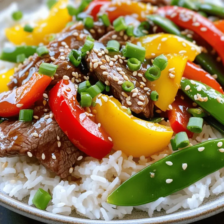 To make this tasty dish, you need: - 1 lb (450g) beef sirloin, thinly sliced - 2 tablespoons sesame oil - 4 cloves garlic, minced - 1 tablespoon fresh ginger, grated - 2 bell peppers (red and yellow), sliced - 1 cup snap peas, trimmed - 3 green onions, chopped - 1 tablespoon soy sauce - 1 tablespoon hoisin sauce - 1 tablespoon rice vinegar - 1 tablespoon sesame seeds - Salt and pepper to taste - Cooked jasmine rice, for serving These ingredients work well together. They create a mix of flavors and textures. The beef gives you protein, while the veggies add crunch. The sauces tie everything together with a savory taste. You can add more ingredients if you like. Some good options are: - Sliced carrots for sweetness - Broccoli florets for extra crunch - Crushed red pepper for heat - Cashews for a nutty twist These ingredients can change the taste and feel of the dish. Feel free to mix them based on what you enjoy! You will need some key tools to cook this stir fry: - A large skillet or wok for even cooking - A sharp knife for slicing the beef and veggies - A cutting board for prep work - Measuring spoons for accurate sauce amounts With these tools, your cooking process will be smooth and fun! Start by slicing 1 pound of beef sirloin into thin strips. Place the beef in a bowl. Sprinkle a pinch of salt and pepper over the beef. Toss it well to coat. Let it sit for about 10 minutes. This helps the beef absorb the flavors. Heat 2 tablespoons of sesame oil in a large skillet or wok. Use medium-high heat until the oil shimmers. Add the beef in a single layer. Cook for 2 to 3 minutes on each side. You want the beef browned but not fully cooked. Once done, remove it from the pan and set it aside. In the same skillet, add 4 minced garlic cloves and 1 tablespoon of grated ginger. Stir-fry these for about 30 seconds. This step wakes up the flavors. Next, toss in 2 sliced bell peppers and 1 cup of trimmed snap peas. Stir-fry for 2 to 3 minutes until they soften but stay crisp. Return the beef to the skillet. Add 1 tablespoon each of soy sauce, hoisin sauce, and rice vinegar. Stir everything well. Cook for an additional 2 to 3 minutes. This allows the beef to finish cooking and soak up the sauce. Once completed, remove from heat. Garnish with chopped green onions and sesame seeds before serving. To get the best texture, slice your beef thinly. Thin slices cook fast and stay tender. Make sure your skillet is hot before adding the beef. This helps it sear quickly. Don’t overcrowd the pan; cook in batches if needed. This step keeps the beef juicy and not soggy. You can swap beef sirloin for chicken or tofu if you prefer. Try adding broccoli or carrots for more color. If you like heat, toss in some red pepper flakes. For a sweeter taste, add pineapple chunks. Always taste as you go to adjust flavors. Serve this stir fry over fluffy jasmine rice. For a crunchy touch, sprinkle more sesame seeds on top. You can also add a side of spring rolls or a fresh salad. Pair it with a light soy sauce or a spicy dipping sauce for extra flavor. Enjoy this meal as a quick and tasty dinner option! {{image_2}} You can switch up the beef for other proteins. Chicken or shrimp works well here. Both cook fast and take on flavors easily. If you're looking for a vegetarian twist, use tofu instead. Just press and cube it before cooking. This option absorbs the sauce nicely and adds a great texture. Feel free to mix in your favorite veggies. Broccoli or carrots add crunch and color. You can also try mushrooms for a savory kick. Spinach or bok choy can offer a nice soft touch. Be creative! Use what you have in your fridge for a fresh twist on this dish. To make this dish gluten-free, swap soy sauce for a gluten-free version. Tamari is a great choice and tastes similar. Always check labels to ensure no hidden gluten sneaks in. Pair it with rice that’s labeled gluten-free for a safe, tasty meal. To keep your Sesame Garlic Beef Stir Fry fresh, store leftovers in an airtight container. Let the dish cool to room temperature before sealing it. Place it in the fridge within two hours of cooking. Proper storage helps maintain flavor and texture. You can keep it in the fridge for up to three days. When you reheat your stir fry, do it gently. Use a skillet over medium heat for even warming. Add a splash of water or broth to keep it moist. Stir occasionally to heat evenly and avoid burning. You can also use the microwave, but cover it to prevent drying out. Heat in short bursts, stirring in between until warm. If you want to freeze your stir fry, it’s best to do so before adding the fresh green onions and sesame seeds. Place the cooled stir fry in a freezer-safe container. It can last up to three months in the freezer. When ready to eat, thaw it overnight in the fridge. Reheat thoroughly before serving. Yes, you can use other cuts. Flank steak or ribeye work well. Just slice them thin. Thin slices help the beef cook fast and stay tender. You can even use chicken, pork, or tofu if you prefer. To add spice, include red pepper flakes or sliced fresh chili peppers. You can also use spicy sauces like Sriracha or chili garlic sauce. Start with a small amount and taste as you go. Adjust to your heat level. This stir fry goes great with jasmine rice or fried rice. You can also serve it with steamed broccoli or bok choy. A simple cucumber salad adds a fresh crunch too. For a light meal, serve with spring rolls or dumplings. In this article, we looked at how to make sesame garlic beef stir fry. We covered essential and optional ingredients, cooking steps, and helpful tips. You learned how to customize this dish with different proteins and veggies. Proper storage and reheating methods keep leftovers fresh. Remember, cooking is all about fun and making it your own. Enjoy your tasty stir fry, and don’t be afraid to experiment!