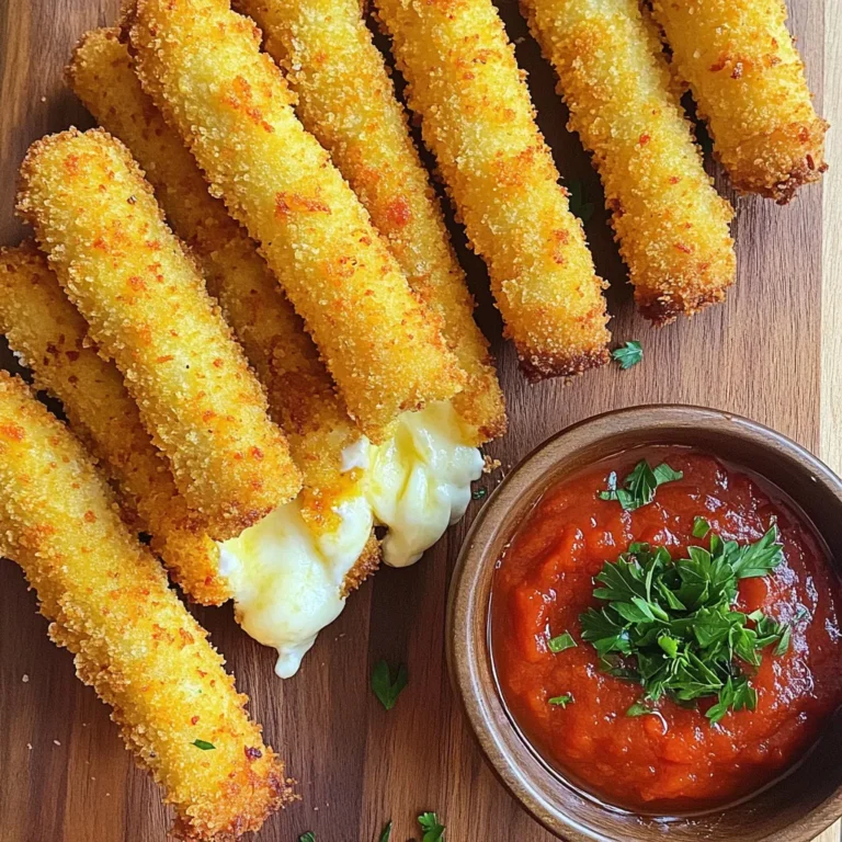 Here’s what you need to make these tasty mozzarella sticks: - 12 mozzarella cheese sticks - 1 cup all-purpose flour - 2 large eggs, beaten - 1 cup breadcrumbs (preferably panko for extra crunch) - 1 teaspoon garlic powder - 1 teaspoon onion powder - 1 teaspoon Italian seasoning - Salt and pepper to taste - Cooking spray These ingredients create a mix of flavors and textures. The mozzarella gives that gooey center. The flour helps the egg and breadcrumbs stick. The breadcrumbs, especially panko, add the perfect crunch. Seasonings like garlic and onion powder boost the taste. You can adjust salt and pepper to fit your liking. Cooking spray helps them get crispy in the air fryer. Gathering these ingredients is simple and quick. You can find most of them in your kitchen or at the store. Ready to get cooking? Freezing the cheese sticks Start by placing the mozzarella sticks in the freezer. Let them chill for about 30 minutes. This step helps keep the cheese firm when cooking. Setting up the dredging station Next, set up your dredging station. You will need three shallow bowls. Fill the first bowl with all-purpose flour. In the second bowl, add two beaten eggs. The third bowl should hold your breadcrumb mix, including garlic powder, onion powder, Italian seasoning, salt, and pepper. Flour coating process Take a frozen mozzarella stick from the freezer. Lightly coat it in flour, making sure it is fully covered. Give it a gentle shake to remove any extra flour. Egg dipping procedure Now, dip the floured stick into the beaten eggs. Let any excess egg drip off. This helps the breadcrumbs stick better. Breadcrumb application tips Roll the stick in the breadcrumb mixture. Press gently to ensure the breadcrumbs stick well. Repeat this for all the mozzarella sticks. Preheating the air fryer Preheat your air fryer to 390°F (200°C). This step is key for getting that perfect crisp. Arranging sticks in the basket Lightly spray the air fryer basket with cooking spray. Arrange the mozzarella sticks in a single layer. Make sure not to overcrowd the basket. This allows for even cooking. Cooking time and flipping technique Spray the tops of the sticks with cooking spray to enhance crispiness. Air fry them for 6-8 minutes or until they turn golden brown. Flip the sticks halfway through to ensure even crisping. Once they are ready, carefully remove them and let them cool for a few minutes before serving. Freezing your mozzarella sticks is key. It helps them keep their shape while cooking. When they stay firm, they fry better. I freeze them for about 30 minutes. This makes a big difference in texture. For extra crispiness, use panko breadcrumbs. They add a nice crunch. A light spray of cooking oil on top also helps. For best results, use part-skim mozzarella sticks. They melt well and stay tasty. Avoid low-fat versions; they may not crisp up right. Store cheese sticks in the fridge until you use them. Keep them in their original packaging to stay fresh. If you need to, wrap them tightly in plastic. Serve your mozzarella sticks with marinara sauce for dipping. It adds a great flavor. You can also try ranch or spicy aioli for fun twists. For a nice touch, garnish with chopped parsley. It adds color and freshness. Enjoy your snack! {{image_2}} You can make your mozzarella sticks even better by adding flavors to the breadcrumbs. Mix in herbs like basil, parsley, or oregano for a fresh taste. You can also sprinkle in some paprika or cayenne for a kick. This simple change can elevate your snack to a whole new level and impress your friends. Don't be afraid to get creative with flavors you love! If you want to switch things up, try different types of cheese sticks. Cheddar, pepper jack, or gouda can add unique flavors. Each cheese brings its own taste and texture. For a fun twist, use a mix of cheeses for extra gooeyness. Kids and adults alike will love the surprises inside! For a gluten-free option, you can easily swap the flour and breadcrumbs. Use almond flour or coconut flour instead of regular flour. For the breadcrumbs, look for gluten-free panko or crush gluten-free crackers. This way, everyone can enjoy crispy mozzarella sticks without worry. It’s all about enjoying good food together! To store leftover mozzarella sticks, place them in an airtight container. Keep them in the fridge. They stay fresh for up to three days. Before storing, let them cool completely. This keeps moisture from making them soggy. If you need to reheat them later, they will still taste great. Freezing uncooked mozzarella sticks is easy. After coating them, lay them flat on a baking sheet. Make sure they do not touch each other. Freeze for about 1 hour until firm. Transfer the sticks to a freezer bag or container. They can stay in the freezer for up to two months. When you want to cook them, you can go straight from the freezer to the air fryer. To reheat mozzarella sticks, use the air fryer for the best results. Preheat it to 350°F (175°C). Place the sticks in a single layer in the basket. Cook for about 4-5 minutes. This keeps them crispy and warm. Avoid using the microwave, as it can make them soggy. Enjoy your tasty snack! Yes, you can use pre-made frozen mozzarella sticks. Just skip the coating steps. Air fry them according to the package instructions. This saves time and gives you a quick snack. The sticks are done when they are golden brown and crispy. You should also see some cheese starting to ooze out. Cook them for 6-8 minutes, flipping halfway through for even cooking. Marinara sauce is a classic choice. You can also try ranch dressing or garlic aioli. For a twist, serve with spicy sriracha or a tangy barbecue sauce. These dips enhance the flavor of your crispy mozzarella sticks. People often ask if they can add spices to the breadcrumbs. Yes! You can mix in herbs like oregano or chili powder for extra flavor. Another popular question is about making them healthier. You can use whole wheat breadcrumbs or even almond flour for a different taste. You learned how to make tasty mozzarella sticks from scratch. We covered ingredients, step-by-step cooking, and storage tips. You can use different cheeses or breadcrumbs to change the flavor. Remember to freeze the sticks for the best texture. Pair them with fun dips for extra flavor. Making mozzarella sticks is easy and rewarding. Enjoy your delicious snack any time!