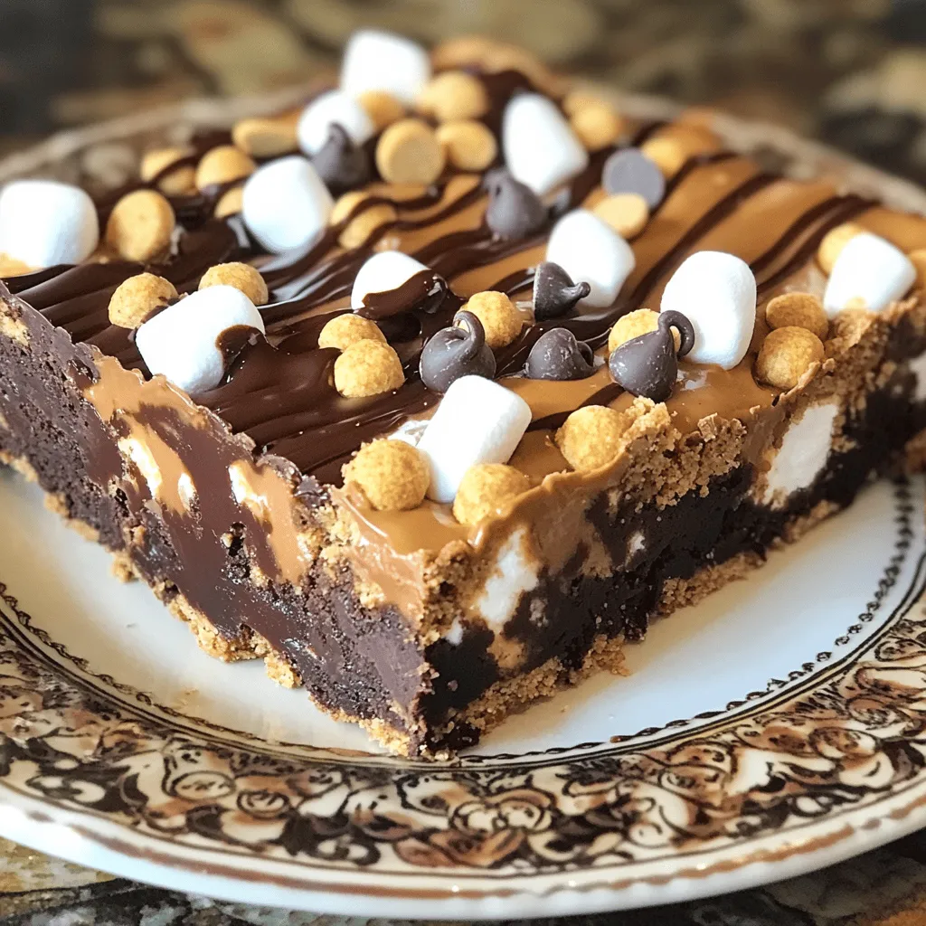 To make the best Peanut Butter S’mores Bars, gather these simple ingredients: - 1 cup graham cracker crumbs - 1/2 cup all-purpose flour - 1/2 cup unsweetened cocoa powder - 1 teaspoon baking powder - 1/2 teaspoon salt - 1/2 cup unsalted butter, melted - 1 cup creamy peanut butter - 3/4 cup brown sugar, packed - 1/4 cup granulated sugar - 1 teaspoon vanilla extract - 1 large egg - 1 cup mini marshmallows - 1/2 cup chocolate chips (dark or milk chocolate) - Extra graham cracker crumbs for topping These ingredients blend to create a rich, gooey treat. You’ll love how they come together. The graham cracker crumbs add a sweet crunch. The cocoa powder brings in deep chocolate notes. Creamy peanut butter makes everything smooth and rich. Using mini marshmallows gives that classic s’mores feel. The chocolate chips add extra sweetness and meltiness. When you bake these bars, the flavors mix beautifully. Each bite will remind you of cozy campfire nights. First, set your oven to 350°F (175°C). This helps the bars bake evenly. Grease an 8x8-inch baking dish. You can also line it with parchment paper. This makes it easy to lift out the bars later. In a medium bowl, combine the dry items. Add 1 cup of graham cracker crumbs, 1/2 cup of all-purpose flour, and 1/2 cup of unsweetened cocoa powder. Next, mix in 1 teaspoon of baking powder and 1/2 teaspoon of salt. Stir well and put it aside. In another large bowl, melt 1/2 cup of unsalted butter. Whisk in 1 cup of creamy peanut butter. Then, add 3/4 cup of packed brown sugar and 1/4 cup of granulated sugar. Mix in 1 teaspoon of vanilla extract until the mixture is smooth. Now, crack in 1 large egg. Mix until fully blended. Gradually fold the dry mix into the wet mix. Stir gently until combined. The batter will be thick, which is just right. Next, fold in 1 cup of mini marshmallows and 1/2 cup of chocolate chips. Save some chocolate chips for later. Stir until everything is mixed well. Spread the batter evenly into your prepared dish. Sprinkle the saved chocolate chips and extra graham cracker crumbs on top. Bake in the oven for 25-30 minutes. A toothpick inserted in the center should come out mostly clean. Once baked, let the bars cool in the pan for at least 15 minutes. Use the parchment paper to lift them out. Cut into squares and serve. They taste great warm or at room temperature. For a fun twist, drizzle melted chocolate on top or add crushed graham crackers. Enjoy with a cold glass of milk! To get the best texture, use creamy peanut butter. It blends smoothly and keeps the bars moist. Make sure to mix the dry and wet ingredients well, but don't overmix. Overmixing can make the bars tough. The batter should be thick, which helps hold everything together. You can tell the bars are done when they look set. Insert a toothpick in the center. If it comes out with a few moist crumbs, they are ready. If it’s wet with batter, they need more time. Bake for 25 to 30 minutes for the perfect chewy bars. These bars taste best warm. Serve them on a decorative plate for a fun touch. You can drizzle melted chocolate on top for extra sweetness. A sprinkle of crushed graham crackers adds a nice crunch. Pair them with a glass of cold milk for a tasty treat. You can get creative with toppings! Try adding mini chocolate chips or extra marshmallows on top before baking. For a twist, add a pinch of sea salt. A scoop of vanilla ice cream on the side makes it even better. Each bite will be an irresistible treat! {{image_2}} You can make these bars gluten-free. Just swap the all-purpose flour for a gluten-free blend. Use a mix designed for baking. Make sure your graham crackers are also gluten-free. This way, everyone can enjoy them! To make these bars vegan, you need to make a few changes. First, use a plant-based butter instead of regular butter. Replace the egg with a flax egg. To make a flax egg, mix one tablespoon of ground flaxseed with three tablespoons of water. Let it sit for five minutes to thicken. Choose dairy-free chocolate chips, too. Your bars will still taste amazing! Feel free to get creative with mix-ins. Try adding chopped nuts like walnuts or pecans for crunch. You can also use dried fruit like cranberries or cherries for a sweet twist. Want extra chocolate? Add more chocolate chips or chunks. Each mix-in can give your Peanut Butter S’mores Bars a fun new flavor. Enjoy experimenting! To keep your Peanut Butter S’mores Bars fresh, store them in an airtight container. This helps maintain their chewy texture. Place a piece of parchment paper between layers to prevent sticking. Keep them at room temperature for up to five days. If your kitchen is warm, refrigerate them to avoid melting. Freezing these bars is a great option. Start by cooling them completely. Once cool, cut them into squares. Wrap each square in plastic wrap. Then, place them in a freezer bag. They can last up to three months in the freezer. When you crave a sweet treat, just thaw a piece at room temperature. For a warm treat, reheat your bars in the oven. Preheat the oven to 350°F (175°C). Place the bars on a baking sheet. Cover them with foil to keep them soft. Heat for about 10 minutes. You can also use a microwave. Heat one square for 15 to 20 seconds. Enjoy the gooey marshmallows and melted chocolate! Yes, you can use crunchy peanut butter. It will give your bars a nice texture. The bits of peanuts add some fun crunch. Just make sure you measure the same amount. These bars can last up to five days at room temperature. Store them in an airtight container. For longer storage, keep them in the fridge for up to a week. You can use crushed cookies like digestive biscuits or vanilla wafers. They will give a different flavor but still taste great. If you need a gluten-free option, try gluten-free graham crackers or almond flour. Absolutely! You can make them a day or two ahead. Just store them in an airtight container. They taste even better after resting for a while. These bars are not vegan or gluten-free as written. However, you can make them vegan with egg replacers. For gluten-free, use gluten-free flour and graham crackers. Always check labels for allergens. This blog shared a simple recipe for Peanut Butter S’mores Bars. We covered all the ingredients and each step. I offered tips for good texture and serving ideas. You learned about gluten-free and vegan options too. These bars are fun to make and perfect for sharing. Try different mix-ins for more flavor. Enjoy creating a delicious treat that your friends and family will love.