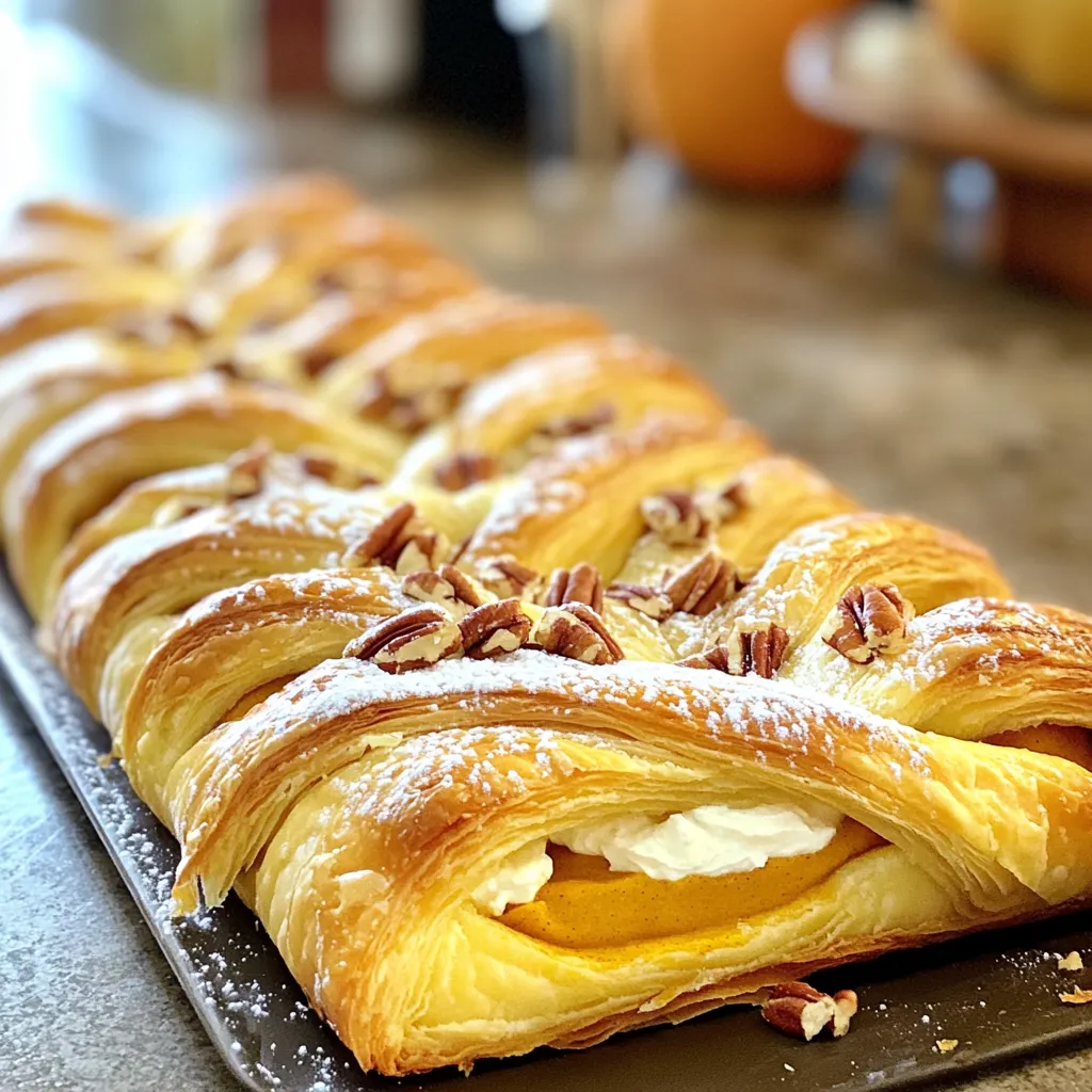 - Puff Pastry: Use one sheet of thawed puff pastry. It should be light and flaky. This pastry creates a nice, airy texture for your braid. - Pumpkin Puree: Grab one cup of pumpkin puree. Use canned puree for ease, or make your own. Just roast fresh pumpkin, scoop it out, and blend until smooth. - Cream Cheese and Sugar: You need half a cup of softened cream cheese. Mix it with half a cup of powdered sugar for sweetness. This blend makes the filling creamy and rich. - Optional Toppings: Consider using chopped pecans or walnuts. They add a lovely crunch on top of your braid. You can sprinkle them on before baking for extra flavor. 1. Prepping the oven and baking sheet Start by preheating your oven to 400°F (200°C). Line a baking sheet with parchment paper. This helps the braid not stick. 2. Thawing and rolling out the pastry Take your puff pastry out of the freezer. Let it thaw completely. Once thawed, roll it out on a lightly floured surface. Aim for a rectangle about 12 x 16 inches. 3. Mixing the filling components In a mixing bowl, combine pumpkin puree, softened cream cheese, powdered sugar, vanilla extract, and pumpkin pie spice. Mix these ingredients until smooth. This filling is rich and creamy. 1. Adding the cream cheese filling Place the cream cheese mixture down the center of the pastry. Leave about 3 inches free on each side. This space ensures the braid can fold easily. 2. Cutting the pastry for braiding Use a sharp knife to cut 1-inch diagonal strips along both sides of the filling. Be careful not to cut into the filling. This step is key for a beautiful braid. 3. Folding the pastry strips Fold the pastry strips over the filling. Alternate folding from each side to create a braid pattern. Pinch the ends to seal the braid well. This keeps the filling inside while baking. 1. Creating the egg wash In a small bowl, whisk together one egg and a tablespoon of milk. This egg wash gives the braid a nice golden color when baked. 2. Adding toppings before baking If you like, sprinkle chopped pecans or walnuts on top before baking. They add great crunch and flavor to your Danish braid. 3. Baking time and temperature guide Place the braid in the preheated oven. Bake for 20-25 minutes until the pastry is golden and flaky. Let it cool slightly before serving. This treat is best enjoyed warm! - Ensuring flaky layers in puff pastry: Start with cold puff pastry. Keep it chilled until you're ready to roll it out. This helps create those light, flaky layers. Use a light hand when rolling. Don't overwork the dough, or the layers can stick together. - Tips for preventing filling spillage: Make sure to leave enough space on the edges of the pastry. When you cut the strips, do it gently, avoiding deep cuts into the filling. This helps keep the mixture inside as you braid. - Best practices for the egg wash application: Whisk the egg and milk until mixed well. Use a pastry brush to apply the wash evenly. This gives a beautiful golden color and shine. Don’t forget to brush the ends of the braid for a nice finish. - Overmixing the filling: When you mix the pumpkin and cream cheese, stop as soon as it's smooth. Overmixing can lead to a runny filling that oozes out while baking. - Cutting techniques for even braiding: Cut the strips about 1 inch apart and at a diagonal. This helps create a uniform braid. If they are too thick or thin, the braid won’t look nice and may bake unevenly. - Timing adjustments based on oven type: Every oven is different. Keep an eye on your Danish braid while it bakes. If your oven runs hot, check it a few minutes early to avoid burning. {{image_2}} You can switch out some ingredients to fit your taste. Here are some ideas: - Alternative pumpkin flavors: If you want a twist, use sweet potato or butternut squash puree instead of pumpkin. Both give a nice flavor. - Dairy-free options for cream cheese: Use a dairy-free cream cheese brand found in stores. This works well for those who avoid dairy but love the taste. - Sweetener alternatives for powdered sugar: You can use coconut sugar or agave nectar if you prefer a less processed option. Just mix it in until the filling is smooth. Make this treat fit the season with easy changes: - Adding cranberries for a holiday twist: Toss in some fresh or dried cranberries into the filling. This adds a tart flavor that pairs well with the sweet pumpkin. - Drizzling with caramel or chocolate: After baking, drizzle caramel or melted chocolate over the braid. This extra touch makes it more indulgent. - Modifying spices for different preferences: Change the spices to match your taste. You can try cinnamon, nutmeg, or even a pinch of ginger to switch things up. To keep your pumpkin cream cheese Danish braid fresh, store it in an airtight container. This method helps to lock in moisture and flavor. You can keep it in the refrigerator for up to three days. If you want to save it for longer, freeze it. Wrap the braid tightly in plastic wrap and then in aluminum foil. This way, it can last up to three months in the freezer. When you're ready to enjoy your leftovers, reheating them correctly is key. Preheat your oven to 350°F (175°C). Place the Danish braid on a baking sheet. Heat it for about 10-15 minutes. This helps to keep the pastry flaky. If you want to refresh the texture, you can cover it with foil for the first half of heating. Then remove the foil to crisp the outside. Enjoy your delicious treat just like it was fresh! You can prepare the Danish braid a day in advance. Roll out the puff pastry and fill it with the cream cheese mixture. Instead of baking, cover it tightly with plastic wrap. Store it in the fridge. This keeps it fresh and ready for baking. - If you make it ahead, bake it the next day. - Always check for freshness before using. Yes, you can freeze the braid. After shaping the braid, wrap it well in plastic wrap. Place it in a freezer bag. This helps keep it fresh and tasty. - For best results, freeze it before baking. - When ready to serve, thaw it overnight in the fridge. This Danish braid is great for breakfast or dessert. You can serve it warm with a side of whipped cream or vanilla ice cream. - Fresh fruit like apples or berries pairs well too. - For drinks, try coffee, tea, or a spiced cider. We explored how to make a pumpkin cream cheese Danish braid from scratch. You learned about key ingredients like puff pastry and pumpkin puree. The step-by-step guide helped you prepare, shape, and bake the braid perfectly. I shared tips to avoid common mistakes and variations to try. Remember, the perfect braid combines flavor and structure. Enjoy experimenting with different toppings and fillings. Whether for breakfast or a dessert, this recipe can impress everyone. Happy baking!