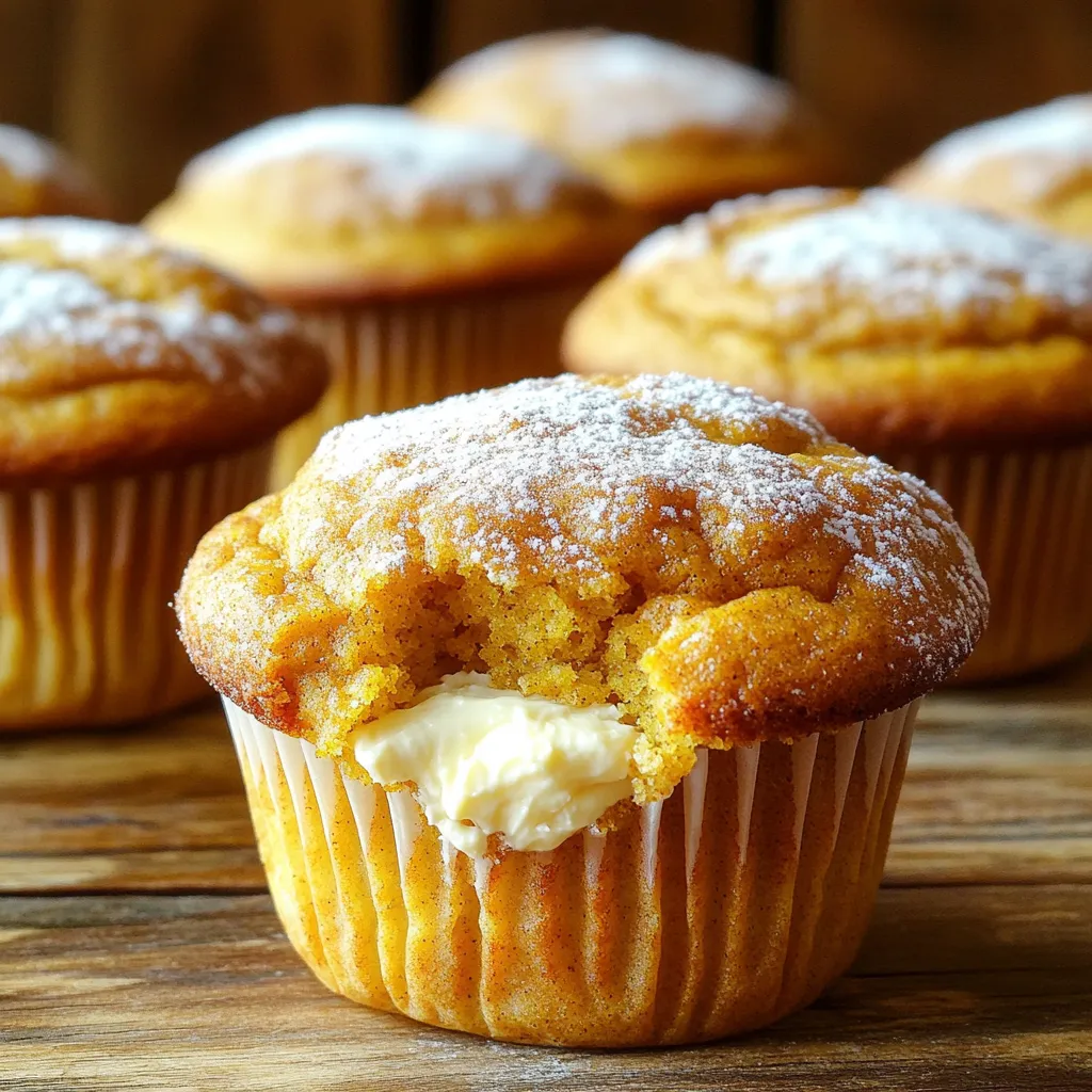 For the dry mix, you will need: - 1 ½ cups all-purpose flour - 1 teaspoon baking soda - ½ teaspoon baking powder - 1 teaspoon ground cinnamon - ½ teaspoon ground ginger - ¼ teaspoon ground nutmeg - ¼ teaspoon salt These dry ingredients give the muffins structure and flavor. For the wet mix, gather: - 1 cup pumpkin puree (canned or fresh) - ½ cup granulated sugar - ½ cup brown sugar, packed - ½ cup vegetable oil - 2 large eggs - 1 teaspoon vanilla extract These ingredients add moisture and sweetness to the muffins. To make the cream cheese filling, you'll need: - 8 oz cream cheese, softened - 2 tablespoons powdered sugar - 1 tablespoon lemon juice This filling adds a rich, creamy layer to each muffin. First, you need to preheat your oven to 375°F (190°C). This step is key to baking the muffins evenly. Next, take a muffin pan and line it with paper liners or spray it lightly with cooking spray. This helps the muffins come out easily and keeps them from sticking. Now, let’s make the cream cheese filling. In a medium bowl, mix together 8 oz of softened cream cheese, 2 tablespoons of powdered sugar, and 1 tablespoon of lemon juice. Stir this mixture until it is smooth and creamy. Set this aside. In a separate large bowl, combine your dry ingredients. Whisk together 1 ½ cups of all-purpose flour, 1 teaspoon of baking soda, ½ teaspoon of baking powder, 1 teaspoon of ground cinnamon, ½ teaspoon of ground ginger, ¼ teaspoon of ground nutmeg, and ¼ teaspoon of salt. This mix adds great flavor! In another bowl, mix your wet ingredients. Combine 1 cup of pumpkin puree, ½ cup of granulated sugar, ½ cup of brown sugar, ½ cup of vegetable oil, 2 large eggs, and 1 teaspoon of vanilla extract. Mix this until everything is well blended. Now, it’s time to fill the muffin cups. Spoon a little muffin batter into each cup, filling them about 1/3 full. Then, add a dollop of your cream cheese mixture on top of the batter. Cover this with more muffin batter until each cup is about ¾ full. This layering creates a delicious surprise in every bite! Place the muffin pan in the preheated oven and bake for 18-20 minutes. Check if they are done by inserting a toothpick into the center. It should come out clean, though it might be slightly sticky due to the cream cheese. After baking, let the muffins cool in the pan for 5 minutes. Then, transfer them to a wire rack to cool completely. Enjoy the warm, inviting smell as they cool! To keep your muffins light and fluffy, mix carefully. When you combine the wet and dry ingredients, stir just until you see no dry flour. A few lumps in the batter are okay. Overmixing makes muffins tough. Remember, the goal is a soft and tender texture. For the cream cheese filling, make sure the cream cheese is soft. This helps it blend well with powdered sugar and lemon juice. Mix until smooth, but don’t overbeat it. If you whip it too much, it can become runny. The filling should be thick and creamy, ready to add to your muffins. Presentation makes a big difference. Once your muffins cool, sprinkle them with powdered sugar. This adds a nice touch. If you want to impress, add a dollop of whipped cream on top. Serve them warm for the best taste and look. A beautiful plate can make your muffins even more inviting. {{image_2}} You can make these muffins even more special by adding chocolate chips. Mix in about 1 cup of semi-sweet chocolate chips into your batter. The sweet chocolate pairs well with the pumpkin and cream cheese. It adds a nice burst of flavor in each bite. Try using mini chocolate chips for a fun twist. Nuts or seeds add texture and crunch. You can use chopped walnuts, pecans, or sunflower seeds. About ½ cup of your choice will work well. Stir them into the batter before filling the muffin cups. This gives the muffins a satisfying bite and a nutty flavor that complements the pumpkin. Want a gluten-free option? Swap out all-purpose flour for gluten-free flour. You can find blends made for baking that work well in muffins. Make sure your baking powder and baking soda are also gluten-free. This way, you can enjoy the same great taste without gluten. To keep your pumpkin cream cheese muffins fresh, store them in an airtight container. Place a paper towel at the bottom to absorb moisture. This helps prevent sogginess. Seal the container and keep it at room temperature. These muffins will stay tasty for about three days. If you want them to last longer, consider freezing. Freezing is a great way to save muffins for later. First, let the muffins cool completely. Wrap each muffin in plastic wrap. This keeps them from getting freezer burn. Then, place the wrapped muffins in a freezer-safe bag or container. Be sure to squeeze out any air. They can last up to three months in the freezer. When you are ready to eat them, just thaw them at room temperature. To enjoy your muffins warm, reheating is key. You can use the microwave or the oven. If you use a microwave, heat for about 15-20 seconds. Check if they are warm enough. If using the oven, preheat it to 350°F (175°C). Place the muffins on a baking sheet and warm them for about 5-10 minutes. This will make them taste fresh and delicious again. Yes, you can use fresh pumpkin. Just cook and puree it first. Make sure it’s smooth. Fresh pumpkin has a rich flavor. It can add a lovely touch to your muffins. To lower the sugar, cut the granulated and brown sugar in half. You can also use a sugar substitute. Applesauce or mashed banana can replace some sugar too. This change still keeps the muffins tasty. If you need a substitute for cream cheese, try Greek yogurt. It gives a nice tang and keeps the muffins moist. You can also use ricotta cheese. Both options work well in the filling. These muffins stay fresh for about three days at room temperature. Keep them in an airtight container. For longer storage, you can freeze them. They last up to three months in the freezer. Just thaw when ready to enjoy! You now know how to make delicious pumpkin cream cheese muffins from scratch. We covered key ingredients, simple steps, helpful tips, tasty variations, and smart storage methods. With these insights, you can create perfect muffins every time. Don't hesitate to experiment with flavors or options! The joy of baking lies in trying new things. Enjoy sharing your tasty creations with family and friends. Happy baking!