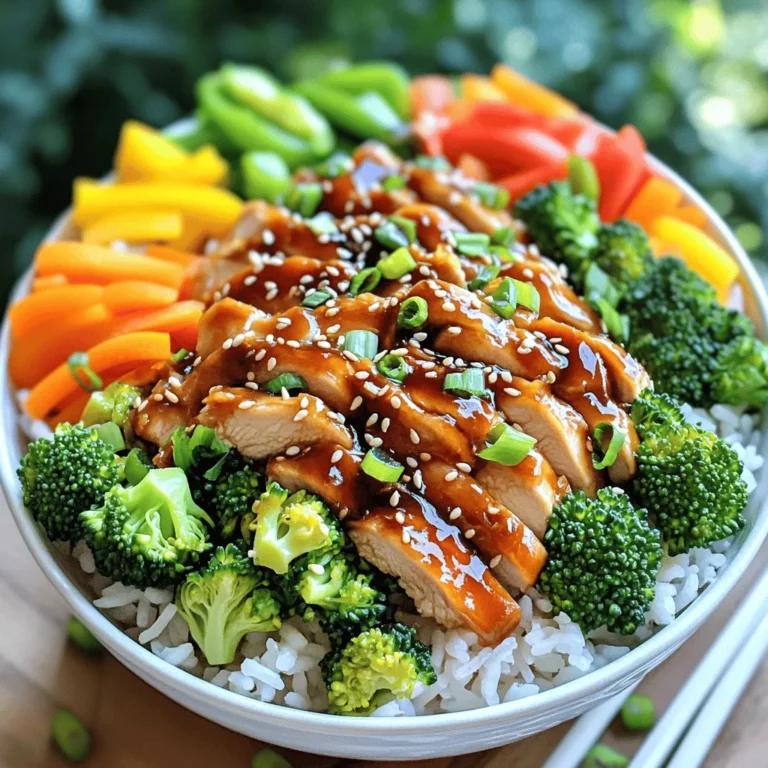 For a tasty teriyaki chicken rice bowl, gather these main ingredients: - 2 boneless, skinless chicken breasts, sliced thinly - 1 cup jasmine rice - 1 cup broccoli florets - 1 carrot, julienned - 1 bell pepper, sliced - 2 green onions, chopped - Salt and pepper to taste These ingredients form the base of your meal. The chicken provides protein, while the vegetables add color and crunch. You can make a simple teriyaki sauce with just a few ingredients. You will need: - 1/4 cup soy sauce - 1/4 cup honey - 2 tablespoons sesame oil - 1 tablespoon grated ginger - 2 cloves garlic, minced This sauce adds that sweet and savory flavor. The ginger and garlic give it a rich taste. You can enhance your dish with some fun garnishes. Consider adding: - Sesame seeds for garnish - Extra green onions for flavor - A dash of chili flakes for heat These optional items add texture and flair to your rice bowl. Feel free to switch them up based on your taste! To start, you want to cook the jasmine rice. Follow the package instructions carefully. Typically, you will need to rinse the rice first. This step helps remove extra starch. It will make your rice fluffier. Use a pot or rice cooker for the best results. Once cooked, set the rice aside. Next, let’s make the teriyaki sauce. Grab a medium bowl. Combine the soy sauce, honey, sesame oil, grated ginger, and minced garlic. Mix them well until combined. This sauce adds a sweet and salty flavor to your chicken. It’s easy to make and tastes great! Now, heat a large skillet over medium-high heat. Add a drizzle of sesame oil. Once hot, add the sliced chicken breast. Season with salt and pepper. Cook the chicken for about 5-7 minutes. You want it browned and fully cooked. After that, pour the teriyaki sauce over the chicken. Stir well and let it simmer for 3-4 minutes. This thickens the sauce slightly. While the chicken simmers, prepare the vegetables. Blanch the broccoli in boiling water for 2 minutes. Then, transfer it to ice-cold water. This keeps the color bright and the crunch. In the same skillet, add the blanched broccoli, sliced bell pepper, and julienned carrot to the chicken. Cook for another 2-3 minutes until the veggies are tender but still crisp. Finally, it’s time to serve! Take a bowl and add a scoop of jasmine rice. Top it with the teriyaki chicken and vegetable mix. For the finishing touch, garnish with chopped green onions and a sprinkle of sesame seeds. This adds great texture and flavor. Enjoy your flavorful teriyaki chicken rice bowls! To make tender, juicy chicken, slice the breasts thinly. Thin slices cook faster and stay moist. Heat your skillet until it is hot. Use sesame oil for flavor. Season the chicken well with salt and pepper. Cook for 5-7 minutes. Look for a golden brown color. This means it is cooked well. Always check that it reaches a safe internal temperature of 165°F. You can tweak the teriyaki sauce to fit your taste. Start with equal parts soy sauce and honey. This mix gives you the sweet and salty balance. Want it spicier? Add a dash of chili oil or fresh ginger. You can also use brown sugar instead of honey. For a thicker sauce, let it simmer longer. Taste as you go to find your perfect flavor. Fresh vegetables add color and crunch to your rice bowl. Broccoli florets are a great choice. They soak up the sauce well. Carrots add a nice crunch with their sweet taste. Bell peppers bring in some sweetness and color. You can also use snap peas, zucchini, or mushrooms. Feel free to mix and match based on what you like! {{image_2}} You can switch up the protein in your teriyaki chicken rice bowl. Try using thinly sliced beef or pork. These meats soak up the sauce well and add a new flavor. You can also use shrimp or tofu. For shrimp, cook it until pink, then add the sauce. For tofu, press it to remove extra water, then cube it and fry until golden. If you want a vegetarian or vegan option, use tofu or tempeh. Both options are great at soaking up flavors. For a heartier meal, add chickpeas or edamame. These add protein and texture. Use vegetable broth instead of water for cooking rice to boost flavor. You can also add more vegetables like mushrooms or bell peppers for variety. Want some heat? You can easily spice up your teriyaki chicken. Add sriracha or chili paste to the teriyaki sauce. Start with a small amount, then taste and adjust. Another option is to sprinkle red pepper flakes over the finished dish. This adds a nice kick without changing the base flavor. Enjoy the mix of sweet and spicy in every bite! After you finish your meal, let the leftovers cool down. Place the teriyaki chicken and rice in an airtight container. You can store them in the fridge for up to three days. Keep the vegetables separate if you want them crisp. To reheat, you can use the microwave. Place the chicken and rice in a bowl. Add a splash of water to keep it moist. Heat for 1-2 minutes, stirring halfway. You can also use a skillet. Heat it over medium heat, stirring until warm. If you have a busy week, make this dish ahead of time. Cook the chicken and veggies, then store them separately. You can cook the rice fresh each day or make a big batch. This way, you can assemble your meal quickly. You can also use leftovers for wraps or salads. Yes, you can make Teriyaki Chicken in advance. Cook the chicken and sauce, then store them in the fridge. This dish stays tasty for up to three days. When you’re ready to eat, just reheat it on the stove. Add a splash of water to keep it moist. If you need a honey substitute, use maple syrup or agave syrup. Both options bring sweetness and flavor. You can also use brown sugar mixed with a bit of water. Adjust the amount to taste, as different sweeteners may vary in sweetness. Teriyaki Chicken Rice Bowls can be healthy. They contain lean chicken, colorful veggies, and whole grains from the rice. However, the sauce has sugar and sodium. To make it healthier, use less sauce or low-sodium soy sauce. You can also add more vegetables for fiber. To make Teriyaki Chicken without soy sauce, use coconut aminos. This option is a great soy sauce alternative. You can also make a blend of broth, vinegar, and spices. This will keep the flavor profile while avoiding soy sauce entirely. In this blog post, we explored how to make tasty teriyaki chicken rice bowls. You learned about the key ingredients, which include chicken, vegetables, and homemade teriyaki sauce. I shared step-by-step cooking tips for the rice and chicken, and how to customize your dish. We also discussed great ways to store leftovers and answered common questions. Now, it’s time to enjoy your delicious creation. With these simple methods, cooking becomes fun and rewarding. Happy cooking!