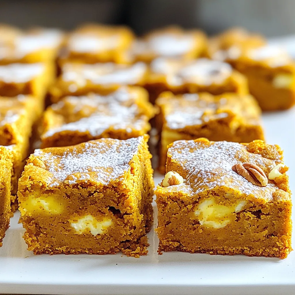 To make Brown Butter Pumpkin Blondies, gather the following tasty ingredients: - 1 cup unsalted butter - 1 cup brown sugar - ½ cup granulated sugar - 1 cup pumpkin puree - 2 large eggs - 2 teaspoons vanilla extract - 2 cups all-purpose flour - 1 teaspoon baking powder - 1 teaspoon baking soda - ½ teaspoon salt - 1 teaspoon ground cinnamon - ½ teaspoon ground nutmeg - Optional mix-ins: ½ cup white chocolate chips, ½ cup chopped pecans These ingredients come together to create a rich, moist dessert. Each one plays a key role in building flavor and texture. Brown sugar adds depth and sweetness, while pumpkin puree gives moisture and a lovely hue. The spices bring warmth, making these blondies perfect for fall. You can customize your blondies with mix-ins. White chocolate chips add creaminess, while pecans give a nice crunch. Feel free to experiment with your favorite flavors. Enjoy this delightful treat straight from the oven or with a scoop of ice cream! Start by preheating your oven to 350°F (175°C). Grease a 9x13 inch baking pan or line it with parchment paper. This helps with easy removal later. In a medium saucepan, melt 1 cup of unsalted butter over medium heat. Stir it often. Keep an eye on it as it foams and turns golden brown. This will take about 5-7 minutes. You want a nice nutty aroma. Be careful not to let it burn. Once ready, remove it from the heat and let it cool for a bit. In a large mixing bowl, combine the browned butter with 1 cup of brown sugar and ½ cup of granulated sugar. Stir well until all three are mixed. Then, add 1 cup of pumpkin puree. Mix until the mixture is smooth and creamy. Next, add 2 large eggs to your bowl, one at a time. Mix well after each egg. Then, stir in 2 teaspoons of vanilla extract. This adds great flavor to your blondies. In a separate bowl, whisk together 2 cups of all-purpose flour, 1 teaspoon of baking powder, 1 teaspoon of baking soda, ½ teaspoon of salt, 1 teaspoon of ground cinnamon, and ½ teaspoon of ground nutmeg. Gradually mix this dry mixture into the wet ingredients. Stir just until combined to avoid overmixing. If you like, fold in ½ cup of white chocolate chips and ½ cup of chopped pecans. These add fun textures and flavors. Make sure not to overmix. The batter should be thick and a bit lumpy. Now, pour the batter into your prepared baking pan. Use a spatula to spread it evenly. This helps the blondies bake evenly. Place the pan in your preheated oven. Bake for 25-30 minutes. Check for doneness by inserting a toothpick into the center. If it comes out clean, they are ready. The edges should look slightly golden. Let the blondies cool in the pan for at least 10 minutes. Then, transfer them to a wire rack to cool completely. Once cooled, cut them into squares and enjoy! For extra flair, serve them dusted with powdered sugar and cinnamon. A sprig of mint makes a lovely garnish too! To make brown butter, melt unsalted butter in a pan over medium heat. Stir it often. Watch for foaming, then a golden brown color. This takes about 5-7 minutes. The smell should be nutty. If it gets too dark, it can taste burnt. This step adds a rich flavor to your blondies. Use a mix of brown and granulated sugar. Brown sugar gives chewiness, while granulated sugar adds lightness. Adding pumpkin puree makes the blondies moist. Do not overmix the batter. Stir until you just see the dry ingredients disappear. This will keep your blondies soft and thick. Serve these blondies on a nice platter. Dust them with powdered sugar and a bit of cinnamon. Add a sprig of mint for color. These blondies pair well with vanilla ice cream or whipped cream. Enjoy them warm or at room temperature for the best taste. Let the blondies cool in the pan for at least 10 minutes. Use a sharp knife for clean cuts. Wipe the knife between cuts for neat squares. If you want, chill them in the fridge for easier cutting. This makes them firm and easy to handle. {{image_2}} You can make a vegan version of these blondies. Use vegan butter in place of regular butter. For eggs, mix 1 tablespoon of flaxseed meal with 3 tablespoons of water. Let it sit for a few minutes. This mix works well to bind ingredients just like eggs do. Use this flax egg in your recipe. To make gluten-free blondies, swap all-purpose flour with a gluten-free blend. Look for a blend with xanthan gum. This will help keep the blondies chewy. Make sure to double-check the other ingredients, like baking powder, for gluten. You can boost the flavor of your blondies with spices. Add a pinch of ginger for a warm kick. A dash of allspice can deepen the flavor profile. You could also use a splash of almond extract for a nutty touch. If you want more texture, try adding in chopped nuts. Walnuts or pecans add nice crunch. You could also mix in some dried cranberries or raisins for a fruity twist. White chocolate chips add sweetness, but you can use dark chocolate for a richer taste. To keep your blondies fresh, place them in an airtight container. This helps maintain moisture and flavor. You can store them at room temperature for up to three days. If you want to keep them longer, refrigeration is a good option. Just remember to let them come back to room temperature before serving. You can freeze brown butter pumpkin blondies for up to three months. First, cut them into squares. Then, wrap each square in plastic wrap. Place the wrapped blondies in a freezer-safe bag. This helps prevent freezer burn. When you’re ready to enjoy, let them thaw in the fridge overnight or at room temperature for a few hours. For the best taste, reheat your blondies in the oven. Preheat the oven to 350°F (175°C). Place the blondies on a baking sheet. Heat for about 5-10 minutes until warm. You can also use the microwave. Heat each square for 10-15 seconds. This will make them soft and gooey again. Enjoy them warm for a delightful experience! If you run out of brown sugar, you can use white sugar. Add a bit of molasses to make it taste closer to brown sugar. Use one cup of white sugar with one tablespoon of molasses mixed in. This gives a nice flavor and color. You can also use coconut sugar, which works well in this recipe. Yes, you can use fresh pumpkin. Make sure to cook it first. Cut the pumpkin in half, remove the seeds, and roast it until soft. Blend it until smooth. This can take more time than canned pumpkin but gives a great fresh taste. To check if the blondies are done, insert a toothpick in the center. If it comes out clean or with a few crumbs, they are done. The edges should be slightly golden. Be careful not to overbake, or they may dry out. Absolutely! You can add nuts like pecans or walnuts for crunch. White chocolate chips also add sweetness. Fold them into the batter gently. Make sure not to overmix so that the blondies stay soft and chewy. These blondies can last up to a week if stored well. Keep them in an airtight container at room temperature. You can also freeze them for up to three months. Just wrap them tightly in plastic wrap before freezing. In this blog post, I shared how to make rich brown butter pumpkin blondies. We covered all ingredients, step-by-step instructions, and various tips. You learned about storage and exciting variations. This recipe brings warmth and joy, perfect for any gathering. Enjoy the sweet smell and delicious taste of these blondies. Use the tips to make them your favorite treat!