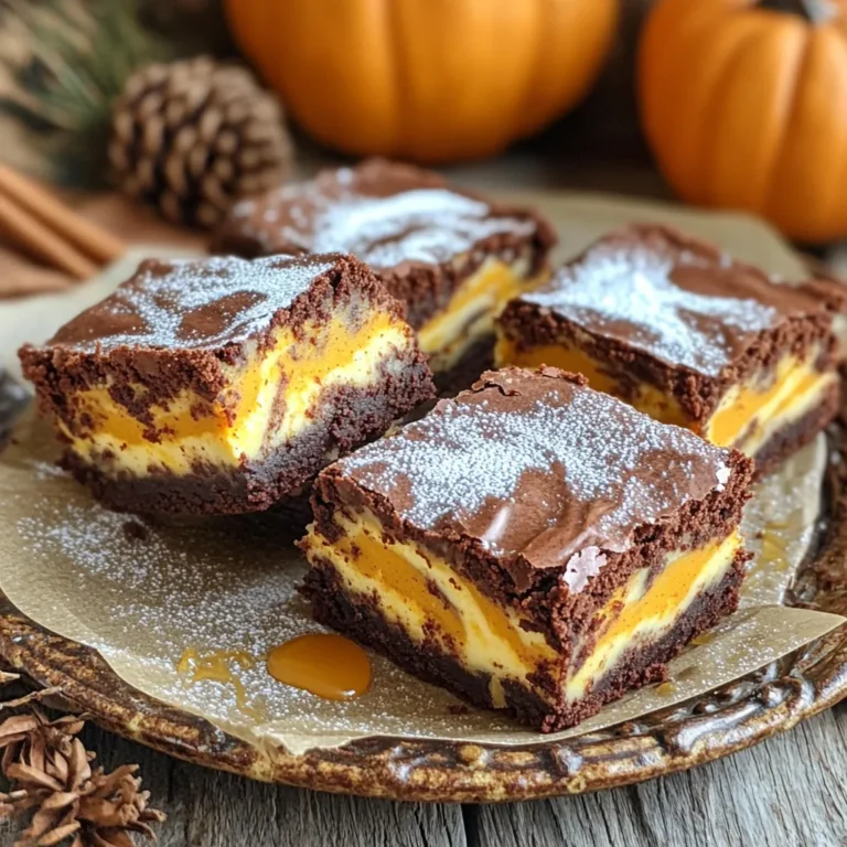 - 1 cup unsalted butter, melted - 2 cups granulated sugar - 4 large eggs - 1 teaspoon vanilla extract - 1 cup all-purpose flour - 1 cup cocoa powder - 1/2 teaspoon baking powder - 1/4 teaspoon salt - 1 cup pumpkin puree - 1 teaspoon pumpkin pie spice - 8 ounces cream cheese, softened - 1/2 cup powdered sugar If you need to make swaps, here are some ideas: - Use coconut oil instead of butter for dairy-free brownies. - Replace granulated sugar with coconut sugar for a lower glycemic option. - Choose gluten-free flour to make the brownies gluten-free. - Swap cream cheese with a vegan cream cheese for a dairy-free cheesecake layer. When you shop for ingredients, look for high-quality products: - Choose unsalted butter for better control over salt content. - Use pure vanilla extract for the best flavor. - Opt for 100% pumpkin puree, not pumpkin pie filling, for a fresher taste. - Buy cream cheese that is fresh and rich for a smooth texture. - Look for cocoa powder that is Dutch-processed for deeper flavor. These choices will enhance the taste of your Pumpkin Cheesecake Swirl Brownies. Happy baking! Start by preheating your oven to 350°F (175°C). This temperature helps the brownies bake evenly. While the oven warms up, grease a 9x13 inch baking dish. You can use butter or cooking spray. This step keeps the brownies from sticking. In a large bowl, mix 1 cup of melted unsalted butter with 2 cups of granulated sugar. Stir until it’s smooth. Then, add 4 large eggs one by one. Mix well after each egg. Next, pour in 1 teaspoon of vanilla extract and stir again. In a separate bowl, sift together 1 cup of all-purpose flour, 1 cup of cocoa powder, 1/2 teaspoon of baking powder, and 1/4 teaspoon of salt. Gradually add this dry mix to the wet mix. Stir gently until just combined. Be careful not to overmix. In another bowl, beat 8 ounces of softened cream cheese with 1/2 cup of powdered sugar. Mix until smooth. Then, add 1 cup of pumpkin puree and 1 teaspoon of pumpkin pie spice. Blend until fully combined. This mixture should be creamy and flavorful. Pour half of the brownie batter into the greased baking dish. Spread it out evenly. Next, spoon the pumpkin cheesecake mixture on top. Use a spatula to spread it gently. After that, dollop the remaining brownie batter on top. To create the swirl, take a knife and gently swirl through the two layers. Make a marbled effect by moving the knife in a figure-eight motion. Don’t overdo it; you want to see both layers. Place the dish in the preheated oven. Bake for 30 to 35 minutes. To check for doneness, insert a toothpick into the center. If it comes out clean, your brownies are ready. Once baked, take them out and let them cool in the pan on a wire rack. After they cool, slice the brownies into squares. Enjoy the sweet blend of pumpkin and chocolate! To get that perfect swirl, use a knife or a toothpick. After layering the brownie and pumpkin cheesecake mixtures, gently run your knife through both layers. Make sure to create a figure-eight motion. This helps blend the flavors without mixing them too much. You want a marbled look, not a full blend. Ovens can vary, so keep an eye on baking times. Bake at 350°F (175°C) for 30-35 minutes. To check if they are done, insert a toothpick into the center. If it comes out clean, they are ready. If it has wet batter, give them a few more minutes. Let them cool in the pan for a better texture. When serving, place the brownies on a nice plate. Dust with powdered sugar for a sweet touch. A drizzle of caramel sauce adds extra flavor. For a final touch, sprinkle some cinnamon on top. This not only looks great but also enhances the pumpkin spice flavor. Enjoy your delicious brownies! {{image_2}} You can easily make gluten-free brownies. Just swap the all-purpose flour for a gluten-free blend. Look for a blend that works well in baking. This option keeps the texture nice and fudgy. Check the labels to ensure there are no hidden gluten ingredients. For extra crunch, consider adding nuts or chocolate chips. Walnuts or pecans work well in this recipe. Just fold in about half a cup into the brownie batter. You can also add chocolate chips for extra sweetness. This adds layers of flavor and texture. Want a healthier treat? Try using alternative sweeteners. You can substitute granulated sugar with coconut sugar or maple syrup. Adjust the amounts to maintain the right texture. This switch can cut down on refined sugar while still tasting great. Always taste as you go to find the perfect balance. Store your pumpkin cheesecake swirl brownies in an airtight container. Keep them at room temperature for up to three days. If you want to keep them longer, put them in the fridge. Just remember to wrap them well. This helps keep them moist and fresh. You can freeze these brownies for longer storage. First, let them cool completely. Cut them into squares, then wrap each piece in plastic wrap. Place the wrapped brownies in a freezer bag. They can stay in the freezer for up to three months. To thaw, just take them out and leave them at room temperature for a couple of hours. You can also warm them in the microwave for a few seconds. These brownies last about three days at room temperature and about a week in the fridge. Look for signs of spoilage like mold or a dry texture. If they smell off or look unusual, it’s best to toss them. Enjoy your brownies while they are fresh for the best taste! Yes, you can use ricotta or mascarpone cheese instead of cream cheese. Both will give a nice texture. Ricotta adds a light flavor, while mascarpone brings a rich taste. Just keep the amount the same, around eight ounces. To get fudgy brownies, use melted butter and don’t overmix the batter. Mix until just combined. Bake until a toothpick comes out with a few moist crumbs. This keeps them soft and chewy. Absolutely! Chocolate frosting adds extra sweetness. Just let the brownies cool first. Then, spread a layer of frosting over the top for a rich finish. You can also add chocolate chips for more texture. Use a sharp knife for clean cuts. Wetting the knife with hot water helps too. Wipe it clean between cuts. This prevents sticky edges and gives you neat squares. Yes, you can make them a day ahead. Just store them in an airtight container. They taste great the next day as the flavors meld. You can also freeze them for later use. Just thaw before serving. This blog post covered how to make tasty Pumpkin Cheesecake Swirl Brownies. We discussed key ingredients, helpful tips, and easy steps to get perfect results. You learned about variations to suit different diets and how to store these brownies well. In the end, these brownies mix rich flavor and smooth texture. Try them out for a fun treat! Enjoy baking and sharing with friends and family!