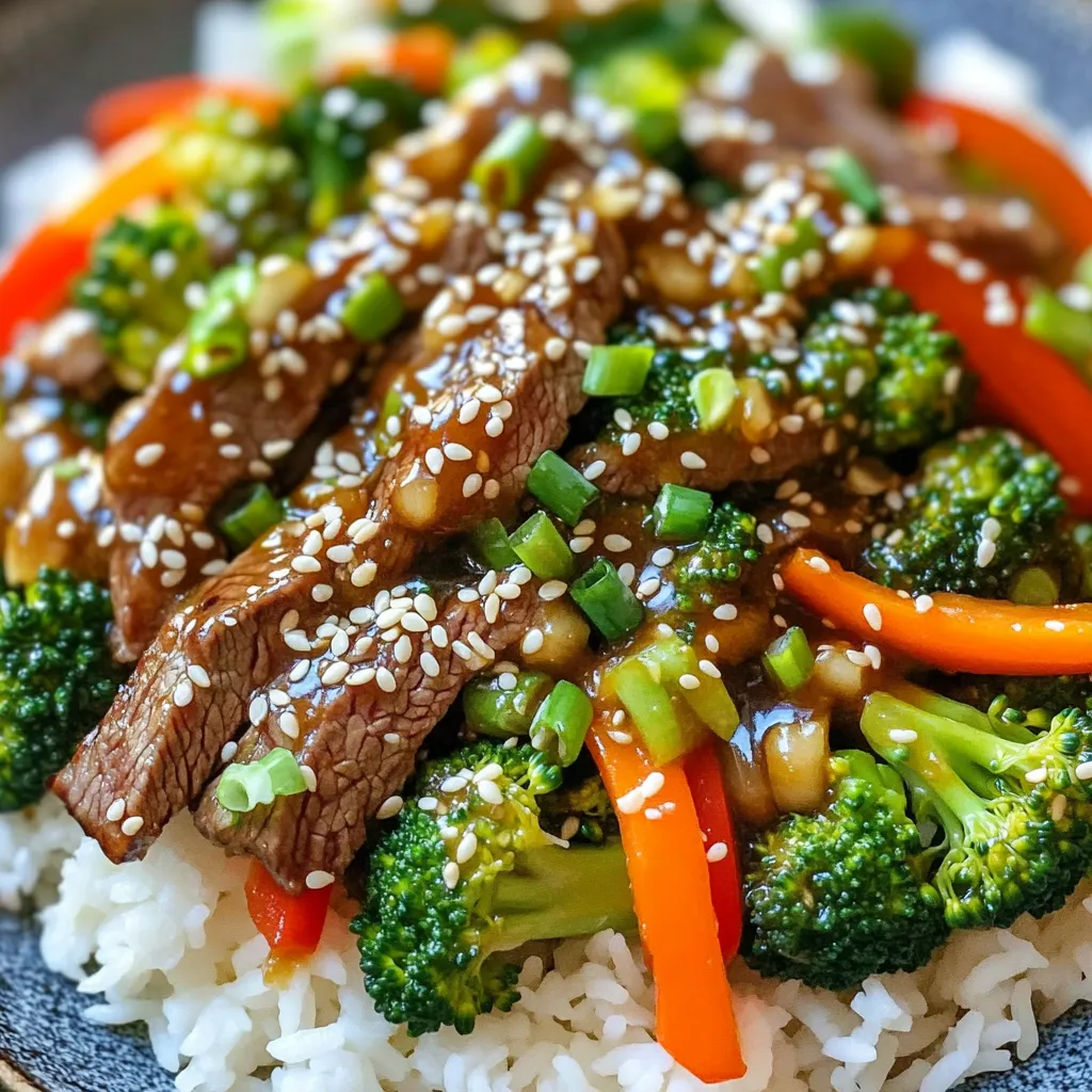 - 1 lb flank steak - Vegetables: bell pepper, broccoli, carrot - Sauce Ingredients: soy sauce, honey, rice vinegar, cornstarch The main ingredients in this stir-fry are simple yet flavorful. Start with 1 lb of flank steak. This cut is tender and works well in stir-fry. Slice it thin against the grain for the best texture. Next, choose vibrant vegetables. A bell pepper adds crunch and color. Broccoli florets bring nutrients and a nice bite. Finally, add a julienned carrot for sweetness and crunch. These veggies will cook quickly and stay crisp. For the sauce, use low-sodium soy sauce. It gives flavor without too much salt. Honey adds a touch of sweetness. Rice vinegar gives a hint of tang. Lastly, mix cornstarch with water to thicken the sauce. This will help coat the beef and veggies nicely. - Sesame seeds - Chopped green onions Garnishes can elevate your dish. Sprinkle sesame seeds over the stir-fry for a nutty flavor and crunch. Chopped green onions add freshness and color. Both make your meal look as good as it tastes. - Cooked jasmine rice - Noodles Serve your stir-fry over cooked jasmine rice or noodles. Jasmine rice is fluffy and fragrant, pairing well with the beef. Noodles, on the other hand, soak up the sauce beautifully. Choose whichever you prefer for a satisfying meal. First, take your flank steak and slice it thinly against the grain. This helps make the beef tender. Place the beef in a medium bowl. Next, add 2 tablespoons of sesame oil, 2 cloves of minced garlic, and 1 tablespoon of minced ginger. Mix well to coat the beef. I recommend letting it marinate for at least 15 minutes. This step adds flavor and makes the beef juicier. Heat a large skillet or wok over medium-high heat. Add 1 tablespoon of sesame oil once it’s hot. Now, add the marinated beef to the skillet in a single layer. This is key! Cooking in a single layer ensures even cooking. Sear the beef for about 1-2 minutes on each side. It should be browned but not fully cooked. Remove the beef from the skillet and set it aside for now. In the same skillet, toss in your sliced bell pepper, broccoli florets, and julienned carrots. Stir-fry these vegetables for about 3-4 minutes. You want them to be tender-crisp, meaning they should still have a slight crunch. This keeps their bright colors and nutrients intact. While the veggies are cooking, let’s make the sauce. In a small bowl, mix together 1/4 cup of low-sodium soy sauce, 2 tablespoons of honey, 1 tablespoon of rice vinegar, and 2 teaspoons of cornstarch mixed with 2 tablespoons of water. Stir well until smooth. This mixture will thicken up nicely when added to the stir-fry. Now it’s time to bring it all together! Return the seared beef to the skillet with the cooked vegetables. Pour the sauce over the mixture and stir well. Cook everything together for an additional 2-3 minutes. This allows the beef to finish cooking and the sauce to thicken. Once done, your stir-fry is ready to be served hot! Enjoy it over a bed of jasmine rice or noodles for a delightful meal. To get that restaurant taste, you need high heat. A hot skillet helps sear the beef quickly, locking in juices. This creates a great crust and rich flavor. - Use a wok or large skillet for best results. - Don't crowd the pan. Cook the beef in one layer. This technique allows for even cooking and flavor. To get your beef just right, adjust cooking times. For medium-rare, cook for about 2 minutes per side. If you prefer it well-done, add a minute or two. For vegetables, aim for a tender-crisp texture. Stir-fry them for about 3-4 minutes. - Broccoli should be bright green. - Carrots should maintain some crunch. Serve your stir-fry with jasmine rice or noodles. Both options soak up the sauce well. Pair it with a light beverage, like green tea or a crisp white wine. These drinks balance the flavors nicely. - For a fun twist, try a fruity soda. - Fresh fruit can also make a nice side. {{image_2}} You can easily swap the flank steak for chicken or tofu. If you use chicken, cut it into thin strips. For tofu, press it to remove water, then cube it. Each protein has its cooking time. Chicken cooks faster; it needs about 4-5 minutes until fully done. Tofu should be cooked until golden brown, which takes about 6-7 minutes. Adjust your timing to get it just right. Get creative with your veggies! You can mix and match based on what’s in season. Try snap peas, bok choy, or zucchini for a fresh twist. Adding more greens? Spinach or kale works well. Just toss them in during the last minute of cooking. This way, they stay bright and crunchy. Want to add a kick? Toss in some chili flakes for heat. Just a pinch can elevate the dish. You can also try different sauces. Teriyaki or hoisin sauce can bring a sweet note. Experiment to find your favorite flavor. Each choice can change the dish in fun ways. To keep your sesame ginger beef stir-fry fresh, store leftovers in an airtight container. This helps keep moisture in while avoiding smells from other foods. You should eat the leftovers within 3 to 4 days for the best taste and safety. When reheating stir-fry, use a pan or skillet over medium heat. This method warms the dish evenly. Avoid the microwave if you can, as it often makes vegetables soggy. Stir occasionally to keep everything hot but still crisp. To freeze your stir-fry, let it cool completely first. Place it in a freezer-safe container or bag. Make sure to remove as much air as possible to prevent freezer burn. It will last up to 3 months. When ready to eat, thaw it overnight in the fridge before reheating. This keeps the texture and flavor intact. You can add more spices and sauces to boost flavor. Try adding: - Red pepper flakes for heat - A splash of lime juice for brightness - A teaspoon of hoisin sauce for sweetness - Fresh herbs like cilantro for freshness Mix these in when cooking the beef or vegetables. Experiment to find what you enjoy most! Yes, you can use other cuts of beef. Here are some options: - Sirloin: Tender and flavorful, great for stir-fry. - Ribeye: Rich and juicy, adds a nice taste. - Round steak: Leaner, may need marination for tenderness. Each cut changes the taste and texture, so choose what you like best. This recipe can be made gluten-free. Use these alternatives: - Tamari instead of soy sauce - Coconut aminos as a soy sauce substitute Both options give great flavor without gluten. Check labels to ensure they meet your needs. Yes, you can prep this meal ahead. Here are some tips: - Marinate the beef the night before for deeper flavor. - Chop vegetables in advance and store in the fridge. - Cook the stir-fry and let it cool before storing. You can keep it in the fridge for up to three days. Reheat before serving for the best taste! This blog post covered making a flavorful stir-fry with flank steak and fresh veggies. You learned about key ingredients, marinating beef, and cooking methods. I shared tips to enhance flavor and customize your dish to your taste. Remember, stir-frying is about high heat and quick cooking. Enjoy this dish with rice or noodles for a satisfying meal. Don’t hesitate to experiment with proteins and vegetables. Happy cooking!