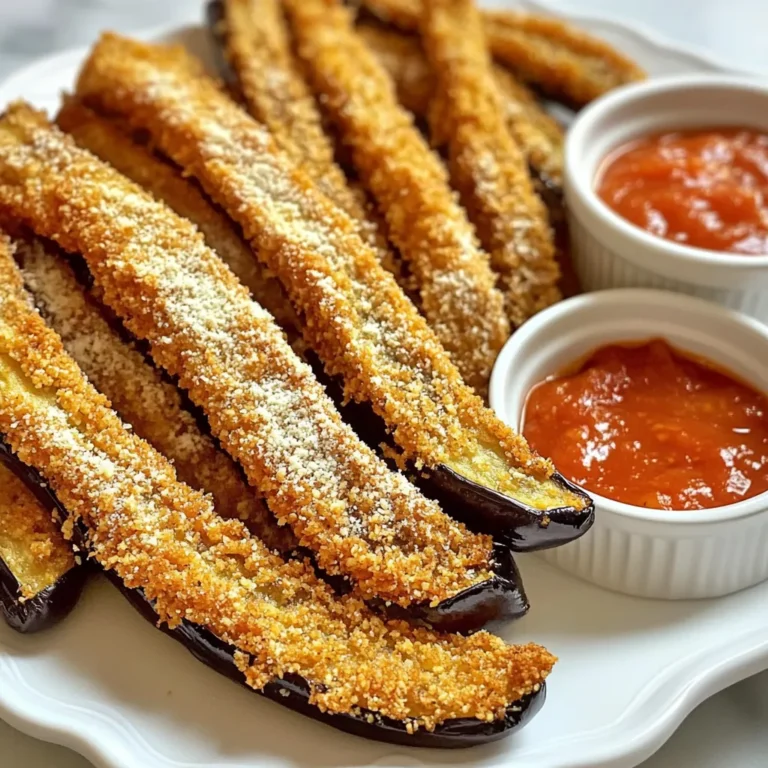 - 1 large eggplant, cut into fry-like shapes - 1 cup all-purpose flour - 2 large eggs, beaten - 1 cup breadcrumbs (preferably panko for extra crunch) - 1/2 cup grated Parmesan cheese - 1 teaspoon garlic powder - 1 teaspoon onion powder - 1 teaspoon dried oregano - Salt and pepper, to taste - Olive oil spray or 2 tablespoons olive oil For the best results, I recommend using: - Eggplant: Look for firm, shiny eggplants with smooth skin. - Panko Breadcrumbs: Try Kikkoman or Progresso for extra crunch. - Parmesan Cheese: Grate your own from a block for the best flavor. - Olive Oil: Choose a high-quality extra virgin olive oil for a rich taste. Each serving of Parmesan eggplant fries contains: - Calories: Approximately 220 - Fat: 10g - Carbohydrates: 27g - Protein: 7g - Fiber: 6g This snack offers a tasty way to enjoy more vegetables while keeping it light. Start by washing the eggplant. Then, cut it into fry-like shapes. Make sure the pieces are uniform for even cooking. This helps them cook nicely and get crispy. Sprinkle salt on the eggplant fries. Let them sit for about 10 minutes. This draws out excess moisture and bitterness. After 10 minutes, rinse the fries and pat them dry with a towel. Set up your breading station. First, place the flour in one shallow bowl. In a second bowl, beat the two eggs. In a third bowl, mix breadcrumbs, Parmesan, garlic powder, onion powder, oregano, salt, and pepper. Take each eggplant fry and coat it with flour. Shake off any extra flour. Next, dip it into the beaten eggs, letting the excess drip off. Finally, coat the fry with the breadcrumb mixture. Press lightly to ensure the crumbs stick well. Preheat your oven to 425°F (220°C). Line a baking sheet with parchment paper. Arrange the breaded fries on the sheet. If you want a healthier option, spray them lightly with olive oil. You can also drizzle olive oil over them. Bake the fries for 25-30 minutes. Turn them halfway through for even crispiness. They are done when golden brown and crispy. Once baked, let them cool slightly before serving. To make your Parmesan eggplant fries super crispy, start with dry eggplant. Salt the eggplant slices first. Let them sit for about 30 minutes. This draws out moisture and makes them crispier. Afterward, rinse and pat dry. Use panko breadcrumbs for extra crunch. They create a light and crispy coating. When baking, space the fries well on the sheet. This allows hot air to circulate. Many people skip salting the eggplant. This mistake leads to soggy fries. Don't rush the breading process. Dredging in flour first helps the egg stick. If you skip this, the coating may fall off. Also, avoid overcrowding the baking sheet. If fries touch, they steam instead of bake. Lastly, don’t skip turning them halfway through cooking. This ensures even crispiness on all sides. Set up your breading station before you start. This keeps things neat and organized. Use three shallow bowls: one for flour, one for eggs, and one for the breadcrumb mix. Coat each fry completely. Press firmly into the breadcrumbs to help them stick. You can also add spices to the breadcrumb mix for extra flavor. Finally, lightly spray the fries with olive oil. This helps achieve that golden-brown finish. {{image_2}} To make a vegan version of Parmesan eggplant fries, swap the eggs for a plant-based alternative. You can use unsweetened almond milk mixed with a tablespoon of ground flaxseed. This mix works great as a binder. Also, replace the Parmesan cheese with nutritional yeast. It adds a cheesy flavor without dairy. If you love a kick, add some heat! Mix cayenne pepper or crushed red pepper flakes into the breadcrumb mixture. You can adjust the spice level to your taste. This variation gives your fries a nice zing and complements the eggplant well. You can also experiment with different cheese types. Try using Pecorino Romano or Grana Padano for a twist. Both options provide a rich taste. For a dairy-free choice, look for vegan cheeses that melt well. They can give you a similar texture and flavor, making your eggplant fries enjoyable for everyone. After you enjoy your Parmesan eggplant fries, let them cool. Place any leftovers in an airtight container. Keep them in the fridge if you plan to eat them within a few days. They taste best when fresh, but you can store them for up to three days. To reheat the fries, set your oven to 375°F (190°C). Spread the fries on a baking sheet. Bake them for about 10-15 minutes. This helps return their crispiness. You can also use a toaster oven for a quicker option. If you prefer, you can microwave them, but they may not be as crispy. If you want to save fries for later, freezing is a great option. First, let the fries cool completely. Then, spread them out on a baking sheet. Freeze them for about an hour. Once frozen, transfer them to a freezer-safe bag. They can last up to three months. When ready to eat, bake them straight from the freezer, adding a few extra minutes to the cooking time. Yes, you can make Parmesan eggplant fries in an air fryer. The air fryer cooks food by circulating hot air. This gives the fries a crispy texture without needing much oil. Set your air fryer to 375°F (190°C). Cook the fries in a single layer for about 15 to 20 minutes. Shake the basket halfway through for even cooking. Keep an eye on them to avoid burning. You can tell when the fries are done by their color and texture. Look for a golden brown hue and a crispy surface. If you gently press on a fry, it should feel firm. A good tip is to turn them halfway through baking. This helps them cook evenly. If you want them extra crispy, bake a few minutes longer, but watch closely. Eggplant fries taste great with many dipping sauces. Here are some popular choices: - Marinara sauce for a classic touch. - Tzatziki for a cool, refreshing dip. - Garlic aioli for a rich flavor. - Spicy mayo for those who like heat. Try different sauces to find your favorite pairing! This blog post covered how to make tasty eggplant fries. You learned about ingredients, cooking steps, and tips for crispiness. We explored variations, storage, and answered common questions. Remember, using the right brands matters. Avoiding mistakes leads to better fries. Enjoy experimenting with flavors and toppings. Happy cooking!